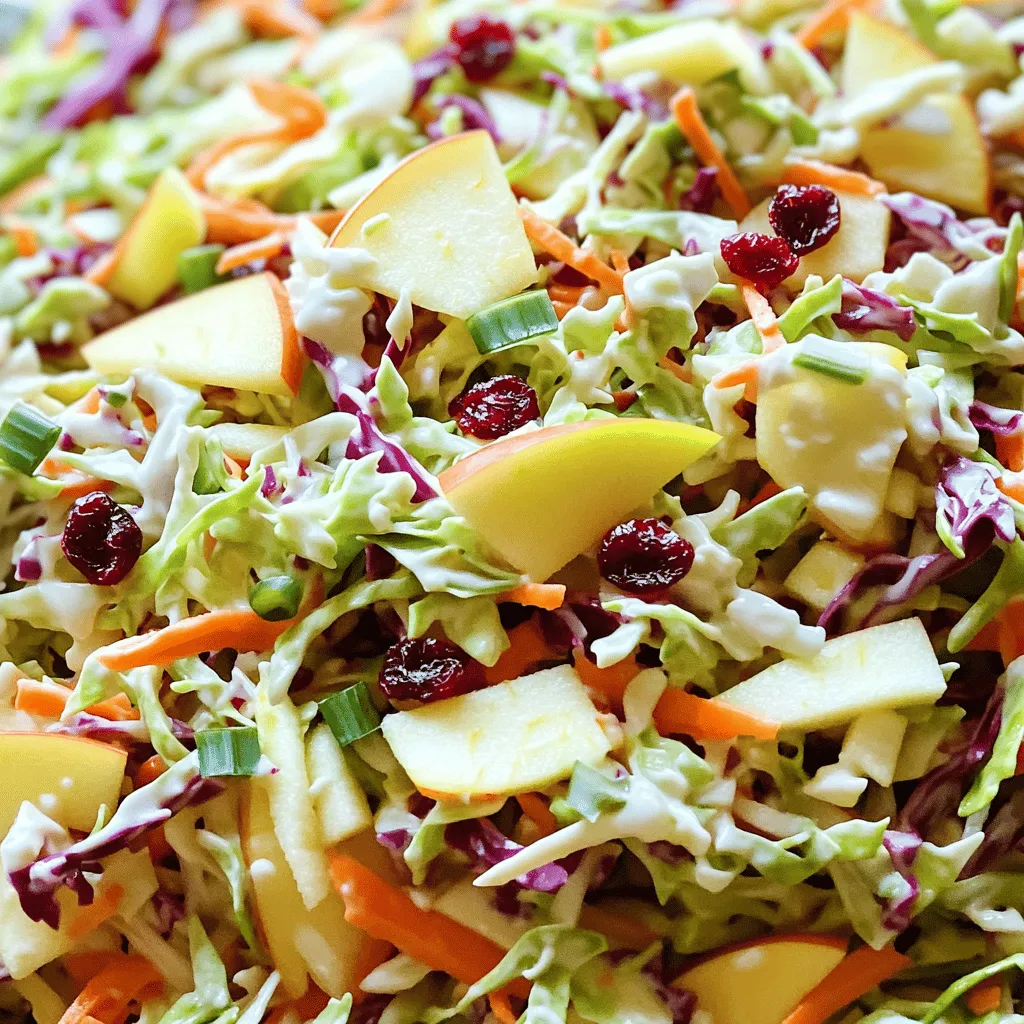 - 4 cups green cabbage, finely shredded - 1 cup red cabbage, finely shredded - 1 large apple, cored and thinly sliced (preferably Fuji or Gala) - 1/2 cup dried cranberries - 1/2 cup shredded carrots - 1/4 cup green onions, thinly sliced - 1/2 cup plain Greek yogurt - 2 tablespoons apple cider vinegar - 1 tablespoon honey or maple syrup - Salt and black pepper to taste This recipe serves six people. If you want more, simply double the amounts. For a smaller batch, cut the ingredients in half. Adjust the dressing based on the size of your coleslaw. Remember, fresh ingredients make a big difference in taste. You can also mix in other vegetables or fruits if you like. For the best flavor, serve it cold after letting it chill for at least 30 minutes. Try the full recipe for a delightful dish that adds a fresh crunch to your table! To start, gather your ingredients. You need to shred the cabbage and carrots. I prefer using a box grater for this task. It makes nice, even shreds. Aim for fine shreds. You want them to mix well in the salad. Next, slice your apple. A sweet apple like Fuji or Gala works best. Remove the core first. Then cut the apple into thin slices. After slicing, you can chop them into smaller bits if you like. Don’t forget to slice the green onions. Just chop them into small pieces. They add a nice flavor to your coleslaw. Now, let’s combine the vegetables and fruits. In a large mixing bowl, add your shredded green and red cabbage. Toss in the sliced apple, dried cranberries, shredded carrots, and chopped green onions. Mix everything well. This step is important for even flavor. Next, we will prepare the dressing. In a separate small bowl, whisk together the Greek yogurt, apple cider vinegar, and honey. If you want a vegan option, use maple syrup instead of honey. Blend until smooth. It’s time to toss the mixture. Pour the dressing over the cabbage mixture. Stir gently to coat everything evenly. This helps each bite be packed with flavor. Now, season with salt and black pepper to taste. Adjust it to your liking. After mixing, cover the bowl with plastic wrap. Refrigerate for at least 30 minutes. This lets the flavors blend and helps the coleslaw chill. Enjoy your fresh and crunchy cranberry apple coleslaw! You can find the full recipe by following the link. Choosing the best apples When picking apples, I recommend using sweet varieties. Fuji and Gala apples work great. Their sweetness balances the tangy flavors in the coleslaw. Look for firm apples without bruises. Fresh apples give the best crunch. Types of cabbage to use For coleslaw, I prefer a mix of green and red cabbage. Green cabbage adds a mild taste and crunch. Red cabbage brings vibrant color and a slightly peppery flavor. Shred both finely for the best texture. Adding nuts or seeds To add a crunch, consider nuts or seeds. Chopped walnuts or sliced almonds enhance the flavor. Sunflower seeds are also a tasty option. They add healthy fats and a bit of texture. Mixing in additional fruits You can boost flavor by adding more fruits. Try diced pears or sliced grapes. These fruits add sweetness and juiciness to your coleslaw. Experiment with what you like best. Pairing with main dishes Cranberry apple coleslaw pairs well with many dishes. It complements grilled chicken, pork, or fish nicely. Serve it alongside sandwiches for a fresh side. The crunch balances heavier meals. Presentation ideas For a beautiful presentation, serve the coleslaw in a clear bowl. This showcases the colorful layers. You can also garnish with extra green onions or nuts on top. This adds a nice touch to your dish. If you want the full recipe, check the earlier sections! {{image_2}} You can easily make this coleslaw vegan. Just swap regular yogurt for plant-based yogurt. This keeps the creamy texture while making it dairy-free. For sweetness, try maple syrup instead of honey. This change maintains the flavor while keeping it vegan-friendly. To add depth, consider spices like cinnamon. A sprinkle can offer a warm touch. You might also add zest from an orange or lemon. This brightens the flavors and adds a fresh twist. Mixing these elements can take your coleslaw to the next level. Want to make it heartier? Add some protein like shredded chicken. This makes the coleslaw a main dish. For a delightful crunch, toss in some nuts, such as sliced almonds or walnuts. These additions not only boost flavor but also add texture. You can find the full recipe above for all the details. To keep your cranberry apple coleslaw fresh, store it in the fridge. Use a tight container to seal it well. This helps keep moisture in and prevents it from wilting. You can use glass or plastic containers. Make sure they are clean and dry before adding the coleslaw. This will help keep your salad crisp and tasty for longer. You can freeze cranberry apple coleslaw, but it may change in texture. If you want to freeze it, leave out the dressing. Pack the coleslaw in a freezer-safe bag or container. Squeeze out excess air to prevent freezer burn. When ready to enjoy, thaw in the fridge overnight. Once thawed, stir in fresh dressing before serving for the best taste. Cranberry apple coleslaw stays fresh for about 3 to 5 days in the refrigerator. You’ll know it’s still good if it looks bright and crunchy. Watch for any signs of spoilage, like a slimy texture or a sour smell. If you see these signs, it’s best to toss it out. Enjoy your coleslaw while it’s fresh for the best flavor! To make cranberry apple coleslaw, start with these key steps: - Shred 4 cups of green cabbage and 1 cup of red cabbage. - Core and thinly slice 1 large sweet apple, like Fuji or Gala. - In a big bowl, mix the shredded cabbage with the apple, 1/2 cup of dried cranberries, 1/2 cup of shredded carrots, and 1/4 cup of sliced green onions. - In another bowl, whisk together 1/2 cup of Greek yogurt, 2 tablespoons of apple cider vinegar, and 1 tablespoon of honey (or maple syrup). - Pour this dressing over the cabbage mixture and stir well. - Season with salt and black pepper, then chill for 30 minutes before serving. Yes, you can make cranberry apple coleslaw ahead of time. Here are the best practices: - Prepare the coleslaw up to a day in advance. - Keep the dressing separate until you're ready to serve. This helps keep the cabbage crunchy. - Store the mixture in an airtight container in the fridge. If you need alternatives for Greek yogurt, consider these options: - Use regular plain yogurt if you want similar texture. - Try plant-based yogurt for a vegan choice. - Silken tofu blended until smooth can work too. - Use sour cream or buttermilk for a different flavor. Cranberry apple coleslaw is not spicy at all. You can adjust the heat level by: - Adding a pinch of cayenne pepper for a mild kick. - Mixing in sliced jalapeños for more heat. - Leaving out spicy elements if you prefer a cooler taste. Cranberry apple coleslaw pairs well with many dishes. Here are some ideas: - Serve it alongside grilled chicken or fish. - It makes a great topping for pulled pork sandwiches. - Use it as a side dish for barbecues or picnics. - Pair it with tacos for a fresh crunch. For the full recipe, check out the details above. Enjoy your cooking adventure! This blog post covered the basics of making cranberry apple coleslaw. We explored fresh ingredients like cabbage, apples, and cranberries. You learned how to prepare the dressing and mix everything together. I shared tips on selecting ingredients, adding flavors, and serving suggestions. For final thoughts, making this dish is simple and enjoyable. You can adjust it to suit your taste. Whether for a meal or a snack, this coleslaw brings fresh flavors to your table. Enjoy crafting your own version!