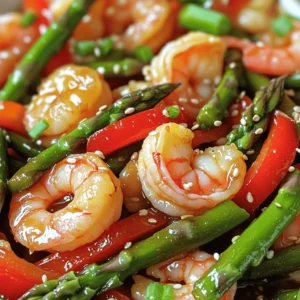 - 1 pound large shrimp, peeled and deveined - 1 bunch of asparagus, trimmed and cut into 2-inch pieces - 2 tablespoons vegetable oil - 4 cloves garlic, minced - 1 inch ginger, minced - 3 tablespoons soy sauce (or tamari for gluten-free) - 2 tablespoons honey - 1 tablespoon sesame oil When making this dish, I focus on fresh ingredients. Fresh shrimp adds a sweet, briny flavor. Asparagus gives a nice crunch and bright color. The combination of garlic and ginger creates a lovely aroma. For the sauce, soy sauce brings depth. Honey adds sweetness, balancing the salt. Sesame oil gives a nutty taste and aroma. These flavors meld together perfectly in the stir-fry. I always recommend measuring your ingredients before starting. This way, you can focus on cooking. Having everything ready makes the process smooth. You can find the full recipe at the end. To start, you need to prepare the shrimp and vegetables. Here’s how: - First, peel and devein 1 pound of large shrimp. - Trim and cut 1 bunch of asparagus into 2-inch pieces. - Slice 1 red bell pepper for color and taste. Organizing your ingredients makes cooking easy. Lay everything out before you start. This will save you time and make the process smooth. I like to keep my shrimp, veggies, and sauces in separate bowls. This way, I can grab them quickly as I cook. Now let’s dive into the cooking. First, heat 1 tablespoon of vegetable oil in a large skillet or wok over medium-high heat. Next, add the shrimp. Season with salt and pepper. Stir-fry for 2 to 3 minutes until the shrimp turn pink and opaque. Once done, remove them from the skillet. In the same skillet, add 1 more tablespoon of vegetable oil. Toss in 4 cloves of minced garlic and 1 inch of minced ginger. Stir for about 30 seconds until it smells great. Then, add the asparagus and red bell pepper. Stir-fry for 4 to 5 minutes until they are tender yet crisp. Now, it’s time to return the shrimp to the skillet. In a small bowl, mix together 3 tablespoons of soy sauce, 2 tablespoons of honey, and 1 tablespoon of sesame oil. Pour this over the shrimp and vegetables. Finally, add 1 teaspoon of cornstarch mixed with 1 tablespoon of water to thicken the sauce. Stir everything well for another 1 to 2 minutes. This will give your dish a nice glossy finish. Creating the sauce adds flavor. Use the soy sauce, honey, and sesame oil mix. This combination gives a sweet and savory taste that pairs well with shrimp and asparagus. For seasoning, taste your dish as you cook. Adjust with salt and pepper as needed. You want the flavors to pop without being too strong. To finish, garnish with sesame seeds and chopped green onions. They add a nice crunch and bright color to your dish. Serve hot and enjoy this savory shrimp and asparagus stir-fry! You can find the Full Recipe above for more details. For the best shrimp and asparagus stir-fry, use high heat. This keeps the shrimp juicy and the asparagus crisp. - Use a hot skillet: Heat your skillet or wok before adding oil. - Don't crowd the pan: Stir-fry in batches if needed. This helps cook evenly. - Cook shrimp quickly: Shrimp cook fast. They turn pink and opaque in just 2-3 minutes. Common mistakes can ruin your dish. Here are some to avoid: - Overcooking shrimp: Watch closely! Overcooked shrimp become rubbery. - Not prepping ingredients: Have all your ingredients ready. Stir-frying goes fast. Want to make your dish pop? Here are some ideas: - Add spices: A pinch of red pepper flakes gives heat. - Try citrus: Squeeze a bit of lime or lemon juice on top. - Fresh herbs: Chopped cilantro or basil can add freshness. Marinating shrimp can boost flavor too. Try this simple mix: - Soy sauce: Use about 1 tablespoon. - Garlic: Add 1 minced clove. - Ginger: Include a ½ teaspoon of minced ginger. - Honey: A teaspoon adds sweetness. Let shrimp marinate for about 15 minutes before cooking. A beautiful dish makes meals special. Here’s how to garnish: - Use sesame seeds: Sprinkle them on top for a nice crunch. - Chopped green onions: Add bright color and flavor. To serve, place stir-fry on a plate, then top with garnishes. Pair with white rice or noodles to round out the meal. Enjoy your gourmet dish at home! For the full recipe, check out the details above. {{image_2}} You can switch shrimp for other proteins. Chicken works well; just cut it into small pieces. Tofu is another great option for a vegetarian meal. It soaks up flavors nicely. For vegetables, consider adding bell peppers, broccoli, or snap peas. They add color and crunch. You can mix and match based on what you like. To make the dish gluten-free, use tamari instead of soy sauce. This keeps the flavor strong without gluten. For a dairy-free option, you’re already in good shape. This recipe has no dairy. If you want a vegetarian dish, use tofu and more veggies. You can keep the same sauce for great taste. You can also use veggie broth instead of soy sauce for a lighter flavor. To keep your shrimp and asparagus stir-fry fresh, place it in an airtight container. Let it cool down to room temperature first. You can refrigerate it for up to three days. If you want to store it longer, freeze it. Use a freezer bag, removing as much air as possible. This will help prevent freezer burn. For best results, eat the frozen stir-fry within three months. When you’re ready to enjoy leftovers, reheat gently. The best way is to use a skillet. Heat some oil over medium heat, then add the stir-fry. Stir it often until hot. This keeps the shrimp and veggies from getting soggy. You can also use a microwave. Place the stir-fry in a microwave-safe dish, cover it, and heat in short bursts. Stir in between to warm it evenly. You can store shrimp and asparagus stir-fry for three days in the fridge. If frozen, it lasts about three months. Look for signs of spoilage, like a sour smell or a change in color. If it smells off or looks slimy, it’s best to throw it away. Always trust your senses when it comes to food safety. How to tell when shrimp is fully cooked? You can tell shrimp is done when it turns pink and opaque. Cook it for 2-3 minutes on each side. If it curls into a C shape, it’s perfect! Overcooked shrimp becomes tough and rubbery, so watch closely. Can I make shrimp and asparagus stir-fry ahead of time? Yes, you can prepare this dish ahead. Cook the shrimp and veggies, then store in the fridge for up to three days. Reheat it in a pan over low heat. Just be careful not to overcook the shrimp again. What are the health benefits of shrimp and asparagus? Shrimp is high in protein and low in calories. It also has omega-3 fatty acids, which are great for your heart. Asparagus is rich in vitamins A, C, and K. It also has fiber, which helps digestion. Together, they make a healthy meal! Is this dish low in calories? Yes, shrimp and asparagus stir-fry is low in calories. One serving has about 200-300 calories. This makes it a tasty option for a light dinner or lunch without feeling guilty. What can I use instead of honey? If you want a substitute for honey, try maple syrup or agave syrup. Both add sweetness without changing the flavor too much. You can even use brown sugar mixed with a little water. Can I skip the sesame oil? Yes, you can skip sesame oil if you don’t have it. Use more vegetable oil instead. You might miss the nutty flavor, but the dish will still taste great! In this blog post, I covered how to make a tasty shrimp and asparagus stir-fry. You learned about the essential ingredients, including shrimp, asparagus, and flavorful aromatics. I also provided detailed steps for preparation and cooking. With useful tips and storage info, you can make this dish shine. Remember, cooking is fun. Don’t hesitate to try variations and make it your own! Enjoy your meal!