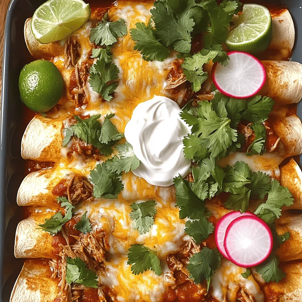 To make tasty birria enchiladas, gather these key items: - 2 cups cooked birria meat (beef or goat), shredded - 8 medium corn tortillas - 1 cup birria broth - 1 cup shredded mozzarella or queso Oaxaca cheese - 1 medium onion, finely chopped - 1 cup fresh cilantro, chopped - 1/2 cup sour cream or Mexican crema - 1 tablespoon olive oil - Salt and pepper to taste - Slices of radish and lime wedges for garnish These ingredients bring rich flavors to the dish. The birria meat is the star here, and it adds depth and warmth. You can make your birria enchiladas more special with these toppings: - Avocado slices - Diced green onions - Pickled jalapeños - Extra cheese Feel free to mix and match. Adding these can give your dish a fresh twist and more color. Pair your birria enchiladas with these sides for a complete meal: - Mexican rice - Refried beans - A light salad with lime dressing These sides complement the enchiladas well. They also help balance the rich flavors, making your meal even more satisfying. For the full recipe, check out the link to make your cooking experience smooth and enjoyable! To start, gather your tools and ingredients. You will need a large skillet, a baking dish, and a mixing bowl. Make sure your oven is preheated to 350°F (175°C). This step sets you up for success. 1. In your skillet, heat 1 tablespoon of olive oil over medium heat. Add the finely chopped onion. Sauté it for about 3-4 minutes until it turns soft and clear. 2. In a bowl, combine 2 cups of shredded birria meat with salt and pepper to taste. Mix well to ensure every bite is flavorful. 3. Now, take each of the 8 corn tortillas and dip them in the warm birria broth. This softens the tortillas and adds flavor. 4. Place a good amount of the seasoned birria meat in each tortilla. Add a sprinkle of cheese and some chopped cilantro. 5. Roll each tortilla tightly and place them seam side down in your baking dish. 6. Pour the remaining birria broth evenly over the enchiladas. Top with more cheese for a melty finish. 1. Cover your baking dish with aluminum foil. Bake for 20 minutes. 2. After that, take off the foil and bake for another 10 minutes. You want the cheese to be bubbly and slightly golden. 3. Once done, take the enchiladas out and let them cool for a few minutes. 4. Serve them warm. Garnish with sour cream or Mexican crema, fresh cilantro, radish slices, and lime wedges for a fresh touch. These steps make birria enchiladas a savory and flavorful delight. Enjoy every bite! For a detailed look at all the ingredients and instructions, check out the Full Recipe. To make the best birria enchiladas, start with fresh tortillas. Heat them briefly in warm birria broth. This step makes them soft and easy to roll. Use just the right amount of filling. Too much can break the tortilla. Roll them tightly and place them seam side down. This helps them hold their shape. One mistake is not warming the tortillas. They can crack if you skip this step. Another error is overfilling. Stick to a small amount of meat and cheese. This keeps your enchiladas intact. Also, don’t forget to cover them while baking. This ensures even cooking and melting cheese. To boost flavors, add spices to your meat mix. A touch of cumin or smoked paprika works well. You can also mix some lime juice into the broth. This adds a nice zest. For garnishing, use fresh cilantro and radishes. They give a crunchy contrast and look vibrant. If you like heat, add sliced jalapeños. Enjoy the layers of flavor in every bite! {{image_2}} Birria enchiladas are truly versatile. You can use beef, goat, or lamb for your dish. Each meat brings its own flavor. Beef offers a rich taste, while goat gives a unique twist. Lamb adds a nice, tender bite. Choose the meat that you enjoy the most. You can easily make birria enchiladas vegetarian or vegan. Use jackfruit or mushrooms as a meat substitute. Both options soak up flavors well. For a vegan twist, use plant-based cheese. You can also add beans for protein. These choices keep the dish hearty and satisfying. Toppings can take your birria enchiladas to new heights. Try adding avocado slices or pickled onions for a fresh crunch. You can also sprinkle crumbled queso fresco on top. Fresh herbs like cilantro or parsley add a burst of flavor. Lime wedges give a zesty kick. Don't hesitate to mix and match your favorite toppings to create a dish that's uniquely yours. For more details, check the Full Recipe. To store your leftover enchiladas, first let them cool. Place them in an airtight container. Make sure to keep them in the fridge. They stay fresh for up to three days. If you want to enjoy them later, freezing is a great option. When freezing enchiladas, wrap them tightly in plastic wrap. You can also use aluminum foil for extra protection. Place them in a freezer-safe bag or container. This way, they won't get freezer burn. You can freeze them for up to three months. Always label the container with the date. To reheat frozen enchiladas, first, thaw them in the fridge overnight. Preheat your oven to 350°F (175°C). Place the enchiladas in a baking dish. Add a splash of birria broth to keep them moist. Cover with foil and bake for 20 minutes. Remove the foil and bake for another 10 minutes. Your enchiladas will be warm and ready to serve! Birria enchiladas come from Mexico. They blend rich flavors from Jalisco. Birria is a stew, often made with goat or beef. People serve it at special events and gatherings. Enchiladas are another classic dish, filled with various ingredients. Combining these dishes creates a unique and tasty meal. Yes, you can use store-bought birria. It saves time and makes cooking easier. Choose a good quality brand for the best flavor. Just make sure it is tender and flavorful. This way, you can enjoy delicious enchiladas without much hassle. Birria is a stew, while enchiladas are rolled tortillas filled with ingredients. Birria has a rich, spicy broth, often made with meat. Enchiladas are usually filled with meats, cheese, or beans, and then topped with sauce. Both dishes bring unique flavors to the table, making them special in their own right. Birria enchiladas combine bold flavors and easy steps to prepare. We explored key ingredients and step-by-step cooking methods. Remember the tips for perfecting your dish and avoiding common mistakes. You can also try different meats or make them vegetarian. Store leftovers properly to enjoy them later. I hope you feel confident to make these delicious enchiladas. Enjoy cooking!