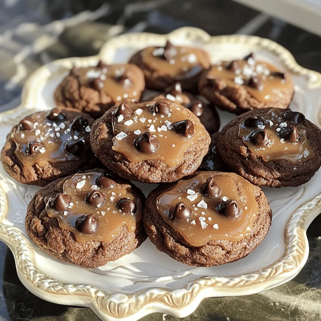 - 1 cup unsalted butter, softened - 3/4 cup brown sugar, packed - 1/2 cup granulated sugar - 1 large egg - 2 teaspoons vanilla extract - 2 1/4 cups all-purpose flour - 1/2 teaspoon baking soda - 1/2 teaspoon salt - 1 cup dark chocolate chips - 1/2 cup salted caramel sauce (store-bought or homemade) - Flaky sea salt for sprinkling When making salted caramel chocolate cookies, the right ingredients make all the difference. Quality matters, so choose your items carefully. Dark chocolate chips give the cookies a rich taste. They melt beautifully, creating gooey pockets of goodness. The salted caramel sauce is key, too. It provides a sweet and salty flavor. You can use store-bought sauce if you're in a hurry. However, making it at home can add a personal touch. If you want to make the recipe vegan, use a butter alternative. Plant-based options work well and taste great. You can also swap sugars for alternatives like coconut sugar or agave syrup. If you need gluten-free cookies, a gluten-free flour blend can replace all-purpose flour. Using high-quality dark chocolate is crucial. It enhances the cookie's taste and makes each bite special. Homemade salted caramel is often richer and more flavorful than store-bought. However, if you prefer convenience, a good store-bought option can still delight. For the full recipe, check the recipe section above. Enjoy baking and indulging in these delicious cookies! 1. Start by preheating your oven to 350°F (175°C). This step is key for even baking. 2. Line two baking sheets with parchment paper. This prevents sticking and makes cleanup easy. 3. In a large bowl, cream together 1 cup of softened butter, 3/4 cup of brown sugar, and 1/2 cup of granulated sugar. Mix until it feels light and fluffy. This helps to add air to your cookies. 1. Next, add in 1 large egg and 2 teaspoons of vanilla extract. Stir until fully mixed. This adds moisture and flavor. 2. In a separate bowl, whisk together 2 1/4 cups of all-purpose flour, 1/2 teaspoon of baking soda, and 1/2 teaspoon of salt. This helps to evenly distribute the dry ingredients. 3. Gradually add the dry mix to your wet ingredients. Stir just until combined. Over-mixing can make your cookies tough. 4. Fold in 1 cup of dark chocolate chips. Make sure they are evenly spread throughout the dough. 1. Now it’s time to scoop the cookie dough. Use a tablespoon to form balls and place them on your sheets, spacing them 2 inches apart. 2. Use your thumb to make a small indentation in each ball. This is where you will add the salted caramel. 3. Fill each indentation with 1 teaspoon of salted caramel sauce. This step makes each bite extra special. 4. Bake in your preheated oven for 10-12 minutes. Keep an eye on them, as you want the edges to be lightly golden. 5. Once baked, remove the cookies and sprinkle a pinch of flaky sea salt on top. This enhances the sweet and salty flavor. 6. Allow the cookies to cool on the baking sheets for 5 minutes before moving them to a wire rack. This helps them set perfectly. Make sure to check out the Full Recipe for more details. Enjoy your baking! To make the best cookies, avoid overbaking. Check them at the 10-minute mark. The edges should be golden, and the centers soft. Take them out when they look slightly underbaked. They will firm up as they cool. For cooling, let the cookies rest on the baking sheet for five minutes. This step helps them set without becoming too hard. Then, transfer them to a wire rack. This will keep them soft and chewy. You can add spices to boost flavor. A dash of cinnamon can warm up the taste. Try adding a pinch of sea salt in the dough for depth. Switch up the chocolate too! You can use milk chocolate or even white chocolate. Each type brings a different sweetness and taste. Mix them for a fun surprise in every bite. When serving, arrange the cookies on a decorative platter. This makes them look inviting and special. Drizzle some extra salted caramel over the cookies for decoration. It adds beauty and extra flavor. A few flakes of sea salt on top make a lovely finishing touch. These small details make your cookies shine! For the full recipe, check the link provided! {{image_2}} You can change the flavor of your cookies in fun ways. Adding nuts like pecans or walnuts gives a nice crunch. They also add a rich, nutty taste. You might even try using different types of caramel. For example, a dark caramel can give a deeper flavor. A vanilla caramel can add a sweet twist. Mix and match to find your favorite! If you need gluten-free cookies, use gluten-free flour instead of all-purpose flour. The taste will still be great! You can also make vegan cookies. Use vegan butter and a flaxseed egg. Just mix one tablespoon of ground flaxseed with three tablespoons of water and let it sit until thick. These options keep the cookies tasty while meeting dietary needs. You can make these cookies fit any holiday! For Halloween, add orange sprinkles. For Christmas, mix in cinnamon or nutmeg. These spices give a warm, cozy flavor. Another idea is to use themed cookie cutters for fun shapes. You can even decorate with holiday colors for a festive touch. The possibilities are endless! To keep your salted caramel chocolate cookies fresh, store them in an airtight container. This will help keep the cookies soft and chewy. You can stack the cookies in a single layer, or you can separate layers with parchment paper. When stored this way, the cookies last for about five days at room temperature. If you want to save cookies for later, freezing is a great option. First, let the cookies cool completely. Then, place them in a freezer-safe bag or container. You can freeze them for up to three months. To enjoy later, take out the cookies and let them thaw at room temperature for about 30 minutes. You can also warm them in the oven for a few minutes to regain their fresh-baked taste. If your cookies lose their freshness, don’t worry! You can easily bring them back to life. Place the cookies on a baking sheet and cover them with a damp paper towel. Heat them in the oven at 300°F (150°C) for about 5-10 minutes. This will help soften them and restore their chewy texture. Enjoy your cookies as if they were just baked! How can I make salted caramel chocolate cookies chewy? To make cookies chewy, use more brown sugar. Brown sugar has more moisture than white sugar. You can also bake them for a shorter time. Pull them out when the edges are golden but the middle looks soft. This keeps them chewy inside. Can I use white chocolate instead of dark chocolate? Yes, you can use white chocolate! It gives a sweeter taste. The balance with salted caramel still works well. Just keep in mind that white chocolate has a different flavor profile. Is it necessary to chill the dough before baking? Chilling the dough is not required, but it helps. It firms up the dough, making it easier to scoop. Chilled dough spreads less, giving you thicker cookies. What to do if the dough is too sticky? If the dough is sticky, add a little more flour. Start with one tablespoon at a time. Mix it well until the dough is manageable. You can also chill the dough for 30 minutes to make it easier to handle. How to fix cookies that spread too much? If cookies spread too much, check your butter. If it’s too soft, try chilling the dough. You can also add a bit more flour to the mix. This will help them hold their shape. Where to find the full recipe You can find the full recipe for salted caramel chocolate cookies at the beginning of this article. Suggestions for accompanying drinks or desserts These cookies pair well with milk or coffee. A scoop of vanilla ice cream on the side is a lovely touch, too! For a twist, try them with a rich hot chocolate. Your salted caramel chocolate cookies are now within reach. We explored the key ingredients, including butter, sugars, and chocolate chips. You learned essential tips for baking, like avoiding overbaking and cooling for the best texture. Variations let you adjust to create nutty or seasonal treats. Remember to store your cookies properly for lasting freshness. Baking can be fun and rewarding when you follow these steps. Now, you can impress friends and family with your delicious creations. Happy baking, and enjoy every bite!