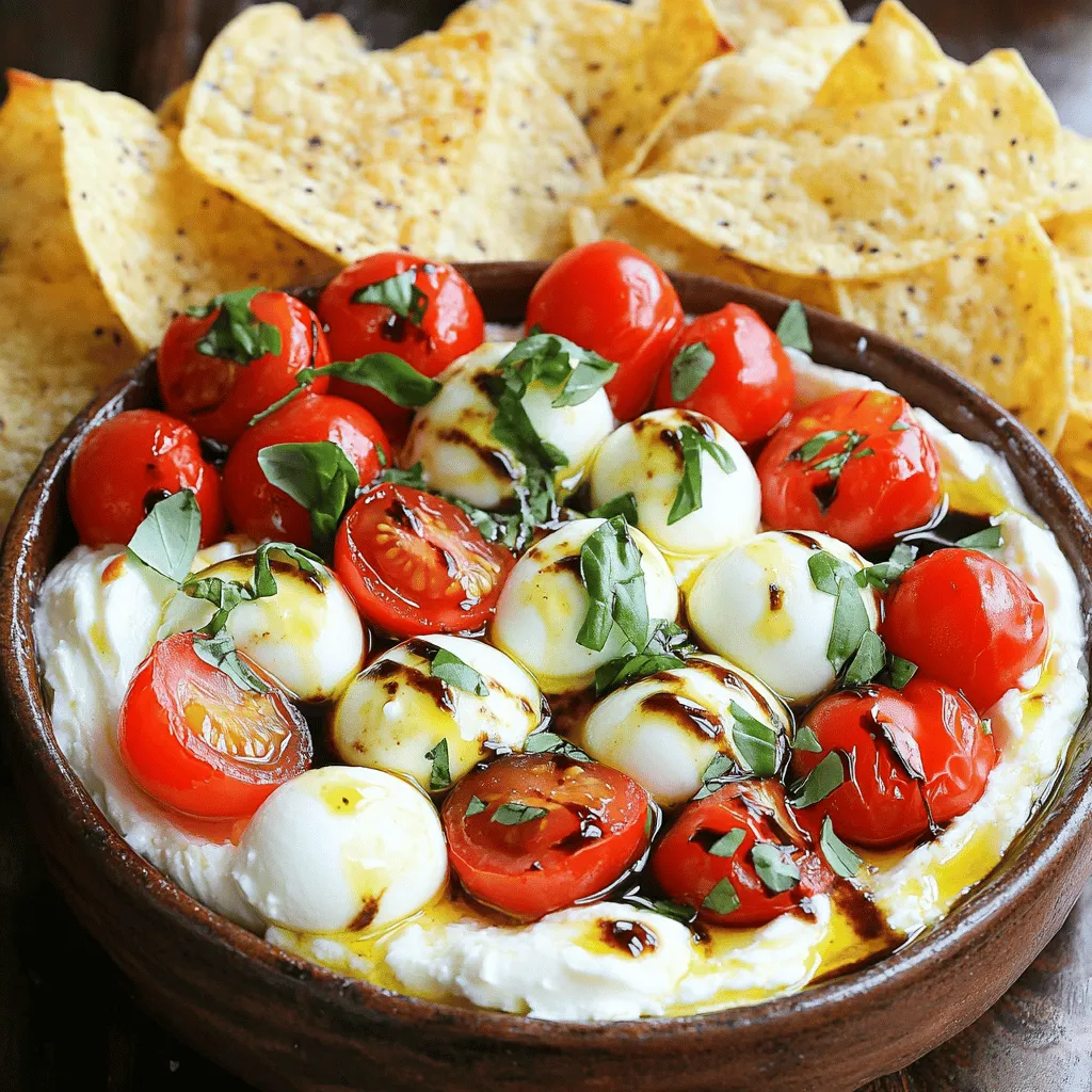 For the best flavor in your Easy Caprese Dip, fresh ingredients are key. Here’s what you need: - 1 cup fresh mozzarella balls, halved - 1 cup cherry tomatoes, halved - ½ cup fresh basil leaves, chopped These ingredients shine in this dish. The mozzarella brings a nice creaminess. The cherry tomatoes offer a sweet burst. Fresh basil adds a bright, herbal note that ties everything together. Dairy makes the dip creamy and rich. Here are the dairy components: - 1 cup cream cheese, softened - ½ cup sour cream Cream cheese acts as the base for the dip. It gives a smooth texture. Sour cream adds tang and richness. Together, they create a lovely creamy blend that holds the fresh ingredients. Want to boost the flavor? Consider these optional add-ins: - 1 tablespoon balsamic glaze - 1 tablespoon olive oil - Salt and pepper to taste - Sliced baguette or tortilla chips for serving Balsamic glaze adds a sweet and tangy kick. Olive oil enhances the richness. Salt and pepper balance the flavors. You can serve the dip with sliced baguette or tortilla chips for a fun crunch. For more details on how to make this dip, check out the Full Recipe. Start by taking a medium mixing bowl. Add 1 cup of softened cream cheese and ½ cup of sour cream. Use a hand mixer or spatula to mix them well. You want it to be smooth and creamy. This creamy base makes the dip rich and delicious. Next, add in 1 cup of halved fresh mozzarella balls and 1 cup of halved cherry tomatoes. Toss in ½ cup of chopped fresh basil leaves too. Gently fold these ingredients into the creamy mix. Be careful not to break the mozzarella balls. They should stay whole and plump. Drizzle in 1 tablespoon of olive oil and 1 tablespoon of balsamic glaze. Season with salt and pepper to taste. Stir everything until it's well combined. Now, transfer your dip to a nice serving dish. For a pretty touch, drizzle a bit more balsamic glaze on top. Serve this dip with sliced baguette or tortilla chips. Enjoy this easy Caprese dip with friends and family! For the full recipe, check out the details above. To make your dip pop, focus on fresh ingredients. Use ripe cherry tomatoes and fresh basil. The sweetness of tomatoes pairs well with the creamy cheese. Adding balsamic glaze enhances the taste. It adds a tangy kick that brightens the flavors. Always taste and adjust salt and pepper as needed. This step is key for a perfect dip. When serving, a beautiful display impresses guests. Use a shallow bowl for the dip. Drizzle extra balsamic glaze on top for flair. Add a few whole basil leaves for color. Surround the dip with sliced baguette or tortilla chips. This makes it easy for guests to serve themselves. Fun serving ideas create a lively party atmosphere. If you have leftovers, store them in an airtight container. Place it in the fridge to keep it fresh. The dip stays good for about three days. Before serving again, stir it well. You may want to add a touch more balsamic glaze. This revives the flavors and keeps it tasty. Enjoy your Easy Caprese Dip again with minimal effort! For the full recipe, check out the details above. {{image_2}} You can easily swap out some ingredients in this dip. For a dairy-free version, use vegan cream cheese and sour cream. They blend well and keep the dip creamy. If you want to avoid gluten, serve this dip with veggie sticks or gluten-free chips. You can also use different herbs like parsley or oregano instead of basil for a unique twist. For a fun twist, serve the dip in mini cups. This makes it easy for guests to grab and go. You can also layer the dip in a trifle dish for a colorful display. Add fresh basil leaves on top for a pop of green. Try serving it with pita chips or crispy breadsticks for a crunchy contrast. To make this dip kid-friendly, cut the cheese into fun shapes. You can use cookie cutters for this. Also, add some diced bell peppers or cucumbers for a fresh crunch. Kids love to dip, so serve it with colorful veggies. They will enjoy it more and get a healthy snack at the same time. For the full recipe, check out the details above. After you make your Easy Caprese Dip, store it in an airtight container. This keeps it fresh and tasty. Place the dip in the fridge right away. It can last for about three days. Before serving, give it a little stir. This helps mix the flavors back together. If you want to keep the dip longer, you can freeze it. Use a freezer-safe container. Make sure to leave some space at the top. The dip may expand as it freezes. When you’re ready to eat it, thaw it in the fridge overnight. This helps keep the taste and texture nice. To reheat the dip, use a microwave or oven. If using a microwave, heat it in short bursts. Stir in between to warm it evenly. If you prefer the oven, place it in an oven-safe dish. Heat it at 350°F for about 15 minutes. This warms it without losing creaminess. Enjoy your dip warm with your favorite chips or bread! You can easily make this dip a day ahead. Just prepare it as the recipe states. After mixing, cover it tightly with plastic wrap. Store it in the fridge until you're ready to serve. The flavors will blend well overnight. Just give it a good stir before serving. Yes, you can swap some ingredients for a healthier dip. Use low-fat cream cheese instead of regular. You can also replace sour cream with Greek yogurt. For a lighter touch, try using less mozzarella. Fresh herbs like parsley can add flavor with fewer calories. These swaps keep the taste while making it healthier. Many dips work well with Easy Caprese Dip. Try serving it with a classic hummus or a zesty guacamole. A creamy spinach dip adds a nice contrast, too. You can also offer a simple salsa for a fresh kick. This mix keeps your guests happy and satisfied. Each dip adds a unique flavor to your spread. In this post, I shared how to make an Easy Caprese Dip. We covered fresh ingredients, dairy needs, and tasty add-ins. Next, I provided clear steps for making and serving the dip. You learned tips to balance flavor and improve presentation. I also shared fun variations, storage ideas, and answers to common questions. This dip is simple and perfect for any gathering. Enjoy experimenting with flavors and serving styles!