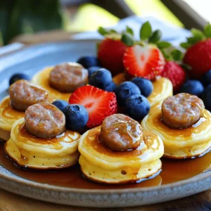 - 1 cup pancake mix - 3/4 cup milk - 1 large egg - 1 cup mini breakfast sausage links, cooked - 1 tablespoon maple syrup (plus extra for serving) - 1 teaspoon vanilla extract - Cooking spray or butter (for greasing) - Fresh fruit (such as blueberries or strawberries) for garnish To make mini pancake sausage bites, you need simple ingredients. First, grab pancake mix. This forms the base of your bites. You will also need milk to make the batter smooth. An egg helps bind everything together. The mini breakfast sausage links add protein and flavor. Don’t forget maple syrup for sweetness. A splash of vanilla extract gives a lovely aroma. Use cooking spray or butter to grease your skillet. Finally, fresh fruit makes a great garnish and adds color. - Additional toppings (e.g., whipped cream, chocolate chips) - Different flavored syrups You can customize your mini pancake sausage bites with optional ingredients. Try adding whipped cream for a fun touch. Chocolate chips can make them even sweeter. Different flavored syrups can also add variety. Consider blueberry or strawberry syrup for a fruity twist. These options let you create a breakfast treat just for you. To make the batter, first mix the pancake mix, milk, and egg in a bowl. Add maple syrup and vanilla extract for flavor. Whisk until the batter is smooth. A smooth batter helps create fluffy pancakes. If you have lumps, your pancakes might not cook evenly. Before you cook, preheat your non-stick skillet over medium heat. Grease it lightly with cooking spray or butter. This step helps prevent sticking. For each pancake, pour about 1 tablespoon of batter onto the skillet. Leave some space between them to allow for spreading. Now, place one mini breakfast sausage link in the center of each pancake. Cover the sausage with a little extra batter. This way, the sausage cooks well inside the pancake. Ensure it is fully covered to keep it moist and flavorful. Cook each pancake for about 1-2 minutes. Look for bubbles on the surface; this means it’s time to flip. Use a spatula to turn the pancake gently. Be careful not to break it. Cook the other side for another 1-2 minutes until golden brown. Enjoy your Mini Pancake Sausage Bites warm! For the full recipe, refer to the section above. - Adjusting the batter consistency: Get the right batter thickness for fluffy bites. If it’s too thick, add a touch more milk. If it’s too runny, mix in a bit more pancake mix. The batter should flow easily but hold its shape. - Achieving uniform size: Use a tablespoon for pouring the batter. This helps keep each pancake the same size. Uniformity makes for a better presentation and consistent cooking. - Pairing with various syrups: Maple syrup is a classic choice. Try fruit syrups like blueberry or strawberry for a twist. Honey also works well and adds a nice sweetness. - Creative garnishing ideas: Fresh fruit like blueberries or strawberries brightens the plate. You can also add a sprinkle of powdered sugar for an extra touch. - Keeping pancakes warm: Use a warm oven set to low heat. Place cooked bites on a baking sheet to keep them warm while you finish cooking the rest. - Efficient cooking methods: Cook several pancakes at once if your skillet allows. This saves time and makes breakfast prep easier. Just be sure not to overcrowd the pan. {{image_2}} You can switch up the flavors of your mini pancakes. Try using different pancake mixes. Buttermilk gives a classic taste, while chocolate chip adds a sweet twist. For a warm touch, sprinkle in spices like cinnamon or nutmeg. These spices can elevate the flavor and make each bite special. If you want a lighter option, consider using turkey or chicken sausage instead of pork. This change reduces fat and calories while still providing protein. You can also look for gluten-free pancake mix options. This way, those with dietary restrictions can enjoy the fun. Serving your mini pancake sausage bites can be fun! Try skewering them for a finger food option. This makes them easy to grab and eat. You can also create a breakfast platter. Arrange the bites with fruit and syrup for a colorful breakfast spread that looks great on your table. These variations make the dish even more delightful. For the full recipe, check out the earlier section. To store leftovers, place them in an airtight container. Keep the container in the fridge. These bites stay fresh for about three days. When reheating, use a microwave or skillet. In the microwave, heat for 20-30 seconds. In a skillet, warm them over low heat for 1-2 minutes. This keeps them soft and tasty. For long-term storage, you can freeze the bites. Place them in a single layer on a baking sheet. Freeze for about an hour until solid. After that, transfer them to a freezer-safe bag. They can last up to two months in the freezer. When you want to enjoy them, thaw in the fridge overnight. You can also reheat from frozen in the microwave, but it may take longer. To reheat mini pancake sausage bites, use an oven or a skillet. Preheat the oven to 350°F (175°C). Place the bites on a baking sheet. Heat for about 10 minutes. This keeps them crispy outside and warm inside. If using a skillet, warm over low heat. Flip the bites gently until heated through. Avoid microwaving, as it can make them soggy. Yes, you can make these pancakes ahead of time. Cook the bites and let them cool completely. Place them in an airtight container. Store in the fridge for up to three days. For longer storage, freeze them in a single layer. Once frozen, transfer to a zip-top bag. Reheat them as needed for quick breakfasts. Mini pancake sausage bites pair well with various sides. Fresh fruit like berries adds color and flavor. Yogurt can provide a creamy dip. You can also serve them with extra maple syrup. For a savory touch, consider scrambled eggs or cheese. Mixing sweet and savory makes the meal more exciting. These options will enhance your breakfast experience. This blog post covered how to make delicious mini pancake sausage bites. We discussed essential and optional ingredients, like pancake mix and maple syrup. The step-by-step instructions helped with batter preparation and cooking. Tips on serving and storage make it easy to enjoy later. In the end, these bites are fun and easy to create. With a few tweaks, you can make them your own. Enjoy your cooking adventure, and share these tasty bites with friends and family!