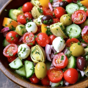 - Cherry tomatoes: 1 cup, halved - Cucumber: 1 cup, diced - Bell pepper: 1, diced (red or yellow) - Kalamata olives: 1/2 cup, pitted and halved - Artichoke hearts: 1/2 cup, quartered - Red onion: 1/4 cup, thinly sliced - Mozzarella: 1 cup, balls or cubed - Pepperoncini: 1/2 cup, sliced (optional) - Fresh basil: 1/4 cup, chopped - Italian dressing: 1/4 cup (homemade or store-bought) - Salt and pepper: to taste I love using fresh, vibrant ingredients for my antipasto salad. Each bite bursts with flavor. Cherry tomatoes add sweetness and color. Cucumber gives a nice crunch. You can pick any bell pepper you like. I often use red or yellow for brightness. Kalamata olives bring a salty kick. Artichoke hearts add a unique taste. Red onion gives a bit of sharpness. Mozzarella adds creaminess. If you want some heat, pepperoncini works well. Fresh basil adds a fragrant touch. Italian dressing ties everything together, making it zesty. Remember, adjust salt and pepper to fit your taste. This colorful dish is not just easy but also full of healthy goodness. For the full recipe, check out the detailed instructions above! - Combine the halved cherry tomatoes, diced cucumber, and diced bell pepper in a large mixing bowl. - Add Kalamata olives, artichoke hearts, and red onion to the mixture. - Incorporate mozzarella balls or cubed mozzarella into the bowl. To make this salad, start by chopping your veggies. I like to use ripe cherry tomatoes for their sweet burst. Dice the cucumber for crunch and add fresh bell pepper for color. Next, toss in Kalamata olives and artichoke hearts for a salty bite. Finally, don’t forget the red onion for a little zing! - Optional: Add pepperoncini for a spicy kick. - Sprinkle fresh basil over the top. - Drizzle with Italian dressing and gently toss. Now it’s time for the fun part! If you want some heat, add sliced pepperoncini. I love how it wakes up the dish. Then, sprinkle fresh basil on top. This adds a lovely aroma. Drizzle your favorite Italian dressing over everything. Gently toss to mix all the flavors. - Allow the salad to sit for 10 minutes before serving for enhanced flavor. - Suggestions for plating and garnishing. Let your salad sit for about 10 minutes. This lets the flavors blend nicely. Serve it in a large bowl or on individual plates. You can garnish with more basil or even some extra olives. Enjoy your fresh, flavorful antipasto salad! For the complete recipe, check out the Full Recipe section. - Use pre-sliced vegetables for faster assembly. - Chill ingredients beforehand for a refreshing salad. Getting your salad ready can be quick and easy. Start by using pre-sliced or pre-diced veggies. This way, you save time and cut down on prep work. You can find many stores that sell these options. Chilling your ingredients also helps. Cold veggies make a crisp, refreshing salad. Just put your veggies in the fridge for a bit before you mix them. - Recommended herbs and spices to add. - Suggestions for homemade dressing variations. To boost the taste of your salad, try adding fresh herbs. Basil is a great choice, but you can also use oregano or parsley. These herbs give your salad a nice touch. If you want a twist on the dressing, consider making your own. Mix olive oil, vinegar, and a bit of mustard. This adds a special flavor that you can control. You can adjust the tanginess to your liking. - Optional add-ins for dietary preferences (vegan, gluten-free). - Using seasonal vegetables to enhance freshness. You can make this salad fit your needs. For a vegan option, skip the cheese. You can add chickpeas for protein instead. If you want it gluten-free, check the dressing for gluten. Using seasonal vegetables is another smart move. Fresh, in-season produce tastes better and is often cheaper. For example, add zucchini in summer or roasted squash in fall. These small changes can make your salad even more delightful. For the full recipe, check out the Full Recipe section. {{image_2}} You can easily give your antipasto salad a Mediterranean twist. Try using different cheeses like feta or goat cheese. These cheeses add a creamy taste that blends well with the other ingredients. You can also add roasted red peppers or sun-dried tomatoes. Both options bring a burst of flavor and color to your dish. Adding protein can make your salad more filling. You can include grilled chicken or chickpeas for a hearty touch. Chickpeas add a nice crunch and are great for a plant-based option. Cold cuts like salami or prosciutto also work well. They enhance the salad's flavor and pair perfectly with the cheese and veggies. Make your antipasto salad special for holidays or parties! For a festive touch, use ingredients like cranberries or nuts during Thanksgiving. You can also try a taco-themed salad with black beans and avocado. Each theme brings a new twist to this classic dish. To keep your antipasto salad fresh, use airtight containers. These containers protect the salad from air and moisture. This helps retain crunchiness and flavor. Store your salad in the fridge right after making it. If you have extra dressing, keep it separate. This keeps the salad crisp and avoids sogginess. When stored in the fridge, your salad lasts about 3 days. After that, it may lose its taste and texture. Check for signs of spoilage like bad smells or slimy vegetables. If you see these, it’s best to toss the salad to stay safe. Antipasto salad is best served fresh, but you can use leftovers. If you store it, revitalize the flavor with a drizzle of fresh dressing. You can also add a pinch of salt and pepper before serving. This makes the salad taste bright and fresh again. Enjoy your colorful antipasto salad with confidence! For the full recipe, check out the earlier section. What is antipasto? Antipasto is an Italian term that means "before the meal." It usually includes a mix of meats, cheeses, vegetables, and olives. Antipasto can be served as a starter or as part of a salad, like our quick and easy antipasto salad. Can I make this salad ahead of time? Yes, you can make this salad ahead of time. Just prepare the ingredients and store them in the fridge. Toss the salad with dressing just before serving. This keeps it fresh and tasty. What other ingredients can I use in an antipasto salad? You can get creative with your antipasto salad. Try adding different cheeses like feta or goat cheese. You can also include roasted red peppers, salami, or even chickpeas. The options are endless! Is this recipe suitable for vegans? This salad is not vegan due to the cheese and dressing. But you can easily make it vegan. Replace the mozzarella with avocado or tofu and use a vegan dressing. How can I make it gluten-free? To make this salad gluten-free, ensure that your dressing is gluten-free. Most store-bought dressings are safe, but always check the label. All other ingredients in this salad are naturally gluten-free. Can this salad be scaled for larger gatherings? Absolutely! You can double or triple the recipe to serve more people. Just keep the same ingredient ratios for a balanced taste. Ideal serving portions for different occasions For a light lunch, this recipe serves four. If you serve it at a party, you can serve smaller portions to make it go further. Aim for about half a cup per person in that case. This salad combines fresh flavors and simple steps. You learned how to prepare an antipasto salad with cherry tomatoes, cucumbers, olives, and more. Remember the tips and variations to make it your own. Serving suggestions help boost flavor, while storage tips keep it fresh. Whether for a party or a light meal, this salad is versatile and easy. Enjoy the creativity and flavor it brings to your table!