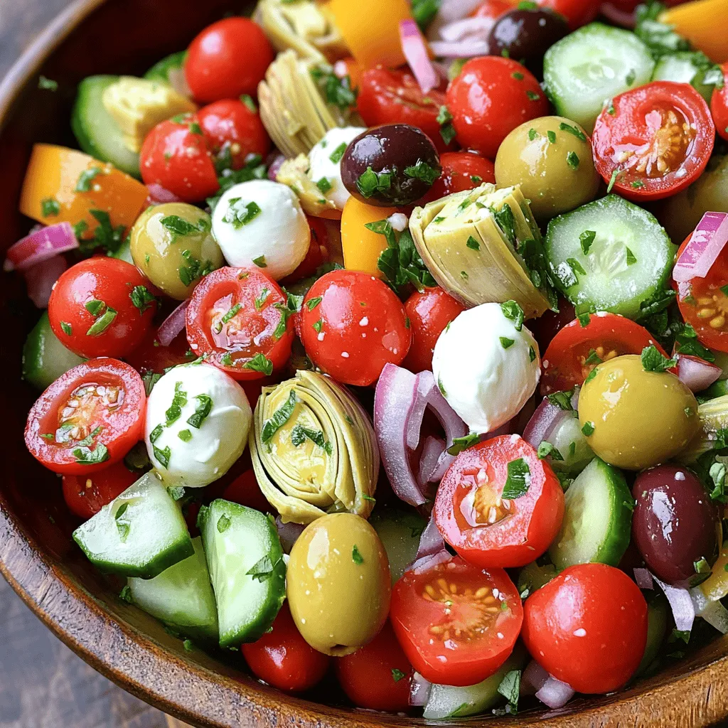 - Cherry tomatoes: 1 cup, halved - Cucumber: 1 cup, diced - Bell pepper: 1, diced (red or yellow) - Kalamata olives: 1/2 cup, pitted and halved - Artichoke hearts: 1/2 cup, quartered - Red onion: 1/4 cup, thinly sliced - Mozzarella: 1 cup, balls or cubed - Pepperoncini: 1/2 cup, sliced (optional) - Fresh basil: 1/4 cup, chopped - Italian dressing: 1/4 cup (homemade or store-bought) - Salt and pepper: to taste I love using fresh, vibrant ingredients for my antipasto salad. Each bite bursts with flavor. Cherry tomatoes add sweetness and color. Cucumber gives a nice crunch. You can pick any bell pepper you like. I often use red or yellow for brightness. Kalamata olives bring a salty kick. Artichoke hearts add a unique taste. Red onion gives a bit of sharpness. Mozzarella adds creaminess. If you want some heat, pepperoncini works well. Fresh basil adds a fragrant touch. Italian dressing ties everything together, making it zesty. Remember, adjust salt and pepper to fit your taste. This colorful dish is not just easy but also full of healthy goodness. For the full recipe, check out the detailed instructions above! - Combine the halved cherry tomatoes, diced cucumber, and diced bell pepper in a large mixing bowl. - Add Kalamata olives, artichoke hearts, and red onion to the mixture. - Incorporate mozzarella balls or cubed mozzarella into the bowl. To make this salad, start by chopping your veggies. I like to use ripe cherry tomatoes for their sweet burst. Dice the cucumber for crunch and add fresh bell pepper for color. Next, toss in Kalamata olives and artichoke hearts for a salty bite. Finally, don’t forget the red onion for a little zing! - Optional: Add pepperoncini for a spicy kick. - Sprinkle fresh basil over the top. - Drizzle with Italian dressing and gently toss. Now it’s time for the fun part! If you want some heat, add sliced pepperoncini. I love how it wakes up the dish. Then, sprinkle fresh basil on top. This adds a lovely aroma. Drizzle your favorite Italian dressing over everything. Gently toss to mix all the flavors. - Allow the salad to sit for 10 minutes before serving for enhanced flavor. - Suggestions for plating and garnishing. Let your salad sit for about 10 minutes. This lets the flavors blend nicely. Serve it in a large bowl or on individual plates. You can garnish with more basil or even some extra olives. Enjoy your fresh, flavorful antipasto salad! For the complete recipe, check out the Full Recipe section. - Use pre-sliced vegetables for faster assembly. - Chill ingredients beforehand for a refreshing salad. Getting your salad ready can be quick and easy. Start by using pre-sliced or pre-diced veggies. This way, you save time and cut down on prep work. You can find many stores that sell these options. Chilling your ingredients also helps. Cold veggies make a crisp, refreshing salad. Just put your veggies in the fridge for a bit before you mix them. - Recommended herbs and spices to add. - Suggestions for homemade dressing variations. To boost the taste of your salad, try adding fresh herbs. Basil is a great choice, but you can also use oregano or parsley. These herbs give your salad a nice touch. If you want a twist on the dressing, consider making your own. Mix olive oil, vinegar, and a bit of mustard. This adds a special flavor that you can control. You can adjust the tanginess to your liking. - Optional add-ins for dietary preferences (vegan, gluten-free). - Using seasonal vegetables to enhance freshness. You can make this salad fit your needs. For a vegan option, skip the cheese. You can add chickpeas for protein instead. If you want it gluten-free, check the dressing for gluten. Using seasonal vegetables is another smart move. Fresh, in-season produce tastes better and is often cheaper. For example, add zucchini in summer or roasted squash in fall. These small changes can make your salad even more delightful. For the full recipe, check out the Full Recipe section. {{image_2}} You can easily give your antipasto salad a Mediterranean twist. Try using different cheeses like feta or goat cheese. These cheeses add a creamy taste that blends well with the other ingredients. You can also add roasted red peppers or sun-dried tomatoes. Both options bring a burst of flavor and color to your dish. Adding protein can make your salad more filling. You can include grilled chicken or chickpeas for a hearty touch. Chickpeas add a nice crunch and are great for a plant-based option. Cold cuts like salami or prosciutto also work well. They enhance the salad's flavor and pair perfectly with the cheese and veggies. Make your antipasto salad special for holidays or parties! For a festive touch, use ingredients like cranberries or nuts during Thanksgiving. You can also try a taco-themed salad with black beans and avocado. Each theme brings a new twist to this classic dish. To keep your antipasto salad fresh, use airtight containers. These containers protect the salad from air and moisture. This helps retain crunchiness and flavor. Store your salad in the fridge right after making it. If you have extra dressing, keep it separate. This keeps the salad crisp and avoids sogginess. When stored in the fridge, your salad lasts about 3 days. After that, it may lose its taste and texture. Check for signs of spoilage like bad smells or slimy vegetables. If you see these, it’s best to toss the salad to stay safe. Antipasto salad is best served fresh, but you can use leftovers. If you store it, revitalize the flavor with a drizzle of fresh dressing. You can also add a pinch of salt and pepper before serving. This makes the salad taste bright and fresh again. Enjoy your colorful antipasto salad with confidence! For the full recipe, check out the earlier section. What is antipasto? Antipasto is an Italian term that means "before the meal." It usually includes a mix of meats, cheeses, vegetables, and olives. Antipasto can be served as a starter or as part of a salad, like our quick and easy antipasto salad. Can I make this salad ahead of time? Yes, you can make this salad ahead of time. Just prepare the ingredients and store them in the fridge. Toss the salad with dressing just before serving. This keeps it fresh and tasty. What other ingredients can I use in an antipasto salad? You can get creative with your antipasto salad. Try adding different cheeses like feta or goat cheese. You can also include roasted red peppers, salami, or even chickpeas. The options are endless! Is this recipe suitable for vegans? This salad is not vegan due to the cheese and dressing. But you can easily make it vegan. Replace the mozzarella with avocado or tofu and use a vegan dressing. How can I make it gluten-free? To make this salad gluten-free, ensure that your dressing is gluten-free. Most store-bought dressings are safe, but always check the label. All other ingredients in this salad are naturally gluten-free. Can this salad be scaled for larger gatherings? Absolutely! You can double or triple the recipe to serve more people. Just keep the same ingredient ratios for a balanced taste. Ideal serving portions for different occasions For a light lunch, this recipe serves four. If you serve it at a party, you can serve smaller portions to make it go further. Aim for about half a cup per person in that case. This salad combines fresh flavors and simple steps. You learned how to prepare an antipasto salad with cherry tomatoes, cucumbers, olives, and more. Remember the tips and variations to make it your own. Serving suggestions help boost flavor, while storage tips keep it fresh. Whether for a party or a light meal, this salad is versatile and easy. Enjoy the creativity and flavor it brings to your table!
