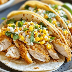 - 1 lb boneless, skinless chicken thighs - 1 cup buttermilk - 1 cup all-purpose flour - 1 teaspoon paprika - 1 teaspoon garlic powder - 1/2 teaspoon cayenne pepper - Salt and pepper to taste - 2 cups corn kernels (fresh, canned, or frozen) - 1/2 cup cotija cheese, crumbled - 4 small tortillas (corn or flour) Fried Chicken Street Corn Tacos need fresh and tasty ingredients. The chicken thighs are juicy and perfect for frying. Buttermilk helps tenderize the chicken and adds flavor. All-purpose flour gives the chicken a nice crispy coating. For seasoning, paprika brings a sweet warmth, while garlic powder adds depth. A pinch of cayenne pepper provides heat, which is great for flavor. Don't forget salt and pepper! They balance the taste in every bite. You'll want corn kernels for a crunchy topping. Fresh corn tastes the best, but canned or frozen work too. Cotija cheese gives a creamy and salty touch. Lastly, tortillas are key. Choose corn or flour based on your preference. This blend of ingredients makes for a fun and tasty taco. For the full recipe, check out the detailed cooking instructions! 1. Marinate the chicken in buttermilk: Start by placing your chicken thighs in a bowl. Pour in one cup of buttermilk. This helps tenderize the meat and adds flavor. Season with salt and pepper. 2. Refrigeration time for best results: Cover the bowl and let it sit in the fridge for at least one hour. For even better taste, let it marinate overnight. The longer, the better! 1. Prepare the flour mixture and coating process: In a shallow dish, combine one cup of all-purpose flour, one teaspoon of paprika, one teaspoon of garlic powder, and half a teaspoon of cayenne pepper. Mix well. This blend gives the chicken a tasty crust. 2. Cooking time and temperature for frying chicken: Heat about half an inch of vegetable oil in a large skillet over medium-high heat. Once it's hot, take the chicken out of the buttermilk, letting the excess drip off. Dredge each piece in the flour mixture, coating it thoroughly. 3. Fry the chicken: Carefully place the coated chicken thighs in the hot oil. Fry for five to seven minutes on each side. You'll know it's done when it turns golden brown. After frying, place the chicken on a paper towel-lined plate to drain the oil. 1. Steps to prepare street corn mixture: In another skillet, mix two cups of corn kernels with half a cup of mayonnaise, one tablespoon of lime juice, and one tablespoon of chopped fresh cilantro. Add half a teaspoon of chili powder and half of the crumbled cotija cheese. Cook over medium heat for about three to four minutes, stirring occasionally. 2. Instructions for taco assembly: Warm four small tortillas in a dry skillet. Slice the fried chicken into strips and place them on the tortillas. Top with the street corn mixture and sprinkle the remaining cotija cheese on top. Now you have a dish that will fire up your tastebuds! For the full recipe, check the earlier section. Marinating the chicken is key. Buttermilk not only adds flavor but also tenderizes the meat. I suggest marinating for at least one hour. For the best taste, try to marinate overnight. Check the oil temperature with a simple test. Drop a small piece of chicken into the oil. If it bubbles and sizzles, the oil is ready. If it doesn’t bubble, wait a few more minutes. To amp up the corn’s flavor, think about adding spices. A pinch of cumin or smoked paprika can make a big difference. You could also mix in jalapeños for some heat! Customize the corn toppings to match your taste. Try adding diced tomatoes, avocado, or even a sprinkle of lime zest. These additions can brighten up the dish. Choosing the right tortillas is crucial. Corn tortillas hold up well with the filling. Flour tortillas are soft and tasty too. Pick what you love best! Warm your tortillas before using them. Heat them in a dry skillet for about 30 seconds on each side. This makes them more pliable and improves the taco’s texture. {{image_2}} You can switch things up by using shrimp or fish instead of chicken. Shrimp cooks fast and adds a nice twist. Just season it well and sauté until pink. Fish also works great; try white fish like cod or tilapia. They soak up flavors well and keep things light. For a vegetarian option, consider using grilled vegetables or black beans. Grilled zucchini and bell peppers add a fresh touch. Black beans give a hearty feel and pair nicely with corn. Both swaps keep the tacos tasty and satisfying. If cotija cheese is not available, you can use feta or mozzarella. Feta brings a salty zing, while mozzarella offers a mild taste. Each cheese changes the flavor, so pick what you like best. You can also replace mayonnaise with Greek yogurt. It adds creaminess while cutting calories. Plus, Greek yogurt gives a tangy flavor that complements the corn well. This swap is an easy way to keep things fresh and healthy. Want to kick up the spice? Add jalapeños or chipotle to the corn mix. Jalapeños give a crisp bite, while chipotle adds smoky heat. Both options make every bite exciting. Don't stop there! Experiment with herbs and spices like cilantro or cumin. Fresh cilantro brightens the dish, and cumin adds earthiness. Mixing these flavors can take your tacos to a new level of deliciousness. To keep your fried chicken and corn mix fresh, follow these steps: - Cool Before Storing: Let the fried chicken cool down to room temperature. This step prevents moisture buildup, which can make the chicken soggy. - Use Airtight Containers: Store leftovers in airtight containers. This helps keep the flavors intact and prevents odors from mixing with other foods in the fridge. - Separate Components: If possible, store the chicken and corn mix separately. This way, you can enjoy the best texture when reheating. When it comes to reheating, you want to maintain that crispy goodness. Here’s how: - Oven Method: Preheat your oven to 375°F (190°C). Place the chicken on a baking sheet and reheat for about 10-15 minutes. This method helps keep the chicken crispy. - Stovetop Method: Heat a skillet over medium heat. Add a splash of oil and place the chicken in the pan. Cook for about 5-7 minutes, turning occasionally. - Corn Mix: Reheat the corn in a pan on medium heat for a few minutes, stirring often. This way, it warms evenly. - Tortilla Tip: To keep tortillas fresh, wrap them in a damp paper towel. Microwave them for about 30 seconds. This keeps them soft and ready for your tacos. Enjoy your delicious leftovers just like the first time! Marinate the chicken for at least 1 hour. For the best flavor and tenderness, I recommend marinating overnight. The buttermilk breaks down the chicken, making it juicy and soft. This step is key to great fried chicken tacos. Yes, you can prepare some parts ahead of time. You can marinate the chicken and cook it the day before. Store the chicken in the fridge. You can also make the street corn mixture in advance. Just reheat it before serving. This saves time on busy nights. Great sides to serve with these tacos include: - Mexican rice - Black beans - Chips with salsa - A fresh salad These dishes bring extra flavor and balance to your meal. Enjoy them for a full dining experience! In summary, making Fried Chicken Street Corn Tacos involves a few key steps. Start with marinating chicken in buttermilk, then coat and fry it perfectly. Add a tasty corn mix and assemble with tortillas. These tacos are fun and customizable. You can swap ingredients or change flavors to fit your taste. Enjoy sharing this exciting meal with friends or family. Your kitchen will be filled with great smells and smiles. Happy cooking!