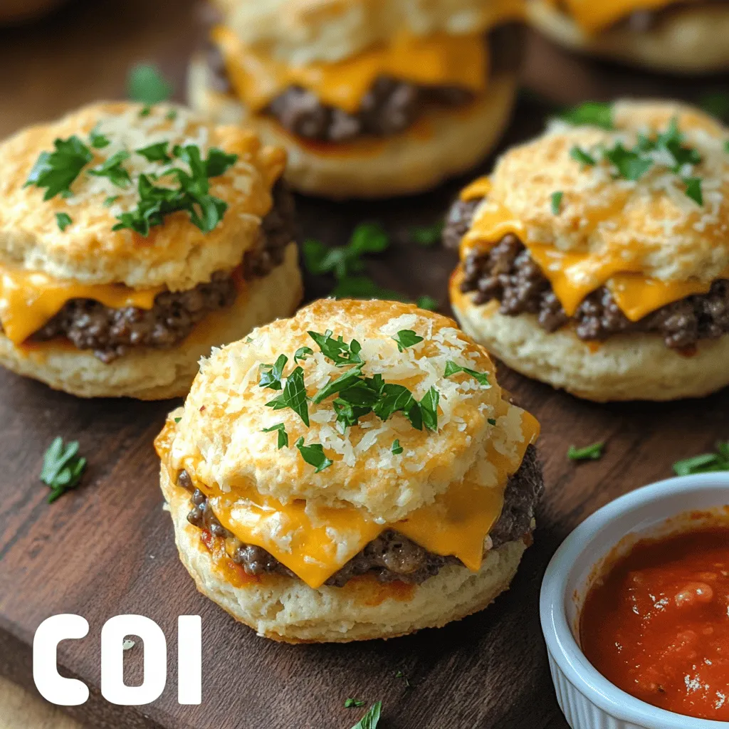 - 1 lb ground beef - 1 cup shredded cheddar cheese - 1/2 cup grated Parmesan cheese - 1/2 cup breadcrumbs - 2 cloves garlic, minced - 1 teaspoon dried Italian herbs (oregano, basil, thyme) - Salt and pepper to taste - 1 pack refrigerated biscuit dough (8-count) - 2 tablespoons melted butter - Chopped fresh parsley for garnish These ingredients create a tasty mix. The ground beef gives a rich flavor. The cheeses add creaminess and depth. The garlic brings a strong aroma and taste. Italian herbs spice things up. Biscuit dough wraps everything in a warm hug. - Hot sauce for heat - Sautéed onions for sweetness - Cooked bacon for extra crunch - Sliced jalapeños for a spicy kick These add-ons let you make the bombs your own. You can mix and match to find your perfect flavor. - Mixing bowl - Baking sheet - Parchment paper - Spoon for mixing - Brush for butter These tools help you create these delicious bites with ease. The mixing bowl blends flavors well. The baking sheet holds all the bombs in place. Parchment paper keeps them from sticking. A spoon and brush make the process smooth. For the full recipe, check out the details above! 1. Preheat the Oven: First, set your oven to 375°F (190°C). This will help your bombs bake evenly. 2. Prepare the Filling: In a large bowl, mix 1 pound of ground beef, 1 cup of shredded cheddar cheese, and 1/2 cup of grated Parmesan cheese. Add 1/2 cup of breadcrumbs, 2 minced garlic cloves, 1 teaspoon of dried Italian herbs, and salt and pepper to taste. Stir well until everything combines nicely. 3. Form the Bombs: Open your pack of refrigerated biscuit dough. Take each biscuit and flatten it gently in your palm. Place about 1 tablespoon of the beef mixture in the center of each biscuit. Then, fold the edges over the filling and pinch to seal. Roll each one into a round shape. 4. Brush with Butter: Place the sealed bombs on a baking sheet lined with parchment paper, seam-side down. Brush the tops with 2 tablespoons of melted butter. This will give them a nice golden color. 5. Bake: Put the baking sheet in your preheated oven. Bake for 15 to 20 minutes, or until the bombs turn golden brown and are cooked through. 6. Garnish and Serve: Once they are done, take them out and let cool for a few minutes. Before serving, sprinkle chopped fresh parsley on top for a burst of color and flavor. You can find the Full Recipe for more details. Enjoy making these tasty Garlic Parmesan Cheeseburger Bombs! To make your Garlic Parmesan Cheeseburger Bombs shine, focus on the meat. Use fresh ground beef for the best taste. Mix in minced garlic and grated Parmesan for a bold flavor. Don't forget the dried herbs; they bring warmth and depth. Adjust salt and pepper to suit your taste. You can also add a splash of Worcestershire sauce for extra flair! One mistake is overfilling the biscuits. If you add too much filling, they may burst while baking. Ensure you seal each bomb well to avoid leaks. Also, don’t skip the butter brush before baking. It helps achieve a golden crust. Lastly, keep an eye on the baking time; ovens can vary. You want them golden brown, not burnt! These bombs taste great on their own, but dips elevate the experience. Serve with marinara or ranch for a fun twist. For a side, consider crispy fries or a fresh salad. A light, chilled drink pairs well too. Think lemonade or iced tea to balance the rich flavors. For the full recipe, check the link. Enjoy your culinary adventure! {{image_2}} You can easily switch to a vegetarian option. Use cooked lentils or black beans instead of ground beef. Mix in mushrooms for a meaty texture. Add your favorite spices for more flavor. Don't forget to use the same cheese blend for that rich taste. Cheese is key in these bombs! Try using mozzarella for a gooey center. Feta adds a tangy twist. A mix of gouda and cheddar creates a rich, smoky flavor. Experiment and see what you like best! Add some heat by mixing diced jalapeños into the filling. Want a sweet touch? Try caramelized onions. You can also use barbecue sauce for a smoky flavor. Each twist makes these bombs unique and fun to eat. For the full recipe, check above. After you make your Garlic Parmesan Cheeseburger Bombs, let them cool down. Place them in an airtight container. They stay fresh in the fridge for about three days. This keeps the flavors strong and the texture nice. If you want to keep them longer, consider freezing. To bring back that fresh-baked taste, reheat the bombs in the oven. Set your oven to 350°F (175°C). Place the bombs on a baking sheet and heat for about 10-15 minutes. This will make them warm and crispy again. You can also use a microwave if you’re in a hurry. Heat them for about 30-45 seconds. Just remember, the oven gives a better texture. If you want to freeze these tasty treats, follow these steps. First, let the bombs cool completely. Then, wrap each one in plastic wrap. Place them in a freezer bag or airtight container. They can last up to three months in the freezer. When you’re ready to eat, thaw them in the fridge overnight. Bake them again to enjoy their full flavor. For the full recipe, refer back to the instructions. Yes, you can use other meats. Ground turkey or chicken works well. You might also try pork for a different flavor. Each meat brings a unique taste to the bombs. Just ensure that any meat you pick is cooked through. Leftovers can stay fresh in the fridge for up to three days. Store them in an airtight container. This keeps them from drying out. You can also freeze them for up to three months. Just remember to wrap them well before freezing. Yes, you can prep these bombs ahead of time. You can make the filling and fill the biscuits. Then, cover and chill them in the fridge for a few hours. When you are ready, bake them straight from the fridge. This makes serving easy and fun. For the full recipe, check out the main section. You learned about making tasty cheeseburger bombs. We covered the main and optional ingredients, plus the tools you'll need. The step-by-step guide helped you prepare and bake these delicious treats. We shared tips to enhance the flavor and avoid common mistakes. You now know about fun variations and smart storage options. Try these bombs at your next gathering. They are sure to impress! Enjoy the joy of cooking and savoring with friends.
