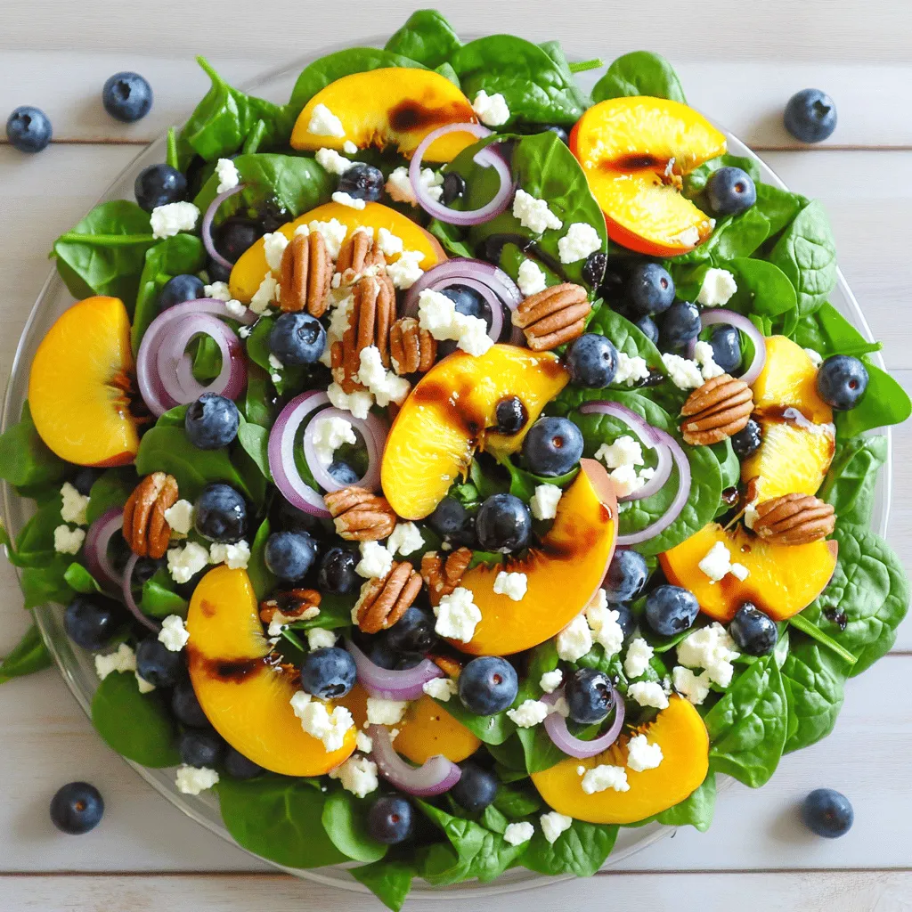 - Baby spinach - Ripe peaches - Fresh blueberries - Red onion When making the Blueberry Peach Feta Salad, fresh produce is key. Start with baby spinach. This leafy green adds a nice crunch and is packed with vitamins. Next, use ripe peaches. Their sweet flavor pairs well with the tangy feta. Fresh blueberries are a must, too. They bring a burst of juicy flavor. Lastly, include red onion. It adds a bit of sharpness to balance the sweetness. - Feta cheese - Pecans For the creamy element, feta cheese is perfect. Its salty flavor contrasts beautifully with the sweet fruits. I like to crumble it over the salad to spread the taste evenly. Pecans add a delightful crunch. Their nutty flavor complements the other ingredients and adds a nice texture. - Balsamic vinegar - Olive oil - Honey - Salt and pepper The dressing is where the magic happens. Start with balsamic vinegar. It brings a sweet and tangy taste to the salad. Olive oil adds richness and helps blend the flavors well. Honey is a great touch, adding a subtle sweetness. Finally, season with salt and pepper to taste. This simple dressing ties all the flavors together perfectly. For the full recipe, check out the detailed steps included. To make the dressing, I start with a small bowl. I add balsamic vinegar, olive oil, honey, salt, and pepper. Then, I whisk all the ingredients together. This step is important for blending the flavors. You want a smooth and tasty dressing. The sweetness of honey balances the tang of vinegar. Next, I grab a large salad bowl. I begin by adding fresh baby spinach as the base. This green adds color and nutrition. Then, I layer the salad with ripe peach slices. The peaches bring a juicy sweetness. After that, I sprinkle fresh blueberries over the top. Their burst of flavor adds a nice touch. Finally, I crumble feta cheese on the salad. This creamy cheese adds a salty contrast. Now for the final touches! I add thinly sliced red onion for a bit of sharpness. Then, I toss in the roughly chopped pecans for crunch. These nuts add texture and flavor. Next, I drizzle the prepared dressing over the salad. I make sure to cover everything evenly. Lastly, I toss the salad gently. This helps combine all the ingredients without squishing the fruit. I taste the salad and adjust the seasoning if needed. For the full recipe, check out the detailed steps and enjoy! Serve your salad in individual bowls for a nice touch. This makes each serving special. You can add a few extra blueberries and a sprinkle of feta on top. This garnishing adds color and makes the dish look great. To keep your salad fresh, choose ripe peaches and blueberries. Look for peaches that are slightly soft to the touch. They should smell sweet and fragrant. For blueberries, pick ones that are firm and dark blue. Avoid any that are mushy or shriveled. Fresh fruit makes a big difference in taste. You can customize the dressing to fit your taste. If you want more sweetness, add a bit more honey. For a tangier taste, increase the balsamic vinegar. You can also add herbs like basil or mint to give it a fresh twist. Mix and match until you find your favorite flavor. For the full recipe, check out the Blueberry Peach Feta Salad. {{image_2}} When summer fades and fall arrives, you can change the fruit in your salad. In summer, ripe peaches and fresh blueberries shine bright. As fall comes, switch to crisp apples and juicy pears. Both options keep your salad fresh and tasty all year long. You can also add nuts or seeds for a crunch. This change adds depth and new flavors to your dish. Not everyone can enjoy feta cheese. For a vegan option, simply leave out the feta. You can replace it with avocado for creaminess. This keeps the salad rich and delicious. If you need a gluten-free dish, rest easy. All ingredients in this salad are naturally gluten-free. Just ensure any added dressings are also gluten-free. This salad is versatile. You can add other fruits to make it your own. Strawberries and raspberries are great choices. They add a tartness that balances the sweet peaches and blueberries. Try mixing in these fruits for a colorful and tasty twist. Each fruit brings its own unique flavor, making every bite exciting. Store any leftover Blueberry Peach Feta Salad in an airtight container. This keeps the salad fresh. Make sure to add the dressing only when ready to eat. This keeps the greens crisp and tasty. In the fridge, the salad lasts about three days. The fruit may get soft after a day or two. Check for freshness before you eat it. If the salad looks or smells off, it's best to toss it. You can prep the salad in advance to save time. Wash and slice the peaches and blueberries a day ahead. Store them in separate containers. You can also mix the dressing and keep it in the fridge. Just remember to add everything together when you are ready to serve. This keeps the salad fresh and flavorful. For the full recipe, check out the Blueberry Peach Feta Salad 🥗 recipe above. You can prep the ingredients a day before. Keep the spinach separate. Slice the peaches and store them in lemon juice to stop browning. Rinse and dry the blueberries. Crumble the feta cheese and store it in an airtight container. You can also mix the dressing and keep it in the fridge. When ready to serve, combine everything in a bowl and drizzle the dressing. This way, your salad stays fresh and crisp. If you want a different cheese, try goat cheese or ricotta. For dairy-free options, use vegan feta or nut cheese. You can also skip cheese altogether for a lighter salad. Each option adds a unique flavor to the dish, so choose what you like best. You can use frozen blueberries, but they will change the salad's texture. They may be softer and juicier than fresh ones. If you use them, let them thaw in the fridge first. This helps keep the salad from getting too watery. The flavor will still be good, but fresh blueberries are best for crunch. You can try a honey mustard dressing for a sweet twist. A yogurt-based dressing adds creaminess. For a citrus flavor, mix orange juice and olive oil. A spicy vinaigrette can also give a kick. Feel free to experiment with what you have on hand to find your favorite. Check out the Full Recipe for the original dressing idea. This blog post covers a delicious Blueberry Peach Feta Salad. We explored fresh ingredients like baby spinach, ripe peaches, and blueberries. I shared steps to prepare the dressing and assemble the salad, plus tips to ensure freshness. You learned about variations for different diets and how to store leftovers. Embrace creativity with your salad-making, and don’t hesitate to adjust flavors. Enjoy fresh meals that nourish your body, no matter the season.