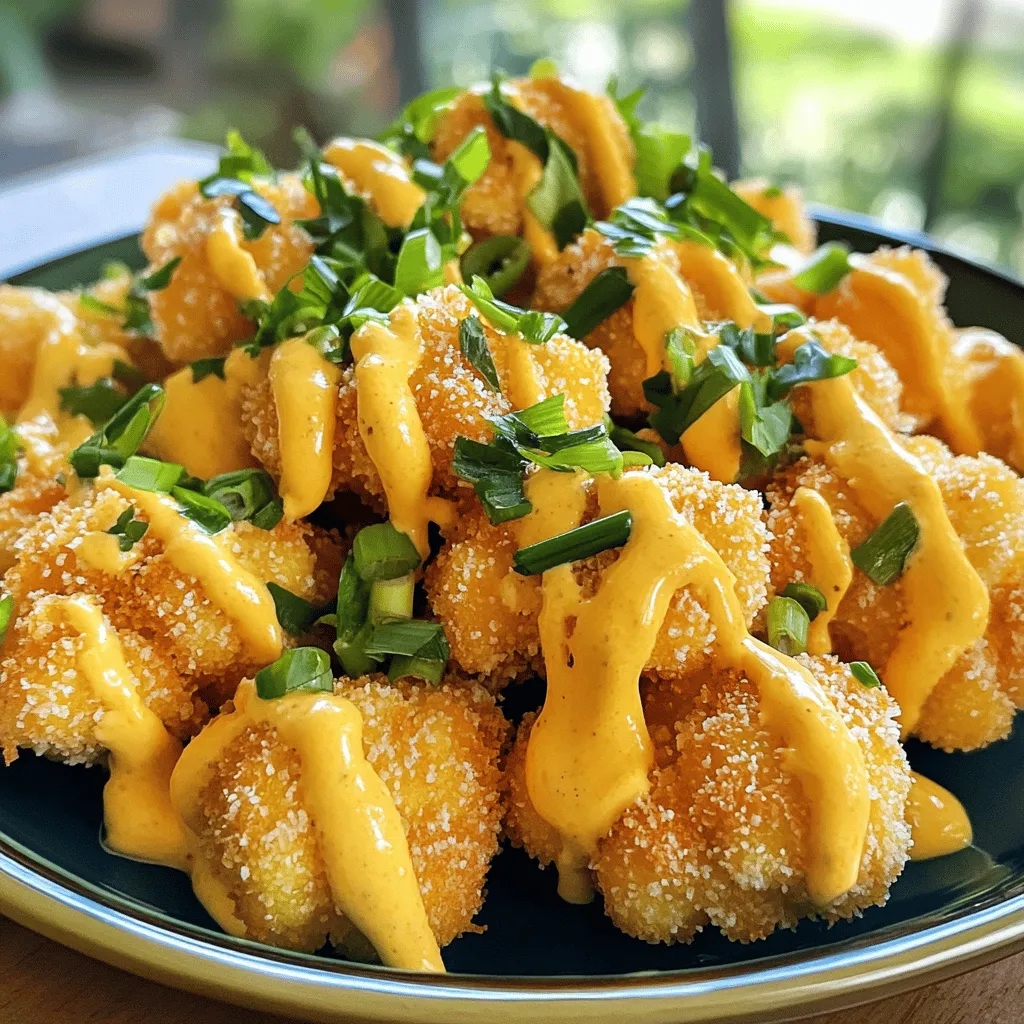 For this tasty dish, you need just a few main items: - 1 head of cauliflower, cut into florets - 1 cup all-purpose flour - 1 cup water - 1 teaspoon garlic powder - 1 teaspoon onion powder - 1 teaspoon paprika - 1/2 teaspoon salt - 1/2 teaspoon pepper - 1 cup panko breadcrumbs - Oil for frying These ingredients work together to create a crispy and flavorful treat that will impress anyone. The sauce adds a special kick to the dish. You’ll need: - 1/2 cup mayonnaise - 2 tablespoons sweet chili sauce - 1 tablespoon sriracha (adjust to taste) - 1 teaspoon lime juice This mix of creamy and spicy flavors makes each bite sing. Garnishes can elevate your dish. Consider these options: - Chopped green onions - Fresh cilantro These add color and freshness, making your Bang Bang Cauliflower even more appealing. For the complete steps, check out the Full Recipe. To make the Bang Bang sauce, grab a bowl. Add 1/2 cup of mayonnaise. Then, mix in 2 tablespoons of sweet chili sauce. Next, add 1 tablespoon of sriracha. Adjust the sriracha to fit your taste. Lastly, squeeze in 1 teaspoon of lime juice. Whisk all the ingredients until smooth. Set this sauce aside. It will add a zesty kick to your cauliflower. Now, let’s prepare the batter. In a separate bowl, mix 1 cup of all-purpose flour with 1 cup of water. Add 1 teaspoon of garlic powder, onion powder, and paprika. Don’t forget to sprinkle in 1/2 teaspoon of salt and pepper. Stir until you have a smooth batter. Next, take each cauliflower floret and dip it into the batter. Let the extra batter drip off. This step is key for a nice coating. Heat oil in a deep frying pan. Aim for medium heat. Once the oil is hot, it’s time to fry! Take the battered florets and roll them in 1 cup of panko breadcrumbs. Make sure they are well-coated. Carefully add the florets in batches to the oil. Fry them for about 4-5 minutes. They should turn golden brown and crispy. Use a slotted spoon to lift them out. Place the fried cauliflower on a paper towel-lined plate to drain any extra oil. Finally, toss the hot cauliflower in the Bang Bang sauce until each piece is coated. Enjoy this delicious recipe right away! For the complete details, check the Full Recipe. To get that perfect crunch, double-dip your cauliflower. First, coat it in the batter, then roll it in panko breadcrumbs. The panko gives it that extra crunch. Make sure your oil is hot enough. If it’s too cool, the cauliflower will soak up oil and become soggy. The oil should be around 350°F (175°C) for great results. Use oils with high smoke points for frying. My top choices are vegetable oil or canola oil. These oils can handle high heat without burning. Avoid oils like olive oil, as they burn too quickly and can change the taste. One common mistake is overcrowding the pan. Fry in small batches to keep the oil temperature steady. Another error is skipping the resting time after frying. Let the cauliflower rest on paper towels to remove excess oil. This keeps it crispy and light. Lastly, don’t forget to coat the cauliflower well in the Bang Bang sauce, but do it right before serving for the best taste! For the full recipe, check out the detailed steps to enjoy this delightful dish! {{image_2}} To make a vegan version, swap the mayonnaise with a plant-based alternative. You can use vegan mayo or even blended silken tofu for a creamy texture. This change keeps the dish just as tasty. You can also use almond milk or oat milk in the batter instead of regular water. These swaps ensure everyone can enjoy this dish. If you need a gluten-free version, use gluten-free flour in the batter. You can also replace panko breadcrumbs with crushed gluten-free cornflakes or gluten-free breadcrumbs. These options keep the crunch while making it safe for gluten-sensitive diets. Always check labels to ensure all ingredients are free from gluten. For extra flavor, add spices like cumin or smoked paprika to the batter. You can also toss in a pinch of cayenne pepper for heat. Try adding fresh herbs like cilantro or parsley to the sauce for a fresh twist. Squeeze in some extra lime juice for a zesty kick. Each enhancement makes the dish unique and delicious. For the full recipe, check the details above. After enjoying your Bang Bang Cauliflower, let any leftovers cool down. Place them in an airtight container. This helps keep them fresh. You can store them in the fridge for up to three days. If you want to keep them longer, freezing is a good option. To reheat the cauliflower, avoid the microwave. Microwaving can make it soggy. Instead, preheat your oven to 350°F (175°C). Spread the cauliflower on a baking sheet. Bake for about 10 to 15 minutes. This will help it regain its crispy texture. For an extra crunch, broil it for a minute at the end. If you want to freeze Bang Bang Cauliflower, it’s best to freeze it before frying. Coat the florets in batter and breadcrumbs. Then, place them on a baking sheet and freeze until solid. Once frozen, transfer them to a freezer bag. They can stay in the freezer for up to three months. When ready to eat, fry them directly from frozen. This keeps them crispy and delicious. For the full recipe, check out the Bang Bang Cauliflower recipe above. Bang Bang Cauliflower is a tasty appetizer made from battered and fried cauliflower. It has a crispy outside and a soft inside. I coat the cauliflower in a rich Bang Bang sauce, which is creamy and spicy. The sauce is a mix of mayonnaise, sweet chili sauce, and sriracha. This dish is loved for its bold flavors and crunch. It’s perfect for sharing or as a snack. Yes, you can make Bang Bang Cauliflower in an air fryer! This method is healthier than frying. To do this, follow the same steps for coating the cauliflower. Once coated, preheat your air fryer to 400°F. Arrange the florets in a single layer in the basket. Cook for about 12-15 minutes, shaking the basket halfway through. The cauliflower will get crispy without the extra oil. To adjust the heat level of the Bang Bang sauce, simply change the amount of sriracha. If you like it spicy, add more sriracha. For less heat, use less sriracha or skip it entirely. You can also add a pinch of cayenne pepper for a different type of heat. Taste the sauce as you mix to find your perfect balance. For more flavor, try adding a splash of lime juice as well. This article covered the key ingredients and steps to make Bang Bang Cauliflower. You learned how to prepare the sauce and fry the cauliflower for the best taste. We also discussed tips for making it crispy and options for vegan or gluten-free versions. Remember to store leftovers properly for freshness. Bang Bang Cauliflower is tasty, easy, and allows for many fun variations. Enjoy making this dish and impressing your friends and family with your cooking skills!