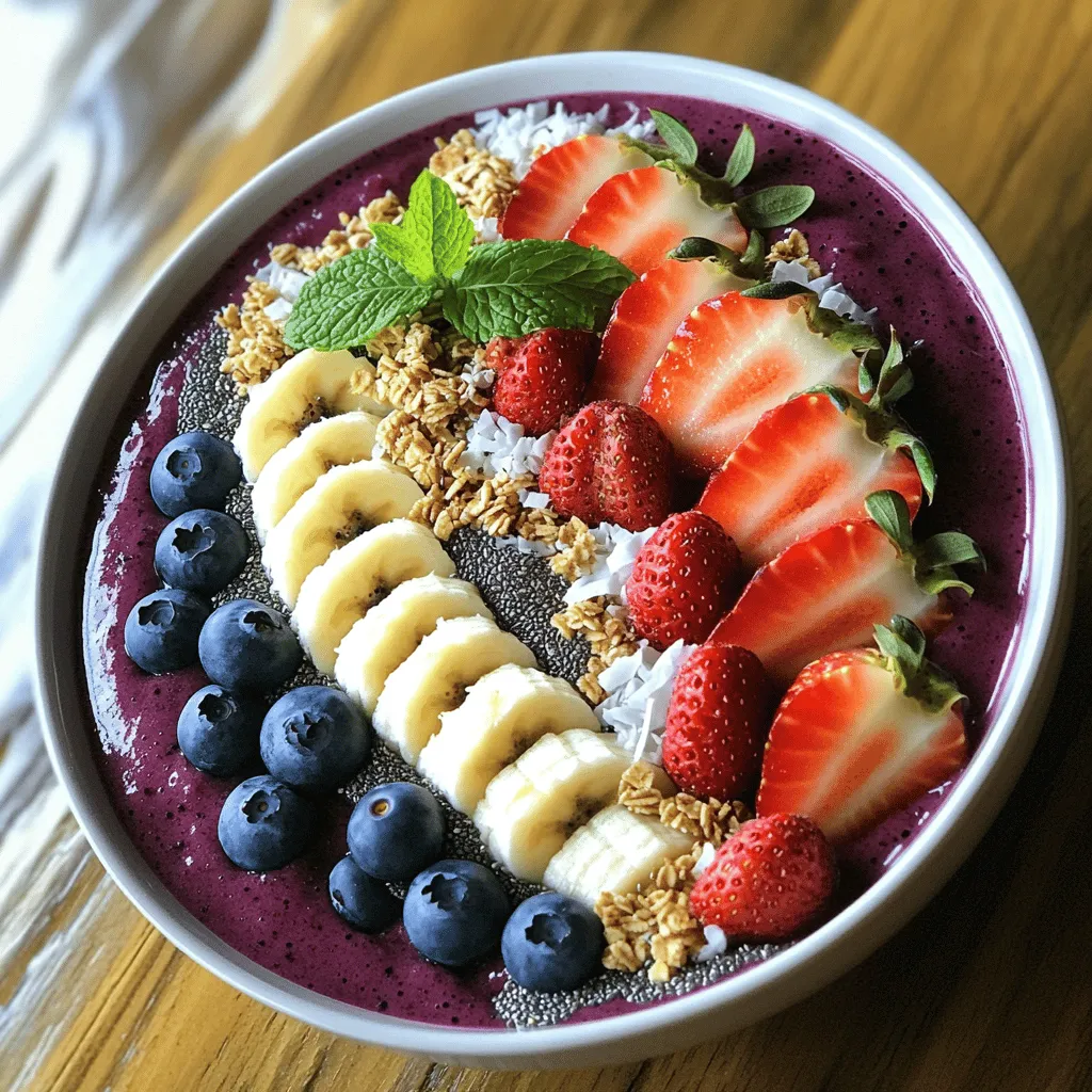 To make a Berry Bliss Smoothie Bowl, gather the following items: - 1 cup frozen mixed berries (strawberries, blueberries, raspberries) - 1 banana, sliced - 1/2 cup Greek yogurt (or dairy-free alternative) - 1/2 cup coconut milk (or any milk of choice) - 1 tablespoon honey or maple syrup (optional) These ingredients blend together to create a creamy, fruity base. The frozen berries give a nice chill, while the banana adds sweetness and creaminess. Greek yogurt boosts protein, making this bowl filling and nutritious. Once you have your base ready, consider these fun toppings to enhance your bowl: - Fresh berries - Sliced banana - Granola - Chia seeds - Shredded coconut - Mint leaves These toppings not only add flavor and texture but also make your bowl look stunning. You can mix and match based on what you enjoy or have on hand. When choosing berries, freshness matters. Look for: - Bright colors - Firm textures - Pleasant smells Ripe berries will taste sweeter and more flavorful. If using frozen berries, ensure they are from a trusted brand. This ensures they are picked at peak ripeness and retain their nutrients. Enjoy making this Berry Bliss Smoothie Bowl with your chosen ingredients for a tasty treat. For the complete recipe, refer to the Full Recipe section. Start by gathering your ingredients. You need frozen mixed berries, a banana, Greek yogurt, and coconut milk. If you like, add honey or maple syrup for sweetness. This step takes just a few minutes. When you blend, add the frozen mixed berries first. Then, add the banana, Greek yogurt, and coconut milk. Blend on high until smooth. If it’s too thick, add a splash of milk. Remember, you want a thick texture. Stop to scrape the sides of the blender if needed. This helps mix everything well. Once you blend your smoothie, pour it into a bowl. Now comes the fun part! Use a line of granola down the center. Then, add fresh berries and banana slices around it. Sprinkle chia seeds and shredded coconut on top. Finish with mint leaves for a pop of green. This makes your bowl look amazing and colorful! Enjoy your Berry Bliss Smoothie Bowl with a spoon. It's a treat for both your eyes and your taste buds. For the complete recipe, check out the [Full Recipe]. For a thick and creamy smoothie bowl, texture is key. Start with frozen mixed berries. They help chill the mix and keep it thick. Use ripe bananas for added creaminess. If your smoothie is too thick, add a splash of coconut milk. Blend it well, but don't over-blend. You want a smooth mix, not a liquid. Sweetness can change your Berry Bliss experience. If you want it sweeter, add honey or maple syrup. Start with one tablespoon. Taste it and add more if needed. You can also use ripe bananas for natural sweetness. If you prefer low-sugar options, skip the sweeteners. The berries are sweet enough! Making this bowl dairy-free is easy. Just swap Greek yogurt for a plant-based yogurt. Coconut yogurt works great! For milk, use almond, oat, or soy milk. This keeps the flavor rich and creamy. If you avoid honey, use maple syrup instead. Your Berry Bliss will still be tasty and fresh! {{image_2}} You can add greens to your smoothie bowl for extra nutrients. Spinach or kale works great. Just one small handful will do. Blend the greens with your berries and banana. This adds color and health benefits without changing the taste much. You won't even notice the greens! For a fun twist, try adding pineapple. Pineapple brings a fresh, sweet flavor to your bowl. Use about half a cup of fresh or frozen pineapple. Blend it in with the berries and banana. This makes the smoothie bowl taste like a summer vacation. It’s a delightful change! If you want more protein, there are easy ways to boost it. You can add a scoop of protein powder or nut butter. Almond butter or peanut butter are great choices. They mix well with the flavors and help keep you full. Greek yogurt also adds protein if you use more. These options make your smoothie bowl a tasty meal. Try these variations to keep your Berry Bliss Smoothie Bowl exciting. You can find the full recipe above to get started! If you have leftover Berry Bliss Smoothie Bowl, store it in the fridge. Use an airtight container. This keeps it fresh for up to 24 hours. When you're ready to eat, give it a quick stir. If it looks thick, add a splash of milk to loosen it up. You can freeze your smoothie mix for later. Just blend your ingredients as usual. Then, pour the mix into ice cube trays or a freezer-safe bag. This makes for easy and quick prep. When you want a smoothie bowl, just blend a few cubes with your favorite milk. Use glass or BPA-free plastic containers for storing smoothies. Glass is best for keeping flavors fresh. Look for containers that seal tightly to prevent spills. You want your smoothie to taste great and stay safe. Yes, you can use fresh berries. Fresh berries give a bright taste. However, frozen berries make the smoothie colder and thicker. If you use fresh berries, add ice to chill the mix. This keeps your smoothie bowl refreshing and enjoyable. You can replace Greek yogurt with many options. Try regular yogurt, dairy-free yogurt, or even silken tofu. Each choice adds a unique flavor and texture. If you're vegan, choose a plant-based yogurt for a creamy base. To get a thicker smoothie bowl, use less liquid. Blend less coconut milk or skip the honey. Also, add more frozen fruit, like bananas or berries. You can even add oats or chia seeds to thicken it up. Adjusting these ingredients helps create your perfect smoothie bowl. For the complete recipe, check out the Berry Bliss Smoothie Bowl. You now have all you need to create a Berry Bliss Smoothie Bowl. We covered essential ingredients, blending tips, and fun topping ideas. The variations allow you to explore flavors and add nutrition. Proper storage keeps your smoothie bowls fresh for later enjoyment. Don’t forget to try the FAQs for extra insights. Enjoy your tasty and healthy creation. You’ll love how easy it is to make and customize this bowl. It’s perfect for breakfast or a snack!