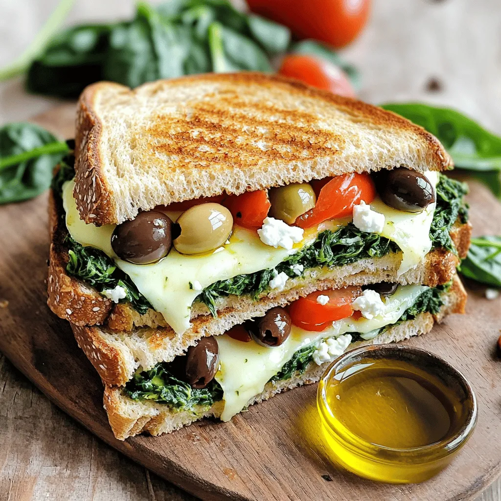 To make the Mediterranean Spinach Grilled Cheese, gather these items: - 4 slices of whole grain bread - 1 cup fresh spinach, chopped - 1/2 cup feta cheese, crumbled - 1/2 cup mozzarella cheese, shredded - 1 small tomato, sliced - 1/4 cup Kalamata olives, pitted and chopped - 2 tablespoons sun-dried tomatoes, chopped - 2 tablespoons olive oil - 1 teaspoon garlic powder - Salt and pepper to taste If you lack some ingredients, don’t worry! Consider these swaps: - Use sourdough bread instead of whole grain. - Replace feta with goat cheese for a tangy flavor. - Use cheddar cheese in place of mozzarella for extra sharpness. - Fresh basil can stand in for spinach if you prefer. - Canned black olives can substitute Kalamata olives if needed. Fresh ingredients make your grilled cheese shine. Here are some tips: - Choose bright green spinach without wilting or brown spots. - Pick ripe tomatoes that feel firm but slightly soft when squeezed. - Select high-quality cheeses for the best melting and flavor. - Opt for whole grain bread with a good texture and no preservatives. - Check sunlight for sun-dried tomatoes; they should be fragrant and plump. For the complete cooking steps, refer to the Full Recipe. Start by gathering your ingredients. Take your bowl and add the chopped spinach. Then, mix in the crumbled feta cheese and shredded mozzarella cheese. Next, add the sliced tomato, chopped Kalamata olives, and sun-dried tomatoes. Stir the mix well. Season it with garlic powder, salt, and pepper. Make sure to taste it and adjust the seasoning if needed. This filling is packed with flavor and color. Now it's time to build your sandwich. Grab two slices of whole grain bread. Spread your spinach filling evenly on each slice. Top each one with another slice of bread. You should have two nice sandwiches ready to grill. Press down gently to help the filling stick. This step ensures every bite is full of goodness. Heat your large skillet over medium heat. Add one tablespoon of olive oil to the pan. Once the oil is hot, place your sandwiches in the skillet. Grill them for about 3 to 4 minutes on each side. You want the bread to turn golden brown and the cheese to melt. If needed, add the remaining olive oil when flipping. Keep an eye on them to prevent burning. Once they look perfect, take them out and cut them in half. Enjoy your delightful meal warm! For the complete recipe, check out the Full Recipe. To boost the flavor, you can add fresh herbs. Try basil or oregano for a Mediterranean twist. A pinch of red pepper flakes adds heat, too. If you want creaminess, a bit of cream cheese in the filling works wonders. Mix and match your favorite flavors to make it unique. Avoid using stale bread. Fresh bread gives a better crunch and taste. Don’t rush the grilling. Cook it on medium heat for the best melt. If the cheese doesn’t melt well, it may be too cold. Let your ingredients sit at room temperature for a bit before cooking. Serve the grilled cheese on a clean wooden board. This adds a rustic touch. Cut the sandwiches diagonally for nice pieces. Garnish with fresh spinach leaves and tomato slices. A drizzle of olive oil on the side adds flair and flavor. For a fun twist, serve with a small bowl of marinara for dipping. For the complete recipe, you can check the full recipe section in this article. {{image_2}} You can easily boost the veggie power of your Mediterranean Spinach Grilled Cheese. Add sliced bell peppers for crunch. Artichoke hearts add a nice tang. You can also try roasted zucchini or mushrooms for depth. If you crave more greens, toss in arugula or kale. These additions make your meal colorful and healthy, while keeping it meat-free. If you need a gluten-free choice, swap whole grain bread for gluten-free bread. Many brands now offer tasty options that work well. You can also use corn tortillas for a fun twist. Just grill them as you would the bread. This way, you still enjoy all the great flavors without the gluten. Want to take your grilled cheese to the next level? Think about spreads! A layer of hummus or tzatziki can add a creamy touch. You might also enjoy a pesto spread for a burst of flavor. For dipping, try a homemade tomato salsa or olive tapenade. These choices enhance your meal and give it a unique flair. Don't forget to check the full recipe for more ideas! To keep your Mediterranean Spinach Grilled Cheese fresh, store it right. Wrap each sandwich in foil or plastic wrap. This helps keep the bread soft and the cheese tasty. Place the wrapped sandwiches in an airtight container. They will stay good in the fridge for up to three days. When you want to enjoy your leftovers, reheat them carefully. The best way is to use a skillet. Heat the skillet over medium heat. Place the sandwich in the pan and cover it with a lid. This will help the cheese melt inside. Cook for about 3-4 minutes on each side. If you want a crispy crust, add a little olive oil. You can freeze your Mediterranean Spinach Grilled Cheese for later. First, let the sandwiches cool completely. Wrap each one tightly in plastic wrap and then in foil. This extra layer helps keep out air. You can freeze them for up to one month. When you're ready to eat, thaw them overnight in the fridge before reheating. Enjoy the flavors of this delightful meal anytime! For more details, you can check out the Full Recipe. To make your Mediterranean Spinach Grilled Cheese crispy, use a hot skillet. Heat it well before adding your sandwich. Use enough olive oil to coat the pan. This helps the bread get golden and crunchy. Flip the sandwich carefully to keep the filling inside. You can even press it down slightly while it cooks. This adds to the crunch. Yes, you can use different cheeses if you want. Gouda and cheddar are great options. They melt well and add a rich taste. You could also try goat cheese for a tangy twist. Mixing cheeses can create a new flavor. Just remember to keep some cheese that melts well for the best texture. Grilled cheese pairs well with many sides. A fresh salad adds a nice crunch. Tomato soup is a classic choice; it complements the flavors well. You can also serve it with pickles for a tangy bite. Consider roasted veggies for a healthy touch. These sides make your meal more balanced and tasty. You can find the full Mediterranean Spinach Grilled Cheese recipe [here](#). This detailed guide covers all the ingredients and steps you need. Enjoy making this delightful meal! In this post, we explored the tasty world of Mediterranean Spinach Grilled Cheese. We covered key ingredients, step-by-step preparation, and tips to make it shine. You now know how to avoid common mistakes and how to add your own twist. Remember, fresh ingredients and proper grilling make a big difference. Try out different flavors and sides to create a meal you'll love. Enjoy your cooking and happy eating!