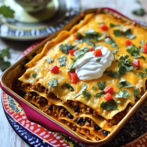 - 12 corn tortillas - 1 lb ground beef or turkey - 1 packet taco seasoning - 1 can (15 oz) black beans, drained and rinsed - 1 can (10 oz) diced tomatoes with green chilies - 2 cups shredded cheddar cheese - 1 cup sour cream - 1 cup corn (fresh, canned, or frozen) - 1 red bell pepper, diced - 1 small onion, diced - 2 cloves garlic, minced - Fresh cilantro, chopped (for garnish) - Jalapeños (optional, for extra heat) Each ingredient plays a big role in flavor. The corn tortillas form the base, giving structure. Ground beef or turkey adds protein and a savory taste. Taco seasoning brings that classic taco flavor, while black beans boost fiber and richness. Diced tomatoes add moisture and tang. Cheddar cheese gives a creamy, melty texture. Sour cream adds a cool balance to the spices. Fresh veggies like bell pepper and onion add crunch and flavor. Garlic packs a punch of taste, while corn adds sweetness. Jalapeños offer heat if you like it spicy. You can switch ground beef for chicken or plant-based meat for a lighter option. Use whole wheat or gluten-free tortillas for dietary needs. If you don’t have black beans, try pinto beans or lentils. For cheese, Mexican cheese blends work well too. Don’t like sour cream? Greek yogurt is a great substitute. Finally, if you want to skip the heat, omit jalapeños or use mild peppers. For the full recipe, check back to ensure you have everything ready before you start cooking! Make sure you gather all your ingredients first. This saves time and keeps you organized. You will need corn tortillas, ground beef or turkey, and taco seasoning. Don't forget the black beans, diced tomatoes, corn, cheddar cheese, sour cream, bell pepper, onion, and garlic. Start by preheating your oven to 375°F (190°C). In a large skillet, heat some oil over medium heat. Add diced onion and minced garlic. Sauté until they turn soft and clear. Next, add the ground beef or turkey. Cook until it turns brown, then drain any fat. Now, stir in taco seasoning, black beans, and diced tomatoes. Let this cook for another five minutes. This will blend all the flavors nicely. Grab an 8x11 inch baking dish. Place four corn tortillas at the bottom, slightly overlapping them. Spread half of your meat mixture over the tortillas. Spoon half of the sour cream on top, then sprinkle with one cup of shredded cheese. Repeat with another layer of four tortillas and the remaining meat mixture. Add more sour cream and cheese again. Finish with four more tortillas on top. Spread any leftover cheese over this final layer. Now, cover your dish with aluminum foil. Bake it for 25 minutes. Remove the foil and bake for another 15 minutes until the cheese is bubbly and golden. Let it sit for ten minutes before slicing. Garnish with fresh cilantro and jalapeños if you like. For the full recipe, check the previous section. Enjoy your Taco Lasagna! To make the best taco lasagna, use fresh ingredients. Fresh produce adds great flavor. Also, don't skip the layering. Each layer needs equal amounts of meat, beans, and cheese. This keeps every bite tasty. Aim for even cooking by pressing down each layer a bit. If you want extra crunch, add crushed tortilla chips between layers. Avoid using too many tortillas. Four layers work best. If you stack more, it may not cook well. Watch your oven temperature closely. Too hot can burn the cheese, while too low makes it soggy. Also, don’t rush the resting time. Letting it sit for ten minutes helps it hold shape when you slice. For a fun touch, serve with toppings like diced avocado or salsa. This adds color and flavor. Pair your taco lasagna with a fresh salad or some corn on the side. You can also add tortilla chips for crunch. For drink options, try a light soda or iced tea. Your guests will love it! {{image_2}} You can easily make taco lasagna vegetarian. Instead of meat, use extra black beans or lentils. You can add sautéed mushrooms for a nice texture. Spinach also works well for extra greens. Use a mix of cheeses or a vegan cheese for a dairy-free option. This way, you keep the flavor while making it meat-free. Making taco lasagna gluten-free is simple. Just swap corn tortillas for gluten-free ones. Check the labels to ensure they are safe. You can also use quinoa or rice as layers. Both add a nice bite and flavor. Always verify your cheese and seasonings are gluten-free too. Get creative with your ingredients! Instead of corn, try using diced zucchini or bell peppers. For a smoky flavor, add chipotle peppers in adobo sauce. You can also substitute sour cream with Greek yogurt. This adds creaminess while being a bit healthier. Another fun swap is using different cheeses like pepper jack for a spicy kick. To store leftovers, let the taco lasagna cool to room temperature. Place the leftover pieces in an airtight container. Make sure to seal it well. Store it in the fridge for up to 3 days. If you have a larger batch, consider cutting it into smaller portions. This makes it easy to heat later. When you're ready to enjoy your leftovers, preheat your oven to 350°F (175°C). Cover the dish with aluminum foil to keep it moist. Heat for about 20 minutes. You can also use a microwave. Place a piece on a microwave-safe plate and cover it with a damp paper towel. Heat for 1-2 minutes, checking often to avoid overcooking. You can freeze taco lasagna for later enjoyment. Wrap individual slices in plastic wrap. Then place them in a freezer-safe bag or container. Label the bag with the date. The lasagna can last up to 3 months in the freezer. To eat, thaw it overnight in the fridge. Then reheat as mentioned above. This keeps the flavor fresh and tasty. Yes, you can make Taco Lasagna ahead of time. Prepare it a day in advance. After layering, cover it and store it in the fridge. Just remember to bake it when you're ready. This helps the flavors blend and saves time on busy days. Taco Lasagna pairs well with many sides. Here are some tasty options: - Mexican rice: Fluffy and flavorful rice complements the dish. - Refried beans: Creamy beans add protein and richness. - Guacamole: Fresh and creamy, it brightens the meal. - Corn salad: This adds a crunchy texture and sweetness. - Chips and salsa: A classic combo that everyone loves. Ovens can vary in temperature. To adjust cooking time, check your dish early. If your oven runs hot, reduce the time by a few minutes. If it runs cool, add a few minutes. Always check that the cheese is bubbly and golden before removing it. For the complete Taco Lasagna recipe, check the section above. It includes ingredients and step-by-step instructions to make this delicious dish. Enjoy cooking! Taco lasagna is a tasty dish you can make in many ways. We covered the main ingredients and how to prepare them. You learned about layering, cooking, and storing leftover meals. I shared useful tips to help you avoid common mistakes. You can even customize the dish to fit your needs. Enjoy making this meal for family or friends. With these steps and ideas, your taco lasagna will impress everyone!
