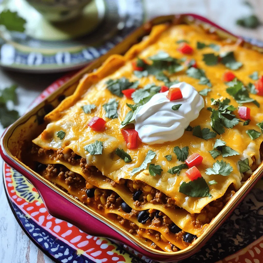 - 12 corn tortillas - 1 lb ground beef or turkey - 1 packet taco seasoning - 1 can (15 oz) black beans, drained and rinsed - 1 can (10 oz) diced tomatoes with green chilies - 2 cups shredded cheddar cheese - 1 cup sour cream - 1 cup corn (fresh, canned, or frozen) - 1 red bell pepper, diced - 1 small onion, diced - 2 cloves garlic, minced - Fresh cilantro, chopped (for garnish) - Jalapeños (optional, for extra heat) Each ingredient plays a big role in flavor. The corn tortillas form the base, giving structure. Ground beef or turkey adds protein and a savory taste. Taco seasoning brings that classic taco flavor, while black beans boost fiber and richness. Diced tomatoes add moisture and tang. Cheddar cheese gives a creamy, melty texture. Sour cream adds a cool balance to the spices. Fresh veggies like bell pepper and onion add crunch and flavor. Garlic packs a punch of taste, while corn adds sweetness. Jalapeños offer heat if you like it spicy. You can switch ground beef for chicken or plant-based meat for a lighter option. Use whole wheat or gluten-free tortillas for dietary needs. If you don’t have black beans, try pinto beans or lentils. For cheese, Mexican cheese blends work well too. Don’t like sour cream? Greek yogurt is a great substitute. Finally, if you want to skip the heat, omit jalapeños or use mild peppers. For the full recipe, check back to ensure you have everything ready before you start cooking! Make sure you gather all your ingredients first. This saves time and keeps you organized. You will need corn tortillas, ground beef or turkey, and taco seasoning. Don't forget the black beans, diced tomatoes, corn, cheddar cheese, sour cream, bell pepper, onion, and garlic. Start by preheating your oven to 375°F (190°C). In a large skillet, heat some oil over medium heat. Add diced onion and minced garlic. Sauté until they turn soft and clear. Next, add the ground beef or turkey. Cook until it turns brown, then drain any fat. Now, stir in taco seasoning, black beans, and diced tomatoes. Let this cook for another five minutes. This will blend all the flavors nicely. Grab an 8x11 inch baking dish. Place four corn tortillas at the bottom, slightly overlapping them. Spread half of your meat mixture over the tortillas. Spoon half of the sour cream on top, then sprinkle with one cup of shredded cheese. Repeat with another layer of four tortillas and the remaining meat mixture. Add more sour cream and cheese again. Finish with four more tortillas on top. Spread any leftover cheese over this final layer. Now, cover your dish with aluminum foil. Bake it for 25 minutes. Remove the foil and bake for another 15 minutes until the cheese is bubbly and golden. Let it sit for ten minutes before slicing. Garnish with fresh cilantro and jalapeños if you like. For the full recipe, check the previous section. Enjoy your Taco Lasagna! To make the best taco lasagna, use fresh ingredients. Fresh produce adds great flavor. Also, don't skip the layering. Each layer needs equal amounts of meat, beans, and cheese. This keeps every bite tasty. Aim for even cooking by pressing down each layer a bit. If you want extra crunch, add crushed tortilla chips between layers. Avoid using too many tortillas. Four layers work best. If you stack more, it may not cook well. Watch your oven temperature closely. Too hot can burn the cheese, while too low makes it soggy. Also, don’t rush the resting time. Letting it sit for ten minutes helps it hold shape when you slice. For a fun touch, serve with toppings like diced avocado or salsa. This adds color and flavor. Pair your taco lasagna with a fresh salad or some corn on the side. You can also add tortilla chips for crunch. For drink options, try a light soda or iced tea. Your guests will love it! {{image_2}} You can easily make taco lasagna vegetarian. Instead of meat, use extra black beans or lentils. You can add sautéed mushrooms for a nice texture. Spinach also works well for extra greens. Use a mix of cheeses or a vegan cheese for a dairy-free option. This way, you keep the flavor while making it meat-free. Making taco lasagna gluten-free is simple. Just swap corn tortillas for gluten-free ones. Check the labels to ensure they are safe. You can also use quinoa or rice as layers. Both add a nice bite and flavor. Always verify your cheese and seasonings are gluten-free too. Get creative with your ingredients! Instead of corn, try using diced zucchini or bell peppers. For a smoky flavor, add chipotle peppers in adobo sauce. You can also substitute sour cream with Greek yogurt. This adds creaminess while being a bit healthier. Another fun swap is using different cheeses like pepper jack for a spicy kick. To store leftovers, let the taco lasagna cool to room temperature. Place the leftover pieces in an airtight container. Make sure to seal it well. Store it in the fridge for up to 3 days. If you have a larger batch, consider cutting it into smaller portions. This makes it easy to heat later. When you're ready to enjoy your leftovers, preheat your oven to 350°F (175°C). Cover the dish with aluminum foil to keep it moist. Heat for about 20 minutes. You can also use a microwave. Place a piece on a microwave-safe plate and cover it with a damp paper towel. Heat for 1-2 minutes, checking often to avoid overcooking. You can freeze taco lasagna for later enjoyment. Wrap individual slices in plastic wrap. Then place them in a freezer-safe bag or container. Label the bag with the date. The lasagna can last up to 3 months in the freezer. To eat, thaw it overnight in the fridge. Then reheat as mentioned above. This keeps the flavor fresh and tasty. Yes, you can make Taco Lasagna ahead of time. Prepare it a day in advance. After layering, cover it and store it in the fridge. Just remember to bake it when you're ready. This helps the flavors blend and saves time on busy days. Taco Lasagna pairs well with many sides. Here are some tasty options: - Mexican rice: Fluffy and flavorful rice complements the dish. - Refried beans: Creamy beans add protein and richness. - Guacamole: Fresh and creamy, it brightens the meal. - Corn salad: This adds a crunchy texture and sweetness. - Chips and salsa: A classic combo that everyone loves. Ovens can vary in temperature. To adjust cooking time, check your dish early. If your oven runs hot, reduce the time by a few minutes. If it runs cool, add a few minutes. Always check that the cheese is bubbly and golden before removing it. For the complete Taco Lasagna recipe, check the section above. It includes ingredients and step-by-step instructions to make this delicious dish. Enjoy cooking! Taco lasagna is a tasty dish you can make in many ways. We covered the main ingredients and how to prepare them. You learned about layering, cooking, and storing leftover meals. I shared useful tips to help you avoid common mistakes. You can even customize the dish to fit your needs. Enjoy making this meal for family or friends. With these steps and ideas, your taco lasagna will impress everyone!