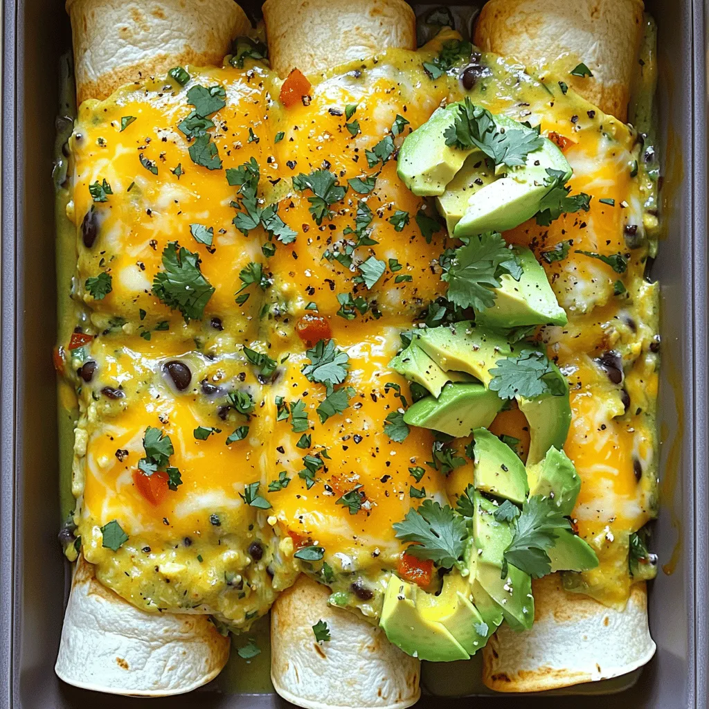 - 6 corn tortillas - 4 large eggs - 1 cup black beans, drained and rinsed - 1 cup shredded cheddar cheese - 1 cup diced bell peppers (red and green) - 1/2 cup chopped green onions - 1 teaspoon ground cumin - 1 teaspoon smoked paprika - Salt and pepper to taste - 1 cup salsa verde - 1 avocado, sliced (for topping) - Fresh cilantro (for garnish) Each ingredient adds flavor and nutrition. The corn tortillas hold everything together. They give a nice base for the enchiladas. Eggs provide protein and a rich taste. Black beans add fiber and heartiness. Cheddar cheese melts beautifully, creating a creamy texture. Bell peppers add color and sweetness. Green onions give a fresh crunch. Cumin and smoked paprika add warmth and depth. Salsa verde brings tang and a kick. Avocado and cilantro finish the dish with creaminess and bright flavor. When choosing tortillas, look for soft and pliable ones. For eggs, buy organic if possible; they taste better. Choose black beans that are firm and shiny. When picking bell peppers, look for vibrant colors and smooth skin. Green onions should be bright with no wilting. Fresh herbs like cilantro should smell fragrant and look lively. Always check expiration dates on packaged items. Fresh ingredients make the best enchiladas. For the full recipe, check here: [Full Recipe]. To make breakfast enchiladas, you need to prep your ingredients first. Gather all items before you start cooking. This way, you can cook smoothly. The main steps include whisking eggs, sautéing veggies, and assembling the enchiladas. 1. Preheat the oven. Set it to 350°F (175°C) and grease a baking dish. 2. Whisk the eggs. In a bowl, mix 4 large eggs. Add ground cumin, smoked paprika, salt, and pepper. 3. Sauté the bell peppers. Heat oil in a skillet over medium heat. Cook 1 cup of diced bell peppers for about 3-4 minutes. 4. Scramble the eggs. Pour the egg mixture into the skillet. Stir and cook until the eggs are set. 5. Add black beans and cheese. Fold in 1 cup of black beans and half of 1 cup shredded cheese. 6. Assemble the enchiladas. Take a corn tortilla, add 1/4 cup of the egg mix, and roll it up. Place it seam-side down in the baking dish. Repeat for all tortillas. 7. Top with salsa. Pour 1 cup of salsa verde over the enchiladas. Add the rest of the cheese on top. 8. Bake them. Place in the oven for 20-25 minutes until the cheese bubbles. 9. Cool and serve. Let them sit for a few minutes before serving. 10. Garnish. Add avocado slices and fresh cilantro on top before serving. Cook your enchiladas at 350°F (175°C) for 20-25 minutes. This ensures the cheese melts and the flavors blend. Prep time is around 15 minutes, and the total time is about 45 minutes. The recipe serves four, making it great for a family breakfast or brunch. For the Full Recipe, check the detailed instructions above! To make your Breakfast Enchiladas shine, focus on fresh ingredients. Use ripe avocados and vibrant bell peppers for the best flavor. When scrambling eggs, keep the heat low. This helps keep the eggs soft and fluffy, making each bite delightful. For added depth, try mixing in some spices, like chili powder or onion powder. Feel free to switch up the cheese too; Monterey Jack adds a nice twist. Many cooks overstuff their tortillas. This can lead to a messy dish. Aim for about 1/4 cup of filling per tortilla. Another mistake is not warming the tortillas first. Softening them makes rolling easier and helps prevent tears. Also, avoid skipping the garnishes. Fresh cilantro and avocado elevate the dish’s look and taste. You don’t need fancy tools for these enchiladas, but a few key items help. A good non-stick skillet is essential for scrambling the eggs. A sturdy baking dish, about 9x13 inches, works well for baking. Use a whisk for mixing the eggs and a spatula for folding in the beans and cheese. A sharp knife and cutting board will make chopping veggies quick and easy. For the full recipe, check out the detailed instructions. {{image_2}} You can switch ingredients to meet dietary needs. For gluten-free options, use corn tortillas. If you need a low-carb version, try zucchini or eggplant slices instead of tortillas. For a protein boost, add cooked chicken or turkey. You can also include tofu for a vegan choice, replacing eggs and cheese. To spice things up, add jalapeños or chili powder to your egg mixture. A dash of cayenne pepper or red pepper flakes gives a nice kick. You can also try different salsas, like mango or pineapple salsa, for a fruity touch. If you love heat, drizzle hot sauce on top before serving. Pair your enchiladas with fresh fruit or a simple salad. A side of refried beans adds a hearty touch. For a refreshing twist, serve them with a yogurt dip or guacamole. You can also add a light corn salad with lime dressing for extra crunch. Explore the Full Recipe for more delicious ideas! To keep your leftover enchiladas fresh, store them in an airtight container. This will prevent them from drying out. Let them cool before putting them away. If you leave them out too long, they may spoil. You can also wrap them tightly in plastic wrap or foil. When you're ready to enjoy your leftover enchiladas, preheat your oven to 350°F (175°C). Place the enchiladas in a baking dish. Cover them with foil to keep moisture in. Heat for about 15-20 minutes, or until they are hot throughout. You can also microwave them if you're in a hurry. Just heat them for 1-2 minutes, checking often. You can freeze Breakfast Enchiladas for later. Wrap each enchilada in plastic wrap and then in foil. This keeps them fresh for up to three months. When you're ready to eat them, thaw overnight in the fridge. Reheat them as mentioned above. Enjoy your tasty meal whenever you want! For the full recipe, check out the complete guide. If you don't have corn tortillas, you can use flour tortillas. They work well too. You may also try whole wheat tortillas for a healthier option. Just be aware that flour tortillas can be softer. This may change the texture of your enchiladas. Yes, you can make Breakfast Enchiladas ahead of time. Just prepare them up to the baking point. Cover and store them in the fridge for a day. When you're ready, bake them as directed. This saves time on busy mornings. To make this recipe vegetarian, swap the eggs for tofu or chickpea flour. For a vegan version, use a tofu scramble with spices for flavor. You can also replace cheese with a plant-based option. This keeps the meal tasty and filling. For the full recipe, follow the instructions above! In this post, I covered how to make tasty Breakfast Enchiladas. We explored key ingredients and tips for choosing fresh ones. I provided step-by-step instructions to guide you through cooking. You learned tips for avoiding common mistakes and how to use kitchen tools effectively. I shared fun variations and storage tips for leftovers. With these insights, you can create delicious enchiladas that everyone will enjoy. Cooking is fun and with practice, you’ll get even better! Enjoy your meals.