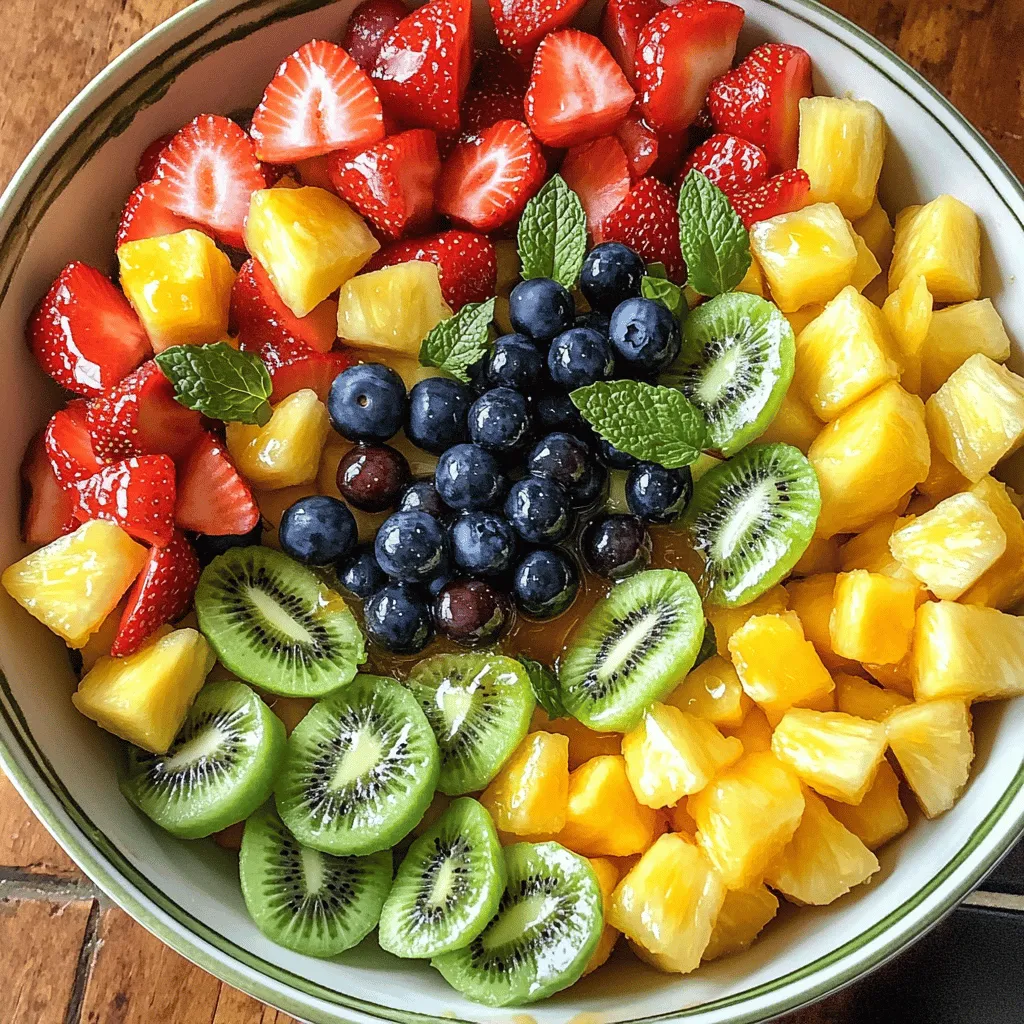 - 2 cups strawberries, hulled and quartered - 2 cups pineapple, cubed - 2 cups kiwi, peeled and sliced - 2 cups grapes, halved - 2 cups blueberries - 2 cups watermelon, diced - 1 cup honey (or agave syrup for a vegan option) - Juice of 2 limes - Fresh mint leaves for garnish - Large mixing bowl - Small bowl for dressing - Whisk or fork for mixing When making a fruit salad for a crowd, I love using fresh and vibrant fruits. Each fruit brings its own flavor and texture. Strawberries add sweetness, while kiwi gives a tangy bite. Pineapple brings a tropical feel, and watermelon offers juiciness. Together, they create a colorful and tasty dish. Honey or agave syrup makes a great dressing. Lime juice adds zing and helps fruits keep their bright colors. I recommend chilling the salad for about 30 minutes. This allows the flavors to blend beautifully. You don't need fancy tools for this salad. A large bowl works well for mixing. A small bowl helps with the dressing. A whisk or fork makes blending easy. Check out the Full Recipe for a delightful and refreshing party treat. Enjoy making your fruit salad! How to hull and quarter strawberries To hull strawberries, grab a sharp knife. Insert the knife at the green stem and slice downwards. Remove the green part and the white core. Then, place the berry on its side and cut it into quarters. Dicing watermelon effectively Start by cutting the watermelon in half. Place one half flat on the board for stability. Cut it into long strips, then rotate and slice across to create cubes. Repeat with the other half. Best practices for slicing kiwi and other fruits For kiwi, slice off both ends first. Stand it upright and cut down the sides to remove the skin. Then, slice the fruit into rounds. For other fruits like pineapple or mango, peel and slice similarly for even pieces. Mixing honey and lime juice In a small bowl, pour in one cup of honey. Squeeze the juice from two limes into the bowl. Use a whisk or fork to mix them well until combined. This creates a sweet and tangy dressing that enhances the fruit flavors. Alternative sweetener options If you prefer a vegan option, use agave syrup instead of honey. You can also try maple syrup for a different taste. Adjust the amount based on your sweetness preference. Tips for gently mixing without bruising fruits Use a large spoon or spatula for mixing. Start from the bottom and fold the fruits over gently. Avoid stirring too harshly, as this can bruise the delicate fruits. Importance of letting the salad chill Chilling the salad for about 30 minutes lets the flavors blend nicely. It also makes the salad refreshing. Before serving, gently toss it again for an even mix. Pick fruits that are in season for the best taste. Seasonal fruits are ripe and sweet. You can find juicy strawberries in spring and watermelon in summer. Use ripe fruits instead of unripe ones. Ripe fruits add more flavor to your salad. Unripe fruits might taste tart and less sweet. When serving your fruit salad, use a big bowl. A large, clear bowl shows off the colors. You can also use individual cups for easy serving. Pair your fruit salad with yogurt or whipped cream. This adds creaminess and makes it more fun. You can even serve it with granola for crunch. Prep your fruits a few hours before serving. Keep them fresh by storing them in the fridge. Use an airtight container to avoid drying out. If you want to make the salad the night before, do this: mix all the fruits but wait to add the dressing. This keeps the fruits fresh and bright. When it’s time to serve, stir in the dressing. This tip helps the salad taste great! For more details, check out the Full Recipe. {{image_2}} You can change the fruit in your salad based on the season. In winter, try oranges and pears. In summer, use fresh berries or peaches. If someone has allergies, substitute bananas with apples. Use pears instead of stone fruits like peaches or plums. Don't be afraid to add spices for extra flavor. A sprinkle of cinnamon or nutmeg can make a big difference. You can also mix in flavored extracts. A few drops of vanilla will give your salad a sweet aroma that everyone will love. This salad can fit many diets. For vegan guests, use agave syrup instead of honey. It’s also gluten-free, so everyone can enjoy it. If you want a low-sugar option, cut back on the syrup and add more fruit. Fresh fruits bring natural sweetness without the extra sugar. You can find the full recipe in the previous sections. To keep your fruit salad fresh, use airtight containers. Glass or plastic containers work well. Make sure the lid seals tightly. This helps keep moisture in and air out. Store the salad in the fridge right away. Chill it to keep the flavors crisp. Fruit salad lasts about 3 to 5 days in the fridge. After that, it may spoil. Watch for signs like a change in color or a sour smell. If the fruits look mushy or slimy, it’s time to toss it. You can freeze fruit salad, but some fruits do better than others. Berries and pineapple freeze well, while watermelon tends to get mushy. If you freeze it, use a freezer-safe container. Thaw the salad in the fridge, not at room temperature. This keeps it from getting too warm and soggy. For the best taste, try to eat it within a month. Yes, you can use canned or frozen fruits. They can be a good option in a pinch. However, there are pros and cons. Pros: - They are often cheaper than fresh fruits. - They last longer and are easy to store. - Canned fruits are usually ready to use. Cons: - Canned fruits may have added sugar or syrup. - Frozen fruits can become mushy once thawed. - Fresh fruits have better flavor and texture. Using fresh fruits enhances taste and keeps the salad vibrant. If you use canned or frozen fruit, rinse them well. This helps remove excess sugar. This recipe yields about 12 to 15 servings. It’s perfect for parties or gatherings. If you plan a large event, you might need to double the recipe. A good rule is to serve about 1 cup of fruit salad per person. This allows guests to enjoy a nice portion. If you serve other dishes, you may need less. To keep cut apples fresh, use lemon juice. The acid in lemon juice slows browning. Here are quick tips: - Soak cut apples in lemon juice for 5 minutes. - Mix lemon juice with water for a milder option. - Store apples in airtight containers. These methods keep your fruit salad looking fresh and appetizing! This fruit salad guide covers all you need. You learned the main and additional ingredients, along with tips for preparation and serving. You can choose the best fruits, make dressings, and adjust for diet needs. Remember to store leftovers properly to keep them fresh. Enjoy creating your own tasty blends while keeping the flavors bright. This recipe fits any occasion, so dive in and have fun!