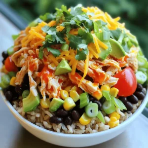 - 2 cups cooked shredded chicken (rotisserie recommended) - 1/2 cup buffalo sauce (adjustable to taste) - 1 cup cooked brown rice - 1 cup corn, drained and rinsed - 1 cup black beans, drained and rinsed - 1 avocado, diced - 1/2 cup diced tomatoes - 1/4 cup sliced green onions - 1/2 cup shredded cheddar cheese - Fresh cilantro for garnish - Salt and pepper to taste When I make Easy Buffalo Chicken Bowls, I love using rotisserie chicken. It saves time and adds a great flavor. The buffalo sauce is key. You can adjust the heat to suit your taste. If you like it spicy, add more sauce. If you want it milder, use less. The base of the bowl is cooked brown rice. It gives a nice texture and helps soak up the sauce. The toppings make these bowls colorful and fun. Corn and black beans add protein and nutrients. The avocado gives a creamy texture, while tomatoes add freshness. Green onions and cheddar cheese bring extra flavor. Finally, cilantro adds a nice pop of color and taste. Don’t forget to season with salt and pepper to bring out all the flavors. You can find the full recipe for these delicious bowls in the earlier section. - Combine shredded chicken with buffalo sauce in a medium bowl. - Serve cooked brown rice as the base in each bowl. Start by mixing your chicken and buffalo sauce. I like to use a rotisserie chicken for extra flavor. This step is quick and easy. Adjust the sauce amount to fit your spice level. Too little sauce makes it bland, and too much can be too hot. Next, take your cooked brown rice. Divide it into serving bowls. This rice serves as a hearty base. - Distribute the buffalo chicken evenly over the rice. - Add layers of corn and black beans on top of the chicken. Now, add your buffalo chicken on top of the rice. Make sure to spread it out evenly. This helps everyone get a taste in every bite. After that, layer the corn and black beans. These add color and texture. Plus, they are packed with nutrients! - Top with diced avocado and tomatoes. - Sprinkle with cheddar cheese and green onions. - Garnish with cilantro and season with salt and pepper. For the final touch, add diced avocado and tomatoes. They bring freshness to the bowl. After that, sprinkle some cheddar cheese and sliced green onions. This adds a nice creamy flavor. Finish with a sprinkle of salt and pepper. Don’t forget fresh cilantro for a burst of flavor. This garnish makes the dish pop! Enjoy your Easy Buffalo Chicken Bowls for a quick and tasty meal. For the full recipe, check out the details above. - Using rotisserie chicken saves time and adds flavor. - Adjust buffalo sauce based on your heat preference. Rotisserie chicken is a great shortcut. It gives you tender, juicy meat without cooking from scratch. Just shred the chicken and mix in your favorite buffalo sauce. You can make it mild or spicy, depending on what you like. Start with half a cup of sauce, then taste. Add more if you want extra heat. - Use clear bowls to showcase the colorful layers. - Garnish with cilantro for added visual appeal. When you serve your bowls, use clear dishes. This way, you can see the colorful layers. It makes the meal look more inviting. A sprinkle of fresh cilantro adds a nice touch. It brightens up the dish and adds a fresh flavor. - Pair with a side salad for a complete meal. - Offer extra buffalo sauce for drizzling. For a full meal, serve your buffalo chicken bowls with a side salad. It adds crunch and freshness. You can also put extra buffalo sauce on the table. This way, everyone can add more if they want. It makes the meal more enjoyable! For the full recipe, check the section above. {{image_2}} You can easily change up the grains in this dish. Substitute quinoa for brown rice for a nutty flavor. Quinoa cooks up fluffy and adds protein. You can also use grilled chicken instead of shredded chicken. This gives a nice, smoky taste that pairs well with the buffalo sauce. Want to spice things up? Add jalapeños for extra heat. They bring a zesty kick that many enjoy. You can also include ranch dressing for a creamier contrast. This adds a coolness that balances the heat from the buffalo sauce. If you need a gluten-free option, use certified gluten-free brown rice. This way, everyone can enjoy the meal. For a vegetarian option, try plant-based chicken alternatives. They work well in this recipe and taste great too. - Store leftovers in airtight containers in the fridge. - Best consumed within 3-4 days for optimal freshness. I like to keep my Easy Buffalo Chicken Bowls fresh and tasty. When I have leftovers, I always put them in airtight containers. This helps lock in the flavors and keeps them from drying out. It's simple to grab a bowl for lunch or dinner later in the week. Just remember to eat them within 3 to 4 days for the best taste. - Freeze chicken mixture separately for longer storage. - Reheat carefully in the microwave or stovetop. If you want to save some for later, freezing is a great option. I usually freeze the chicken mixture separately from the rice and toppings. This way, I can enjoy the flavors fresh when I reheat. When you’re ready to eat, just reheat it carefully in the microwave or on the stovetop. It’s quick and easy! - Add a splash of water when reheating to maintain moisture. - Stir occasionally to ensure even heating. When I reheat my bowls, I like to add a splash of water. This keeps everything moist and tasty. I also stir it occasionally to make sure it heats evenly. No one wants a cold bite of chicken! By following these tips, you’ll enjoy your Easy Buffalo Chicken Bowls just as much as the first time you made them. To make Easy Buffalo Chicken Bowls, start with cooked chicken. I like to use rotisserie chicken for flavor. In a bowl, mix the shredded chicken with buffalo sauce. The sauce amount can change based on your taste. Next, take your serving bowls and add cooked brown rice as the base. Top the rice with the buffalo chicken mix, spreading it evenly. Add corn and black beans for color and nutrition. Then, layer diced avocado and tomatoes on top. Finish with cheddar cheese and green onions. Season with salt and pepper, if needed, and add fresh cilantro for garnish. You can find the full recipe above. Yes, you can easily swap proteins in this recipe. Grilled chicken adds a smoky taste. Turkey works well if you prefer a lighter option. For a plant-based choice, use plant-based chicken substitutes or tofu. These swaps keep the meal fun and versatile. To enhance the flavor, think about spices and herbs. You can add garlic powder or chili powder for a kick. Fresh herbs like cilantro or parsley brighten the dish. Dipping sauces like ranch or blue cheese also pair well. You can make it your own by experimenting with these additions. This recipe yields four generous servings. It’s perfect for a family meal or meal prep for the week. If you're cooking for one or two, consider saving leftovers for later. Absolutely! This recipe is great for meal prep. You can make it ahead and store it in the fridge. It stays fresh for three to four days. Just reheat when you’re ready to eat. This makes busy days much easier. This blog post shows you how to make tasty buffalo chicken bowls. With simple steps, you can mix chicken, rice, and colorful toppings. Feel free to adjust the flavors to fit your taste. Remember, using rotisserie chicken saves time and adds great taste. Following these tips makes a dish that shines on your table. Enjoy making this meal often. It’s perfect for gatherings or meal prep. You have the tools now to create a dish everyone will love.