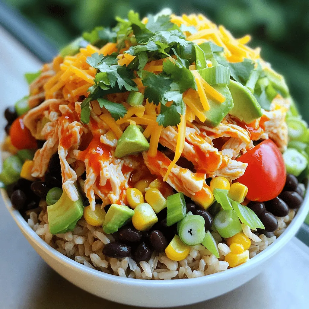 - 2 cups cooked shredded chicken (rotisserie recommended) - 1/2 cup buffalo sauce (adjustable to taste) - 1 cup cooked brown rice - 1 cup corn, drained and rinsed - 1 cup black beans, drained and rinsed - 1 avocado, diced - 1/2 cup diced tomatoes - 1/4 cup sliced green onions - 1/2 cup shredded cheddar cheese - Fresh cilantro for garnish - Salt and pepper to taste When I make Easy Buffalo Chicken Bowls, I love using rotisserie chicken. It saves time and adds a great flavor. The buffalo sauce is key. You can adjust the heat to suit your taste. If you like it spicy, add more sauce. If you want it milder, use less. The base of the bowl is cooked brown rice. It gives a nice texture and helps soak up the sauce. The toppings make these bowls colorful and fun. Corn and black beans add protein and nutrients. The avocado gives a creamy texture, while tomatoes add freshness. Green onions and cheddar cheese bring extra flavor. Finally, cilantro adds a nice pop of color and taste. Don’t forget to season with salt and pepper to bring out all the flavors. You can find the full recipe for these delicious bowls in the earlier section. - Combine shredded chicken with buffalo sauce in a medium bowl. - Serve cooked brown rice as the base in each bowl. Start by mixing your chicken and buffalo sauce. I like to use a rotisserie chicken for extra flavor. This step is quick and easy. Adjust the sauce amount to fit your spice level. Too little sauce makes it bland, and too much can be too hot. Next, take your cooked brown rice. Divide it into serving bowls. This rice serves as a hearty base. - Distribute the buffalo chicken evenly over the rice. - Add layers of corn and black beans on top of the chicken. Now, add your buffalo chicken on top of the rice. Make sure to spread it out evenly. This helps everyone get a taste in every bite. After that, layer the corn and black beans. These add color and texture. Plus, they are packed with nutrients! - Top with diced avocado and tomatoes. - Sprinkle with cheddar cheese and green onions. - Garnish with cilantro and season with salt and pepper. For the final touch, add diced avocado and tomatoes. They bring freshness to the bowl. After that, sprinkle some cheddar cheese and sliced green onions. This adds a nice creamy flavor. Finish with a sprinkle of salt and pepper. Don’t forget fresh cilantro for a burst of flavor. This garnish makes the dish pop! Enjoy your Easy Buffalo Chicken Bowls for a quick and tasty meal. For the full recipe, check out the details above. - Using rotisserie chicken saves time and adds flavor. - Adjust buffalo sauce based on your heat preference. Rotisserie chicken is a great shortcut. It gives you tender, juicy meat without cooking from scratch. Just shred the chicken and mix in your favorite buffalo sauce. You can make it mild or spicy, depending on what you like. Start with half a cup of sauce, then taste. Add more if you want extra heat. - Use clear bowls to showcase the colorful layers. - Garnish with cilantro for added visual appeal. When you serve your bowls, use clear dishes. This way, you can see the colorful layers. It makes the meal look more inviting. A sprinkle of fresh cilantro adds a nice touch. It brightens up the dish and adds a fresh flavor. - Pair with a side salad for a complete meal. - Offer extra buffalo sauce for drizzling. For a full meal, serve your buffalo chicken bowls with a side salad. It adds crunch and freshness. You can also put extra buffalo sauce on the table. This way, everyone can add more if they want. It makes the meal more enjoyable! For the full recipe, check the section above. {{image_2}} You can easily change up the grains in this dish. Substitute quinoa for brown rice for a nutty flavor. Quinoa cooks up fluffy and adds protein. You can also use grilled chicken instead of shredded chicken. This gives a nice, smoky taste that pairs well with the buffalo sauce. Want to spice things up? Add jalapeños for extra heat. They bring a zesty kick that many enjoy. You can also include ranch dressing for a creamier contrast. This adds a coolness that balances the heat from the buffalo sauce. If you need a gluten-free option, use certified gluten-free brown rice. This way, everyone can enjoy the meal. For a vegetarian option, try plant-based chicken alternatives. They work well in this recipe and taste great too. - Store leftovers in airtight containers in the fridge. - Best consumed within 3-4 days for optimal freshness. I like to keep my Easy Buffalo Chicken Bowls fresh and tasty. When I have leftovers, I always put them in airtight containers. This helps lock in the flavors and keeps them from drying out. It's simple to grab a bowl for lunch or dinner later in the week. Just remember to eat them within 3 to 4 days for the best taste. - Freeze chicken mixture separately for longer storage. - Reheat carefully in the microwave or stovetop. If you want to save some for later, freezing is a great option. I usually freeze the chicken mixture separately from the rice and toppings. This way, I can enjoy the flavors fresh when I reheat. When you’re ready to eat, just reheat it carefully in the microwave or on the stovetop. It’s quick and easy! - Add a splash of water when reheating to maintain moisture. - Stir occasionally to ensure even heating. When I reheat my bowls, I like to add a splash of water. This keeps everything moist and tasty. I also stir it occasionally to make sure it heats evenly. No one wants a cold bite of chicken! By following these tips, you’ll enjoy your Easy Buffalo Chicken Bowls just as much as the first time you made them. To make Easy Buffalo Chicken Bowls, start with cooked chicken. I like to use rotisserie chicken for flavor. In a bowl, mix the shredded chicken with buffalo sauce. The sauce amount can change based on your taste. Next, take your serving bowls and add cooked brown rice as the base. Top the rice with the buffalo chicken mix, spreading it evenly. Add corn and black beans for color and nutrition. Then, layer diced avocado and tomatoes on top. Finish with cheddar cheese and green onions. Season with salt and pepper, if needed, and add fresh cilantro for garnish. You can find the full recipe above. Yes, you can easily swap proteins in this recipe. Grilled chicken adds a smoky taste. Turkey works well if you prefer a lighter option. For a plant-based choice, use plant-based chicken substitutes or tofu. These swaps keep the meal fun and versatile. To enhance the flavor, think about spices and herbs. You can add garlic powder or chili powder for a kick. Fresh herbs like cilantro or parsley brighten the dish. Dipping sauces like ranch or blue cheese also pair well. You can make it your own by experimenting with these additions. This recipe yields four generous servings. It’s perfect for a family meal or meal prep for the week. If you're cooking for one or two, consider saving leftovers for later. Absolutely! This recipe is great for meal prep. You can make it ahead and store it in the fridge. It stays fresh for three to four days. Just reheat when you’re ready to eat. This makes busy days much easier. This blog post shows you how to make tasty buffalo chicken bowls. With simple steps, you can mix chicken, rice, and colorful toppings. Feel free to adjust the flavors to fit your taste. Remember, using rotisserie chicken saves time and adds great taste. Following these tips makes a dish that shines on your table. Enjoy making this meal often. It’s perfect for gatherings or meal prep. You have the tools now to create a dish everyone will love.