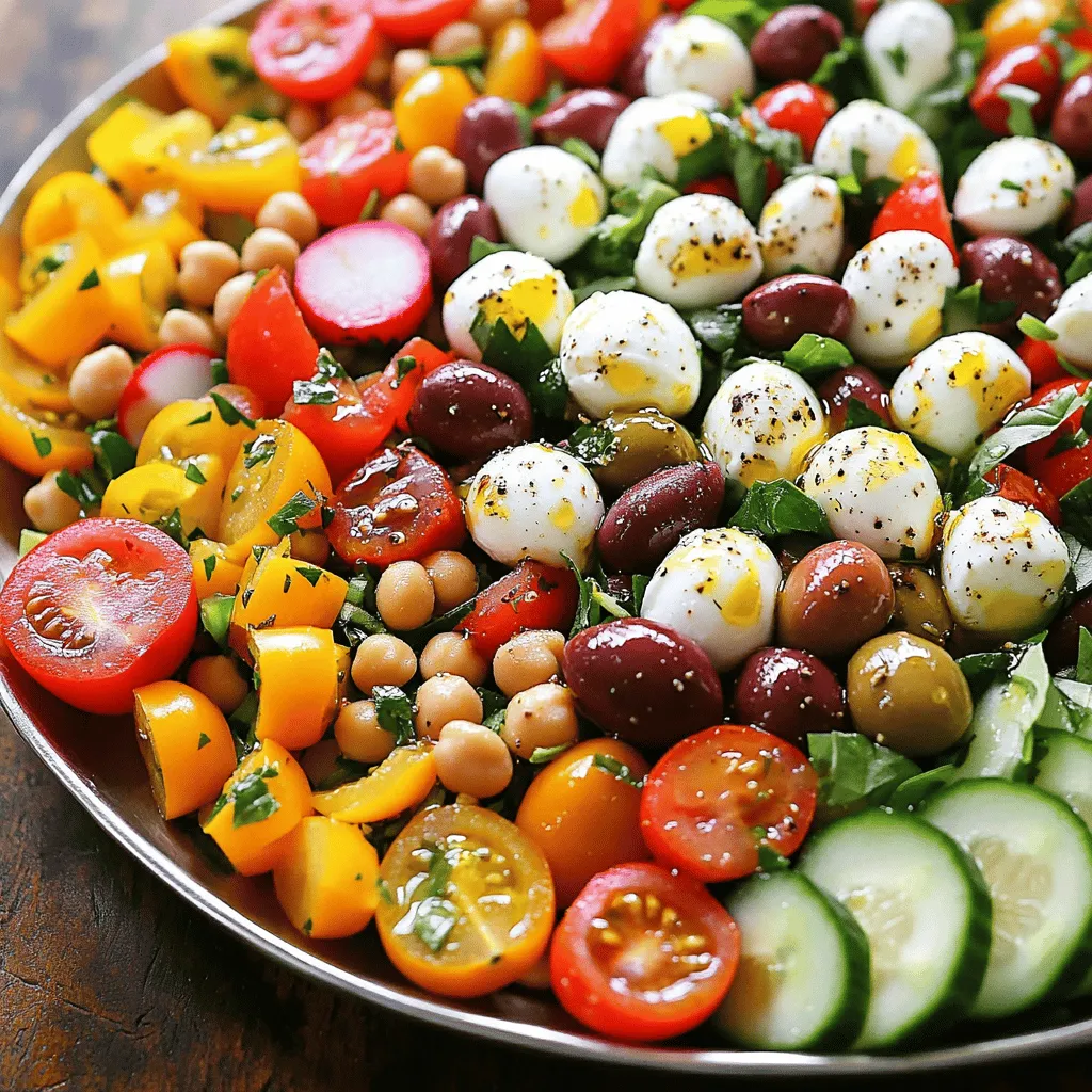 To create a bright and tasty Italian chopped salad, use these fresh ingredients: - Cherry tomatoes - Cucumber - Red bell pepper - Radishes - Garbanzo beans - Kalamata olives - Red onion - Fresh mozzarella - Fresh basil These veggies add color and crunch. The garbanzo beans give protein, while olives and mozzarella add richness. Each bite bursts with flavor, making this salad a delight. The dressing makes the salad shine. For a simple yet zesty mix, you will need: - Olive oil - Red wine vinegar (or balsamic vinegar) - Dried oregano - Salt and pepper Whisk these together to create a smooth dressing. It ties the whole salad together. You can adjust the vinegar for more tang or add herbs for extra flavor. This salad is not just tasty. It is also healthy. Here are some key points: - Calories per serving: About 200 - Macronutrient breakdown: High in fiber, healthy fats, and protein - Health benefits: Fresh tomatoes boost heart health, cucumbers hydrate, and basil has antioxidants Eating this salad helps you feel good and stay energized. It's a great choice for lunch or dinner. For the complete recipe, check the Full Recipe link. - First, gather your fresh ingredients. You need cherry tomatoes, cucumber, red bell pepper, radishes, garbanzo beans, Kalamata olives, red onion, and fresh mozzarella. - Next, combine all these ingredients in a large mixing bowl. This mix gives your salad a colorful and crunchy texture. - In a small bowl, whisk together olive oil, red wine vinegar, dried oregano, salt, and pepper. This dressing brings everything together with flavor. - Pour the dressing over the salad. Toss gently until every piece is coated. - Now, fold in the fresh basil. This step adds a fragrant touch. - Let the salad rest for about 10 minutes. This allows the flavors to meld and become even tastier. - Serve the salad in a shallow platter for a beautiful presentation. Garnish with extra basil and some cracked pepper. - If you want to swap ingredients, try using black beans or feta cheese for variety. - Remember, fresh herbs make a big difference in flavor. Always use them when you can. This Italian Chopped Salad is a fresh and flavorful delight that you will love! For the Full Recipe, check the recipe section above. Cutting your veggies the right way is key. For uniformity, I recommend using a sharp knife. Cut your cherry tomatoes in half and dice the cucumber and bell pepper into small pieces. Thinly slice the radishes for a nice crunch. This makes the salad look good and helps it mix well. Prepping your ingredients ahead of time saves you stress. Chop your veggies and store them in the fridge. You can also rinse the garbanzo beans and keep them ready. This way, when it's time to make the salad, you can just mix and serve. To boost the taste, adjust the dressing proportions. I like to add a little more olive oil for richness. If you prefer tang, increase the vinegar. You can also add some garlic or lemon juice for an extra pop. Marinating your salad is a great trick. Let it sit for about ten minutes after mixing. This helps the flavors blend and makes each bite tasty. You can even marinate the veggies in the dressing for a few hours before mixing. Choosing the right serving dish makes a difference. I suggest using a large, shallow platter. This way, everyone can see the colorful salad. It also helps the dressing spread evenly across the salad. Pair your Italian chopped salad with some crusty bread or grilled chicken. This makes for a complete meal. You can also serve it alongside pasta for a fun Italian-themed dinner. For the Full Recipe, check the section above. Enjoy creating this fresh and flavorful delight! {{image_2}} You can easily change the beans in your Italian chopped salad. Try black beans or kidney beans for a new twist. They add a different taste and texture. Cheese also has fun options. Swap fresh mozzarella for feta or goat cheese for a tangy kick. Each swap can create a unique flavor profile. If you're vegan, you can adapt this salad. Omit the cheese and use avocado for creaminess. You could also add nuts or seeds for extra crunch. For gluten-free eaters, this salad fits perfectly. All the ingredients are naturally gluten-free, making it a safe choice for everyone. Seasonal vegetables can make your salad fresh and exciting. In spring, add asparagus or peas. In summer, toss in zucchini or roasted corn. For themed salads, think about holidays. In fall, mix in roasted sweet potatoes and cranberries. In winter, add hearty greens like kale or Brussels sprouts. Each season brings new flavors to explore. To keep your Italian chopped salad fresh, follow these tips: - Use airtight containers. This helps to keep air out and moisture in. - Layer the ingredients wisely. Place heavier items, like cucumbers, at the bottom. - Store the dressing separately. This prevents sogginess and keeps the salad crisp. In the fridge, your salad can last about three to four days. - Check for wilted greens and off smells. These are signs of spoilage. - If it looks dull or slimy, it’s time to toss it out. Don't let leftovers go to waste! Here’s how to use them: - Mix leftover salad into a wrap or sandwich for a quick meal. - Toss it into a grain bowl with quinoa or rice for added texture. - Create a frittata. Just mix the salad with eggs and cook it in a skillet. These ideas help you enjoy the flavors of Italian chopped salad in new ways! For the full recipe, check the details above. You can add proteins like chicken or tuna. Grilled chicken gives a nice flavor. Canned tuna is quick and easy. Both options boost the salad's protein content. You can also use beans for a vegetarian twist. Adding hard-boiled eggs is another great idea. These additions make the salad a complete meal. Yes, you can prepare it ahead of time. Chop the veggies and store them in the fridge. Keep the dressing separate until you're ready to serve. This keeps the salad fresh and crisp. You can even mix it a few hours before serving. Just remember to toss it gently to avoid mushy veggies. A simple olive oil and vinegar dressing works perfectly. You can use red wine vinegar or balsamic vinegar. Both add a nice tang. You can also try adding some lemon juice for a fresh twist. For a creamier touch, consider a yogurt-based dressing. Experiment with herbs to find your perfect blend. Yes, Italian Chopped Salad is quite healthy. It’s packed with fresh veggies, which provide vitamins. The olives and olive oil add healthy fats. Garbanzo beans are high in protein and fiber. This combination helps keep you full longer. Overall, it’s a great option for a light meal or side. You can find the Full Recipe for Italian Chopped Salad above. It includes all the steps and ingredients you need to make this fresh and flavorful dish. Enjoy your cooking! Italian Chopped Salad combines fresh ingredients for a vibrant dish. You learned how to prepare a delicious salad and make a tasty dressing. We explored tips for efficient prep and enhancing flavors. You discovered healthy options and storage tips to extend freshness. Whether you enjoy it as a meal or a side, this salad is versatile and easy to customize. Enjoy experimenting with different flavors and ingredients to make it your own. Your next meal is all set to be fresh, flavorful, and fun!