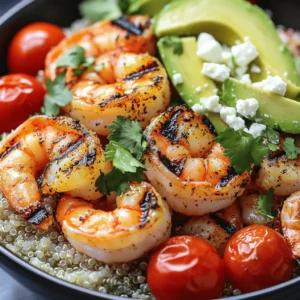 The main ingredients for a grilled shrimp bowl are simple and fresh. You need: - 1 pound large shrimp, deveined and peeled - 2 tablespoons olive oil - 2 teaspoons smoked paprika - 1 teaspoon garlic powder - 1 teaspoon cumin - 1/2 teaspoon salt - 1/4 teaspoon black pepper - 1 cup cooked quinoa - 1 cup cherry tomatoes, halved - 1 avocado, sliced - 1/4 cup fresh cilantro, chopped - Juice of 1 lime - 1/4 cup feta cheese, crumbled (optional) Each of these ingredients brings flavor and texture to your meal. The shrimp provide protein, while quinoa adds fiber. You can easily customize your bowl to suit your taste. Some optional ingredients include: - Sliced radishes - Black beans - Corn - Spinach or mixed greens - Other herbs like parsley or dill These additions give you endless possibilities. Feel free to use what you love or have on hand. The right seasonings make your shrimp shine. I recommend using: - Garlic powder for a savory kick - Smoked paprika for a hint of smokiness - Cumin for warm, earthy flavor You can also try other marinades. For a spicy twist, add cayenne pepper or chili powder. If you prefer a tangy taste, mix in some lemon zest or vinegar. Experimenting with flavors makes this dish exciting! For the full recipe, check out the detailed instructions above. To start, grab a mixing bowl. Add the olive oil, smoked paprika, garlic powder, cumin, salt, and black pepper. Whisk them together until they blend well. This mix adds flavor to the shrimp. Next, add your shrimp to the bowl. Toss them gently to coat in the marinade. Let the shrimp sit for about 15-20 minutes. This waiting time helps the shrimp absorb all those tasty spices. Once the shrimp marinate, it’s time to grill. Preheat your grill or grill pan on medium-high heat. After it’s hot, thread the shrimp onto skewers. Leave space between each shrimp. This helps them cook evenly. Grill the shrimp for 2-3 minutes on each side. Look for them to turn pink and opaque. Be careful not to overcook, or they will become tough. Now, let’s put it all together! Start by dividing the cooked quinoa into serving bowls. Next, place the grilled shrimp on top. Add the halved cherry tomatoes and sliced avocado around the shrimp. To finish, drizzle fresh lime juice over everything. Sprinkle with chopped cilantro and feta cheese if you like. Your vibrant, healthy meal is ready to enjoy! For the full recipe, check out the details above. To get the best grilled shrimp, start with a hot grill. Make sure it is medium-high heat. This helps the shrimp cook evenly. Use skewers to keep shrimp secure. Leave space between them for good airflow. Grill for about 2-3 minutes on each side. Watch closely; they cook fast. You want them pink and opaque. Overcooking can make shrimp tough. Fresh shrimp can taste great, but frozen shrimp is often just as good. Frozen shrimp is easy to find and can be very fresh. Look for shrimp that is wild-caught. Always check labels for quality. If using frozen shrimp, thaw it in the fridge overnight. Do not leave it out at room temperature. This keeps the shrimp safe to eat. If you have dietary needs, you can change this recipe. Use cauliflower rice instead of quinoa for a low-carb option. If you're vegan, swap shrimp for marinated tofu or tempeh. You can also skip the feta cheese if you're dairy-free. Customize the toppings to fit your diet. Add ingredients like bell peppers or black beans for extra flavor and nutrition. Enjoy the flexibility! {{image_2}} You can mix up the flavors in your grilled shrimp bowl. Try adding lime zest for a bright kick. A splash of soy sauce gives it a nice umami taste. You can also use fresh herbs like basil or mint for a twist. Each adds a unique taste to your meal. While quinoa is great, you can switch it up. Use brown rice for a nutty flavor. Cauliflower rice is a low-carb option that works well, too. For a hearty base, try farro or couscous. Each choice brings its own texture and taste. Toppings add fun and flavor to your shrimp bowl. Fresh corn adds sweetness and crunch. Black beans can give it a protein boost. You can also sprinkle on nuts for extra crunch, or add a dollop of yogurt for creaminess. Don't forget to try different cheeses like goat or parmesan for a new twist. After you enjoy your grilled shrimp bowl, store any leftovers in an airtight container. Make sure to cool the bowl to room temperature first. This keeps the shrimp and toppings fresh. Store the bowl in the fridge. It will stay good for up to three days. When you're ready to eat your leftovers, you can reheat them easily. Use the microwave for a quick option. Heat for 30 seconds at a time until warm. You can also use a skillet on medium heat. This helps keep the shrimp tender. Add a splash of water to help with steaming. If you want to save the bowl for later, freezing works well. First, store the grilled shrimp separately from the quinoa and toppings. Use freezer bags or airtight containers. This way, the shrimp stays fresh for up to three months. When you’re ready to eat, thaw them overnight in the fridge. Then, reheat as described above. Enjoy your flavorful meal anytime! For the full recipe, check out the recipe section above. You can tell shrimp are cooked when they turn pink and opaque. This usually takes 2-3 minutes on each side when grilling. If they curl tightly, that is another sign they are ready. Overcooking can make them tough, so keep an eye on them. Yes, you can prepare parts of this recipe ahead of time. Marinate the shrimp a few hours before grilling. You can also cook the quinoa in advance. Just store them separately in the fridge. Assemble the bowl right before serving for the freshest taste. You can serve a grilled shrimp bowl with a variety of sides. Consider adding a fresh green salad or some steamed veggies. You could also pair it with crusty bread or a light soup. The options are endless, so feel free to get creative! The Full Recipe for a Grilled Shrimp Bowl includes: - 1 pound large shrimp, deveined and peeled - 2 tablespoons olive oil - 2 teaspoons smoked paprika - 1 teaspoon garlic powder - 1 teaspoon cumin - 1/2 teaspoon salt - 1/4 teaspoon black pepper - 1 cup cooked quinoa - 1 cup cherry tomatoes, halved - 1 avocado, sliced - 1/4 cup fresh cilantro, chopped - Juice of 1 lime - 1/4 cup feta cheese, crumbled (optional) A grilled shrimp bowl is tasty and easy to make. We discussed key ingredients, steps to prepare it, and tips for grilling shrimp perfectly. Customizing your bowl lets you express your tastes. Don’t forget to store any leftovers right! Remember, the right seasonings can elevate the dish. Whether you prefer fresh or frozen shrimp, options exist for everyone. I hope this inspires you to try this fun meal. Enjoy cooking and making it your own!