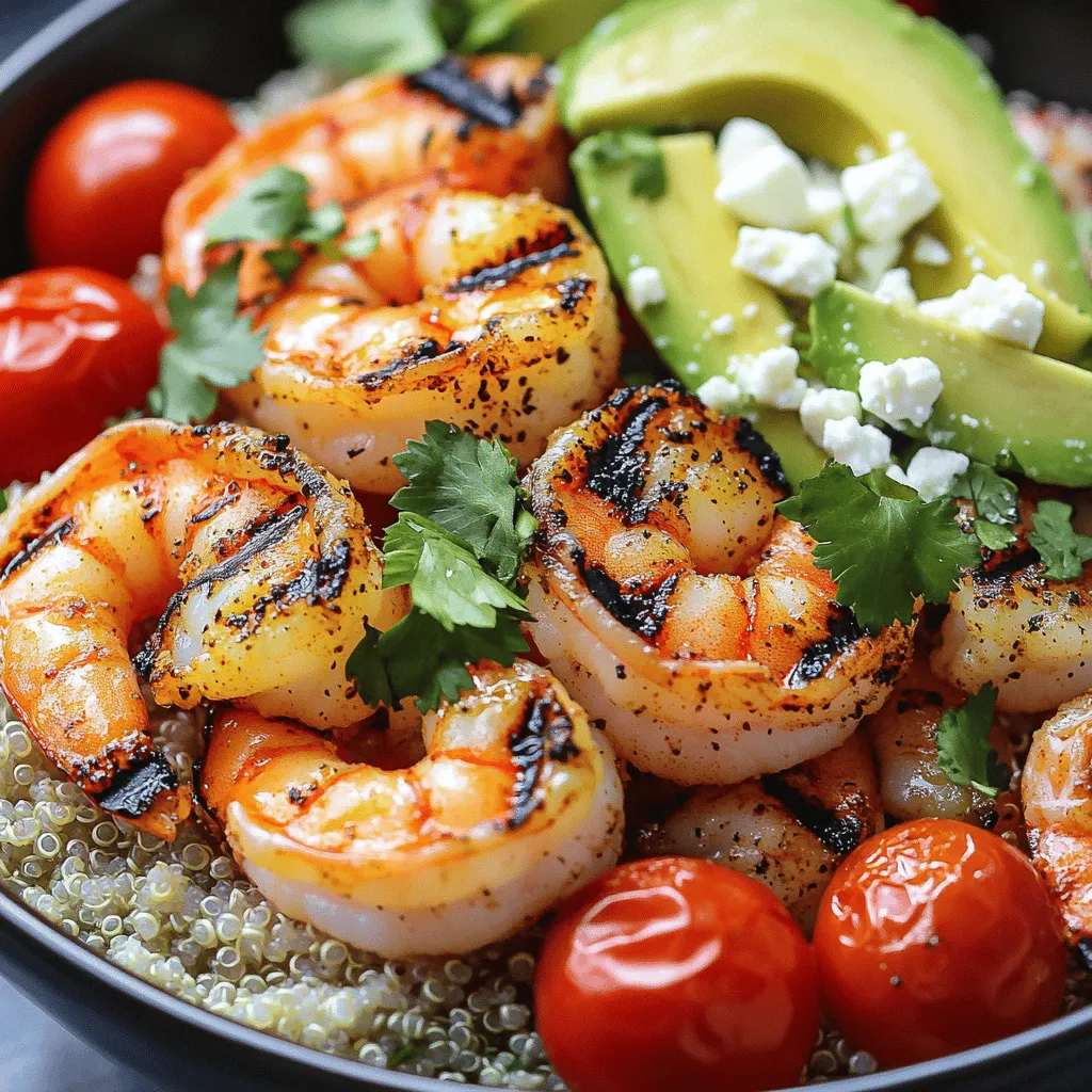 The main ingredients for a grilled shrimp bowl are simple and fresh. You need: - 1 pound large shrimp, deveined and peeled - 2 tablespoons olive oil - 2 teaspoons smoked paprika - 1 teaspoon garlic powder - 1 teaspoon cumin - 1/2 teaspoon salt - 1/4 teaspoon black pepper - 1 cup cooked quinoa - 1 cup cherry tomatoes, halved - 1 avocado, sliced - 1/4 cup fresh cilantro, chopped - Juice of 1 lime - 1/4 cup feta cheese, crumbled (optional) Each of these ingredients brings flavor and texture to your meal. The shrimp provide protein, while quinoa adds fiber. You can easily customize your bowl to suit your taste. Some optional ingredients include: - Sliced radishes - Black beans - Corn - Spinach or mixed greens - Other herbs like parsley or dill These additions give you endless possibilities. Feel free to use what you love or have on hand. The right seasonings make your shrimp shine. I recommend using: - Garlic powder for a savory kick - Smoked paprika for a hint of smokiness - Cumin for warm, earthy flavor You can also try other marinades. For a spicy twist, add cayenne pepper or chili powder. If you prefer a tangy taste, mix in some lemon zest or vinegar. Experimenting with flavors makes this dish exciting! For the full recipe, check out the detailed instructions above. To start, grab a mixing bowl. Add the olive oil, smoked paprika, garlic powder, cumin, salt, and black pepper. Whisk them together until they blend well. This mix adds flavor to the shrimp. Next, add your shrimp to the bowl. Toss them gently to coat in the marinade. Let the shrimp sit for about 15-20 minutes. This waiting time helps the shrimp absorb all those tasty spices. Once the shrimp marinate, it’s time to grill. Preheat your grill or grill pan on medium-high heat. After it’s hot, thread the shrimp onto skewers. Leave space between each shrimp. This helps them cook evenly. Grill the shrimp for 2-3 minutes on each side. Look for them to turn pink and opaque. Be careful not to overcook, or they will become tough. Now, let’s put it all together! Start by dividing the cooked quinoa into serving bowls. Next, place the grilled shrimp on top. Add the halved cherry tomatoes and sliced avocado around the shrimp. To finish, drizzle fresh lime juice over everything. Sprinkle with chopped cilantro and feta cheese if you like. Your vibrant, healthy meal is ready to enjoy! For the full recipe, check out the details above. To get the best grilled shrimp, start with a hot grill. Make sure it is medium-high heat. This helps the shrimp cook evenly. Use skewers to keep shrimp secure. Leave space between them for good airflow. Grill for about 2-3 minutes on each side. Watch closely; they cook fast. You want them pink and opaque. Overcooking can make shrimp tough. Fresh shrimp can taste great, but frozen shrimp is often just as good. Frozen shrimp is easy to find and can be very fresh. Look for shrimp that is wild-caught. Always check labels for quality. If using frozen shrimp, thaw it in the fridge overnight. Do not leave it out at room temperature. This keeps the shrimp safe to eat. If you have dietary needs, you can change this recipe. Use cauliflower rice instead of quinoa for a low-carb option. If you're vegan, swap shrimp for marinated tofu or tempeh. You can also skip the feta cheese if you're dairy-free. Customize the toppings to fit your diet. Add ingredients like bell peppers or black beans for extra flavor and nutrition. Enjoy the flexibility! {{image_2}} You can mix up the flavors in your grilled shrimp bowl. Try adding lime zest for a bright kick. A splash of soy sauce gives it a nice umami taste. You can also use fresh herbs like basil or mint for a twist. Each adds a unique taste to your meal. While quinoa is great, you can switch it up. Use brown rice for a nutty flavor. Cauliflower rice is a low-carb option that works well, too. For a hearty base, try farro or couscous. Each choice brings its own texture and taste. Toppings add fun and flavor to your shrimp bowl. Fresh corn adds sweetness and crunch. Black beans can give it a protein boost. You can also sprinkle on nuts for extra crunch, or add a dollop of yogurt for creaminess. Don't forget to try different cheeses like goat or parmesan for a new twist. After you enjoy your grilled shrimp bowl, store any leftovers in an airtight container. Make sure to cool the bowl to room temperature first. This keeps the shrimp and toppings fresh. Store the bowl in the fridge. It will stay good for up to three days. When you're ready to eat your leftovers, you can reheat them easily. Use the microwave for a quick option. Heat for 30 seconds at a time until warm. You can also use a skillet on medium heat. This helps keep the shrimp tender. Add a splash of water to help with steaming. If you want to save the bowl for later, freezing works well. First, store the grilled shrimp separately from the quinoa and toppings. Use freezer bags or airtight containers. This way, the shrimp stays fresh for up to three months. When you’re ready to eat, thaw them overnight in the fridge. Then, reheat as described above. Enjoy your flavorful meal anytime! For the full recipe, check out the recipe section above. You can tell shrimp are cooked when they turn pink and opaque. This usually takes 2-3 minutes on each side when grilling. If they curl tightly, that is another sign they are ready. Overcooking can make them tough, so keep an eye on them. Yes, you can prepare parts of this recipe ahead of time. Marinate the shrimp a few hours before grilling. You can also cook the quinoa in advance. Just store them separately in the fridge. Assemble the bowl right before serving for the freshest taste. You can serve a grilled shrimp bowl with a variety of sides. Consider adding a fresh green salad or some steamed veggies. You could also pair it with crusty bread or a light soup. The options are endless, so feel free to get creative! The Full Recipe for a Grilled Shrimp Bowl includes: - 1 pound large shrimp, deveined and peeled - 2 tablespoons olive oil - 2 teaspoons smoked paprika - 1 teaspoon garlic powder - 1 teaspoon cumin - 1/2 teaspoon salt - 1/4 teaspoon black pepper - 1 cup cooked quinoa - 1 cup cherry tomatoes, halved - 1 avocado, sliced - 1/4 cup fresh cilantro, chopped - Juice of 1 lime - 1/4 cup feta cheese, crumbled (optional) A grilled shrimp bowl is tasty and easy to make. We discussed key ingredients, steps to prepare it, and tips for grilling shrimp perfectly. Customizing your bowl lets you express your tastes. Don’t forget to store any leftovers right! Remember, the right seasonings can elevate the dish. Whether you prefer fresh or frozen shrimp, options exist for everyone. I hope this inspires you to try this fun meal. Enjoy cooking and making it your own!