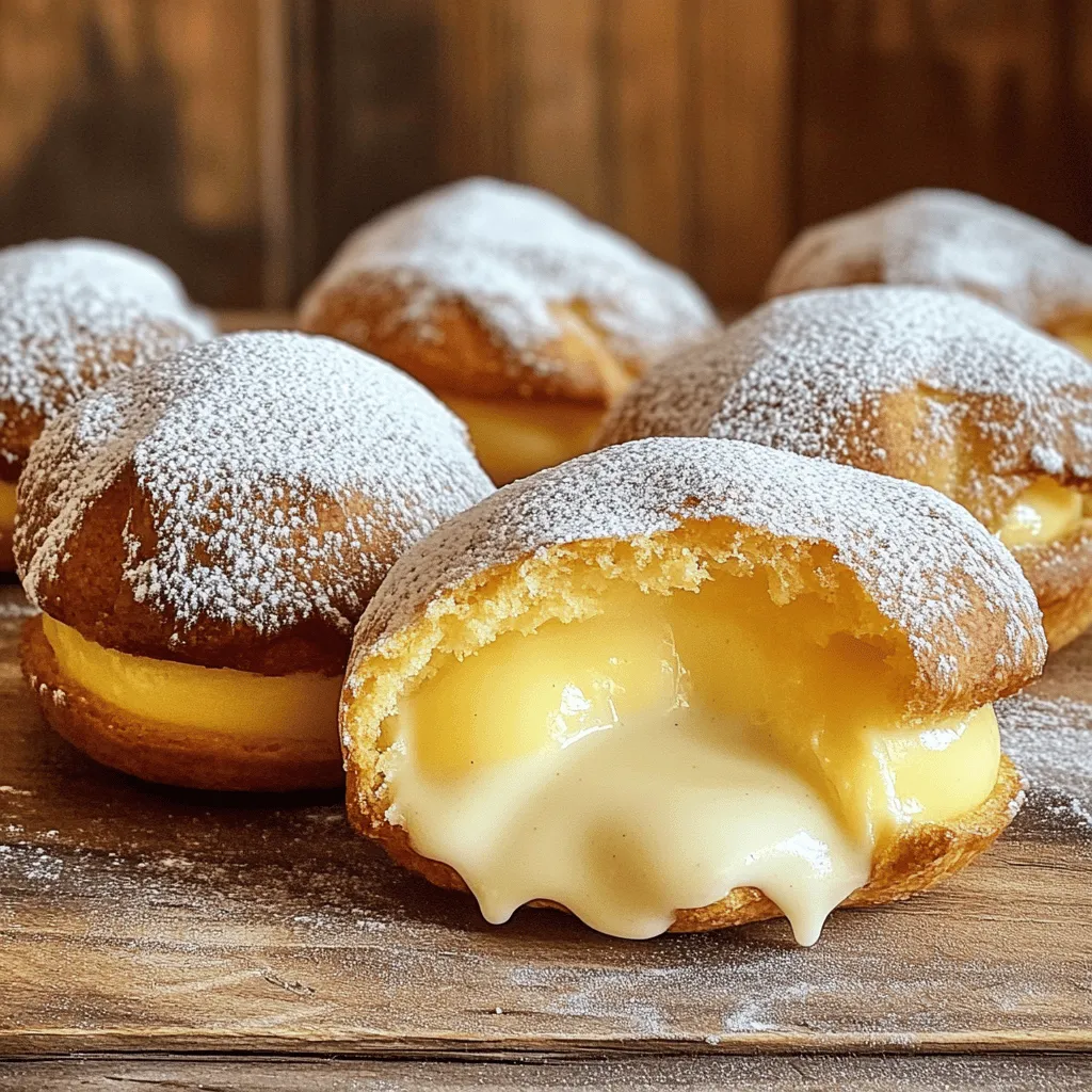 - 500g all-purpose flour - 70g granulated sugar - 10g instant yeast - 1 large egg - 2 egg yolks - 250ml whole milk, lukewarm - 50g unsalted butter, melted - 1/2 teaspoon salt - Vegetable oil for frying To make the fluffy bomboloni, you need quality ingredients. All-purpose flour gives the dough structure. Granulated sugar adds sweetness and helps with browning. The instant yeast makes the dough rise quickly. Eggs and egg yolks provide richness and moisture. Whole milk adds a nice texture and flavor. Unsalted butter makes the dough soft. Salt balances the sweetness. Finally, vegetable oil is key for frying, giving the bomboloni that golden crust. - 250ml whole milk - 2 egg yolks - 50g granulated sugar - 20g cornstarch - 1 tablespoon vanilla extract For the creamy custard, whole milk is your base. Egg yolks give it a rich, smooth texture. Granulated sugar sweetens the custard perfectly. Cornstarch thickens it, creating a lovely consistency. Vanilla extract brings in that classic flavor. This filling will make your bomboloni truly special. For the full recipe, check out the [Full Recipe]. Activating the yeast To start, mix warm milk and sugar in a large bowl. Then, sprinkle the instant yeast on top. Let it sit for 5-10 minutes. You want it to get frothy. This step is key for light and fluffy bomboloni. Mixing wet and dry ingredients Next, add the egg, egg yolks, melted butter, and salt to the frothy yeast mix. Stir until everything is combined. Slowly add the flour to this mixture. Keep mixing until you see a dough form. Kneading the dough Now, it’s time to knead! Dust your counter with flour and place the dough on it. Knead for about 10 minutes. You want a smooth and elastic dough. If it feels sticky, add a little more flour as needed. Heating the milk While the dough rises, prepare the custard. Pour the milk into a saucepan and heat it until steaming, but do not let it boil. This step helps to infuse flavor without burning the milk. Combining ingredients for custard In a bowl, whisk together the egg yolks, sugar, and cornstarch until it's smooth. Once the milk is hot, slowly pour it into the egg mixture while whisking. This helps to temper the eggs and avoid scrambling them. Cooking until thickened Return the mixture to the saucepan. Cook over medium heat, stirring constantly until it thickens. This should take about 5-7 minutes. Remove it from the heat and stir in the vanilla extract. Transfer the custard into a bowl and cover it with plastic wrap. This keeps a skin from forming. Cutting out dough circles Once the dough has risen, punch it down. Roll it out on a floured surface until it's about 1.5 cm thick. Use a cookie cutter to cut out circles, about 7.5 cm wide. Lay these on parchment paper. Second rise time Let the cut-out circles rise for another 30-45 minutes. This gives them a chance to puff up. Make sure to cover them with a cloth to keep them warm. Frying technique and temperature Heat vegetable oil in a deep fryer or heavy pot to 175°C (350°F). Fry the bomboloni in batches. Cook them for about 2-3 minutes on each side until they are golden brown. Once done, place them on paper towels to drain excess oil. Now your delicious Italian custard bomboloni is ready for filling and dusting with powdered sugar! Check out the Full Recipe for complete details. To make the best bomboloni, focus on the dough. Start with kneading. Knead the dough for about 10 minutes. This helps develop gluten. A smooth, elastic dough is what you want. For rising, find a warm place. The ideal temperature is around 75°F to 85°F. You can use the oven with a light on. Just make sure to cover the dough with a damp cloth. This keeps it moist as it rises. Now, let’s talk about frying. First, control the oil temperature. Heat the oil to 175°C (350°F). Use a thermometer for accuracy. If the oil is too hot, the bomboloni will burn. If it’s too cool, they will soak up oil. To avoid greasy bomboloni, fry in small batches. This keeps the oil temperature steady. After frying, place them on paper towels. This helps absorb excess oil. Filling your bomboloni is fun! Use a piping bag for easy filling. Fill it with the cooled custard. Insert the tip into the side of each bombolone. Squeeze gently to fill it. To prevent spillage, don’t overfill. Just a tablespoon of custard is enough. This way, your bomboloni stay neat and tidy. Enjoy your tasty treat! For the complete recipe, check out the Full Recipe. {{image_2}} You can play with different flavors for your custard. Here are some ideas: - Chocolate custard: Mix in cocoa powder or melted chocolate. This adds a rich, sweet taste. - Lemon zest custard: Add fresh lemon zest for a bright, tangy flavor. It gives a refreshing twist. - Hazelnut custard: Stir in hazelnut paste or ground hazelnuts. This creates a nutty, creamy filling. Not a fan of custard? You can fill bomboloni with other tasty options: - Fruit jam options: Use your favorite jam like raspberry or strawberry. This adds a fruity burst. - Whipped cream options: Light and fluffy whipped cream makes a sweet filling. You can mix in vanilla or other flavors. The topping can change the whole look and taste of your bomboloni. Here are some choices: - Glazes vs. powdered sugar: A sweet glaze gives a shiny finish. Powdered sugar adds a classic touch. Choose what you like best. - Sprinkles and other decorations: Add colorful sprinkles for fun. You can also use chocolate shavings or nuts for extra crunch. These variations let you customize your bomboloni. Feel free to mix and match flavors, fillings, and toppings. Get creative! For the full recipe, check out the details above. To keep your bomboloni fresh, store them at room temperature. Place them in an airtight container. This helps them stay soft for one to two days. Avoid stacking them to prevent squishing. If you want to keep them longer, refrigeration is an option. However, this can change their texture. If you choose to refrigerate, wrap each bombolone in plastic wrap. This keeps them moist and prevents them from drying out. Freezing bomboloni is a great way to save leftovers. To freeze the dough, shape it into balls before the second rise. Place them on a baking sheet lined with parchment paper. Freeze them until firm, then transfer them to a freezer bag. They can last up to three months this way. When you’re ready to enjoy them, defrost the dough in the fridge overnight, then let it rise again before frying. If you freeze fried bomboloni, let them cool completely first. Wrap them in plastic wrap and place them in a freezer bag. To reheat, bake them in a preheated oven at 350°F (175°C) for about 10 minutes. This restores their warm, delightful texture. Enjoy your bomboloni fresh, even after freezing! For a full recipe, check out the details above. Bomboloni and doughnuts both offer sweet joy, but they differ in key ways. - Regional differences: Bomboloni hail from Italy, while doughnuts come from various cultures. - Textural variations: Bomboloni are light and airy, thanks to their yeast-based dough. Doughnuts can be denser, depending on the recipe. Yes, you can make bomboloni ahead of time! Here are some best practices: - Prepare the dough and let it rise. Then, punch it down and shape it. - Freeze the shaped dough. Place it on a baking sheet, freeze, and transfer to a bag. - When you're ready, let the dough thaw and rise again before frying. Homemade bomboloni taste best fresh, but they can last a few days. - Shelf life of homemade bomboloni: Store them in an airtight container at room temperature for about 2 days. - For longer freshness, refrigerate them, but they may lose some fluffiness. To make bomboloni, you need simple ingredients like flour, sugar, and eggs. This sweet treat includes a rich vanilla custard filling and offers various tasty options. Follow the guide for perfecting your dough and frying. Remember to store them right for the best taste. Experiment with flavors and fillings to find your favorite. Enjoy the satisfaction of creating these delicious Italian pastries at home. Your efforts will surely impress friends and family!