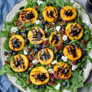 - Ripe peaches - Fresh blueberries - Mixed greens (arugula, spinach, baby kale) - Goat cheese - Candied pecans or walnuts - Olive oil - Balsamic vinegar - Honey - Salt and pepper This salad offers a tasty mix of flavors and good nutrition. Here’s a quick look at what you get: - Caloric Breakdown: Each serving holds about 250 calories. - Nutritional Benefits: - *Peaches*: Great source of vitamins A and C. - *Blueberries*: Packed with antioxidants and fiber. - *Mixed greens*: Loaded with vitamins and minerals. - *Goat cheese*: Provides protein and healthy fats. - *Candied nuts*: Add crunch and a bit of sweetness. This salad shines with its fresh ingredients. You gain flavor and health in each bite. For the complete recipe, check out the [Full Recipe]. 1. Start by preheating your grill or grill pan over medium-high heat. This helps to get those beautiful grill marks on your peaches. 2. Next, take your ripe peaches. Slice them in half and remove the pit. Brush the cut sides with a bit of olive oil. This small step keeps them from sticking to the grill. 3. Place the peach halves cut-side down on the grill. Cook them for about 3-4 minutes. You want to see nice grill marks and a little softness. 4. While the peaches grill, grab a large bowl. Combine the mixed greens and the fresh blueberries. This mix adds color and flavor to your salad. 5. Once your peaches are done, let them cool for a bit. Slice them into wedges and add them to the salad bowl. 6. Now, let's make the dressing. In a small bowl, whisk together the olive oil, balsamic vinegar, honey, salt, and pepper. This dressing ties all the flavors together. 7. Drizzle the dressing over the salad. Gently toss everything to make sure it’s well coated. 8. For the last touch, sprinkle crumbled goat cheese and candied pecans or walnuts on top. This adds a lovely crunch and creaminess. This Grilled Peach Blueberry Salad is now ready to impress! Enjoy the fresh flavors and beautiful colors. To get those nice grill marks, brush the peach halves with olive oil. This step stops them from sticking. Place the peaches cut-side down on a hot grill. Cook for about 3-4 minutes. Look for golden marks and slight softness. This timing gives you a great texture. This salad pairs well with grilled chicken or shrimp. You can add some bacon for extra flavor. For presentation, use a large platter. Arrange the greens, grilled peaches, and blueberries in colorful layers. Top with goat cheese and nuts. Garnish with mint for a bright touch. If you want to change the dressing, try lemon juice instead of balsamic vinegar. You can also use maple syrup for sweeter flavor. Adjust the honey to your taste. This way, you can customize the salad to match your personal style. {{image_2}} You can change up the fruits in this salad for fun. Try using apricots or strawberries instead of peaches. Both fruits add a sweet touch. They also bring a new flavor to your dish. Each fruit adds its own twist. Cheese options can also be swapped. If you want a creamier taste, try feta cheese. It works well with the sweet fruit. You can also use a vegan cheese if you prefer. This keeps the salad fresh while fitting your diet. Making this salad vegan is easy. Just skip the goat cheese and replace it with a dairy-free option. You can also use nuts for added creaminess. For gluten-free needs, check your dressing. Most ingredients are naturally gluten-free. Low-calorie adjustments are simple too. Use less olive oil in the dressing. You can also skip the candied nuts. This keeps the salad light and healthy while still being tasty. You can change the ingredients based on what's available. In summer, fresh peaches shine. In fall, think about using pears. They add a nice crunch with a different flavor. Seasonal fruits make the salad fresh year-round. For holiday twists, add spices like cinnamon or nutmeg. These spices bring warmth to the dish. You could also add cranberries for a festive touch. This keeps your salad exciting and fitting for any occasion. To keep your salad fresh, store it in the fridge. Use airtight containers to prevent moisture loss. I recommend glass containers for easy visibility and safe storage. If you can, keep the dressing separate until you are ready to eat. This helps keep the greens crisp and the flavors bright. You should not reheat the salad. It is best enjoyed cold. If you want warmth, you can grill the peaches again. Just warm them slightly without cooking them too much. This way, you maintain the sweet taste and juicy texture. The salad will stay fresh in the fridge for 3 days. Keep an eye on the peaches and greens. Signs of spoilage include wilting greens or brown spots on the fruit. If you notice these, it’s best to toss them out. Enjoy your Grilled Peach Blueberry Salad while it’s fresh for the best taste! Yes, you can make this salad ahead of time. To do this, prepare the salad ingredients separately. Keep the mixed greens, blueberries, and grilled peaches in separate containers. This helps maintain freshness. You can mix everything right before serving. For best flavor, add the dressing just before eating. This keeps the greens crisp. You can pair this salad with grilled chicken or fish. The sweet peaches and tangy dressing go well with savory proteins. Add some toasted bread on the side for crunch. Season your proteins with herbs like thyme or rosemary to enhance the flavors. You can also serve it with a light white wine. Yes, this salad is great for meal prep. Make a larger batch on the weekend. Store the salad in containers for easy lunches during the week. Keep the dressing separate to avoid sogginess. This way, you can enjoy fresh salad all week long. Just remember to eat it within three to four days for the best taste. For the full Grilled Peach Blueberry Salad recipe, check out the [Full Recipe]. This article explored the Grilled Peach Blueberry Salad, highlighting its fresh ingredients, preparation steps, and nutritional value. We discussed grilling tips, serving ideas, and how to customize the salad. Remember, you can swap ingredients or adapt the recipe to fit your diet. Keep leftovers fresh and enjoy your delicious salad for days. Making this dish is fun and rewarding. Take your time, and savor every bite. Enjoy your cooking adventure!