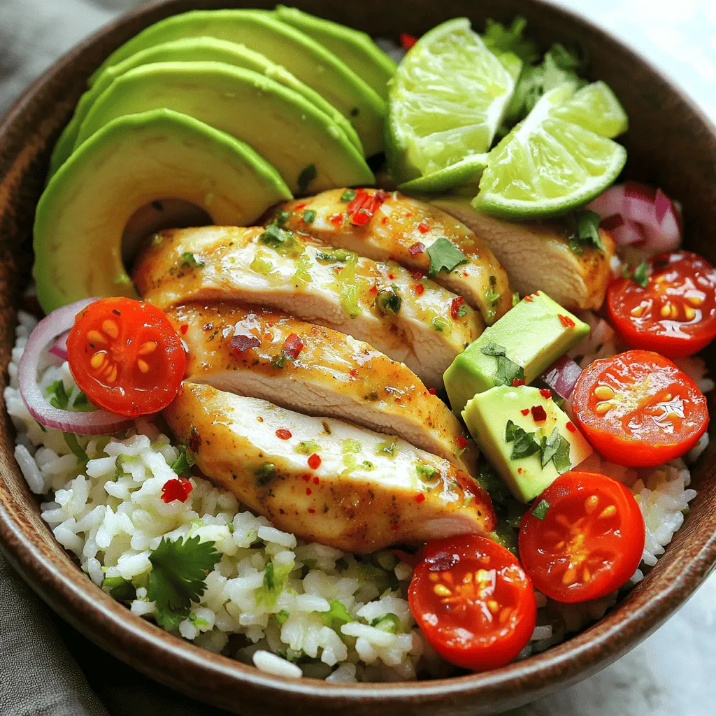 - 2 boneless, skinless chicken breasts - 1 cup uncooked jasmine rice - 2 cups chicken broth - 1/4 cup fresh cilantro, chopped - 1 lime (zested and juiced) - 2 tablespoons olive oil - 1 avocado, sliced - 1/2 cup cherry tomatoes, halved - 1/4 cup red onion, finely chopped - 1/4 teaspoon red pepper flakes (optional) The ingredients for the Cilantro Lime Chicken & Rice Bowl are simple yet vibrant. You start with chicken breasts, which are easy to cook. The jasmine rice provides a light and fragrant base. The chicken broth adds depth to the rice. For flavor, we use fresh cilantro and lime. The lime zest and juice brighten the dish. Olive oil gives the chicken a nice sear and keeps it moist. Toppings take this bowl to another level. Avocado adds creaminess, while cherry tomatoes give a sweet burst. The red onion adds crunch and a little bite. Red pepper flakes can kick up the heat if you like spice. Using these ingredients, you can create a colorful and tasty meal. This dish is perfect for a weeknight dinner. Check out the Full Recipe for all the steps to bring this flavorful delight to your table! To start, heat 1 tablespoon of olive oil in a medium saucepan over medium heat. Once hot, add the minced garlic and sauté it for about one minute. This brings out a great flavor. Next, add 1 cup of uncooked jasmine rice to the pan. Stir the rice for another minute to toast it lightly. Now, pour in 2 cups of chicken broth. Bring this mixture to a boil. After boiling, reduce the heat to low, cover, and let it simmer for about 15 minutes. The rice will absorb the broth, becoming tender and fluffy. While the rice cooks, let’s prepare the chicken. In a small bowl, mix the zest and juice of 1 lime with 1 teaspoon of ground cumin, 1 teaspoon of paprika, salt, and pepper. This mixture adds a bright flavor to the chicken. Heat the remaining olive oil in a large skillet over medium-high heat. Season 2 boneless, skinless chicken breasts with salt and pepper. Add the chicken to the skillet and cook for about 6 to 7 minutes on each side. Brush the lime mixture over the chicken during the last 2 minutes of cooking. This step ensures the chicken is juicy and full of flavor. When fully cooked, the chicken should reach an internal temperature of 165°F (75°C). Remove it from the skillet and let it rest before slicing it into strips. Once the rice is cooked, fluff it with a fork. Stir in the chopped cilantro and a squeeze of lime juice for extra zest. To build your bowl, start with a generous layer of cilantro lime rice. Then, add the sliced chicken on top. For a fresh crunch, layer on sliced avocado, halved cherry tomatoes, and finely chopped red onion. If you like a bit of heat, sprinkle some red pepper flakes on top. This recipe makes a colorful and satisfying dish that’s as tasty as it looks. You can find the full recipe here. - Always check the chicken's internal temperature. It should reach 165°F (75°C). - Let the chicken rest for a few minutes before slicing. This keeps it juicy. - Use fresh ingredients for the best taste. Fresh herbs make a big difference. - Don’t be afraid to experiment with spices. Try adding chili powder or cumin for more depth. - Pair your bowl with a fresh salad or crispy tortilla chips. This adds great texture. - Customize your toppings based on what you love. Try adding black beans or corn for extra flavor. These tips will help you create the best Cilantro Lime Chicken & Rice Bowl. For the complete process, check the Full Recipe. {{image_2}} You can easily switch up the protein in your bowl. If you want a change, swap chicken for shrimp or tofu. Shrimp cooks fast and adds a nice twist. Tofu is perfect for a plant-based option. You can also try grilled steak if you crave something heartier. Each option brings a unique flavor and texture. Rice is the base of this dish, but you have choices. Try brown rice for a nuttier taste. Quinoa is a great gluten-free alternative. If you want fewer carbs, use cauliflower rice; it’s light and tasty. You can also use flavored rice, like cilantro lime or Spanish rice, for an extra kick. For those watching carbs, consider leafy greens. You can use spinach or kale instead of rice. This keeps the dish light and fresh. If you want a vegan version, chickpeas work great. Pair them with avocado for creaminess and healthy fats. These changes can fit various diets while keeping your meal delicious! After enjoying your cilantro lime chicken and rice bowl, store leftovers in an airtight container. This keeps the flavors fresh. Best consumed within three days for optimal taste and safety. For longer storage, freeze the cooked chicken and rice separately. This helps maintain texture and flavor. When you're ready to eat, make sure to reheat thoroughly before serving. To reheat, use the microwave or stovetop for even warming. If the rice seems dry, add a splash of water. This helps restore moisture and keeps your bowl delicious. You can add more red pepper flakes or fresh jalapeños. These ingredients give a nice heat. If you like a kick, try mixing in both. Start small, then taste and adjust. This way, you control the spice level. Yes, you can prep the meal in advance. Store the rice, chicken, and toppings separately. This method saves time on busy days. Just reheat the chicken and rice when you are ready to eat. It still tastes fresh and delicious. You can use vegetable broth or water with bouillon cubes. Both options work well in this recipe. They add good flavor to the rice. If you want a lighter taste, water is also fine. Incorporate bell peppers, corn, or zucchini into the rice mixture. These veggies add color and nutrition. You can sauté them with the garlic for extra flavor. Feel free to mix in your favorites for a tasty twist. This recipe for Cilantro Lime Chicken & Rice Bowls is simple and tasty. You start with basic ingredients like chicken, rice, and broth. Then, season with lime and cilantro for that fresh flavor. Don't forget the toppings, as they boost the dish's appeal. Remember to follow the steps carefully for the best results. In the end, this meal is good for customizing with protein and veggies. Enjoy making it your own!