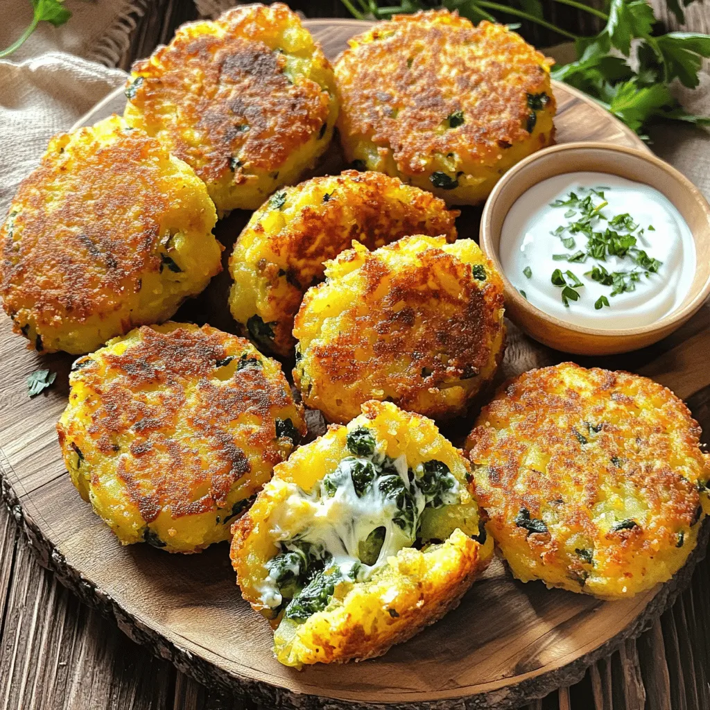 - 4 medium-sized potatoes, boiled and mashed - 1 cup finely chopped spinach - 1 cup grated cheese (cheddar or your choice) - 1/2 cup finely chopped onions - 2 cloves garlic, minced - 1 teaspoon paprika - 1/2 teaspoon black pepper - Salt to taste - 1/2 cup breadcrumbs (for coating) - 1/4 cup all-purpose flour (for dusting) - Oil for frying To make stuffed potato cakes, you need precise amounts. Here’s a guide: - Potatoes: 4 medium-sized will yield a good amount of cake. - Spinach: 1 cup adds color and nutrients. Adjust more or less based on your taste. - Cheese: Choose 1 cup of your favorite cheese for a creamy texture. - Onions: 1/2 cup gives a nice bite. You can use less if you prefer. - Garlic: 2 cloves add strong flavor; feel free to reduce. - Paprika and black pepper: Just a teaspoon and half a teaspoon bring warmth. - Salt: Add to taste, but start with 1/2 teaspoon. - Breadcrumbs: 1/2 cup is enough for a crispy outside. - Flour: Use 1/4 cup to dust the cakes, helping them hold together. - Oil: Enough for frying, about 1/2 inch deep in the pan. You can swap ingredients if needed. Here are some ideas: - Potatoes: Sweet potatoes work well for a different taste. - Spinach: Kale or Swiss chard can replace spinach. - Cheese: Try feta or mozzarella for a twist. - Onions: Green onions or leeks can add a milder flavor. - Garlic: Garlic powder can substitute fresh garlic if necessary. - Breadcrumbs: Use crushed cornflakes for a gluten-free option. - Flour: Almond or coconut flour can be great for gluten-free diets. For the full recipe, check out the [Full Recipe]. To start, gather your ingredients. You need fresh potatoes, spinach, cheese, onions, garlic, and spices. First, boil the potatoes until they are soft. This usually takes about 15 minutes. After boiling, mash them in a large bowl. Next, add the chopped spinach, grated cheese, onions, garlic, paprika, black pepper, and salt. Mix everything well with a fork or your hands until it is even. Now it's time to shape the potato mixture. Divide it into 8 to 10 equal parts. Roll each part into a patty shape. This makes them easy to fry later. To help them stick together, dust each patty lightly with all-purpose flour. Finally, roll them in breadcrumbs for a crispy finish. Next, heat oil in a frying pan over medium heat. You want enough oil to cover the bottom of the pan. Once the oil is hot, carefully place the potato cakes in the pan. Fry them for about 4 to 5 minutes on each side. They should turn a nice golden brown color. Make sure not to crowd the pan. This helps them cook evenly. When they are done, place them on a paper towel to drain any extra oil. For serving, arrange the potato cakes on a nice platter. You can add a side of tangy yogurt or sour cream for dipping. This adds a creamy contrast to the crispy cakes. To make your dish pop, sprinkle some fresh herbs like cilantro or parsley on top. This gives it a lovely color and fresh taste. Enjoy your delicious stuffed potato cakes! For the full recipe, check out the details above. To make great stuffed potato cakes, avoid a few common mistakes. - Use starchy potatoes, like russets. They give a fluffy texture. - Don’t over-mash the potatoes. A few lumps add character. - Make sure the filling is not too wet. This keeps the cakes from falling apart. - Let the patties chill for 10 minutes before frying. This helps them hold their shape. When it comes to frying, you have two main options: pan-frying and deep-frying. - Pan-frying: Use a non-stick skillet with enough oil to cover the bottom. This method gives a nice, crispy edge while using less oil. - Deep-frying: Heat oil in a deep pot. This method cooks the cakes evenly and gives a great crunch. However, it requires more oil and careful monitoring. You can easily amp up the flavor of your potato cakes. - Add fresh herbs like chives or dill for a bright taste. - Mix in spices like cumin or chili powder for a kick. - Try incorporating cooked bacon or sausage for a meaty twist. - A splash of lemon juice can add freshness. For the full recipe on making these delightful stuffed potato cakes, check out the Full Recipe. {{image_2}} You can get creative with your stuffed potato cakes! Try adding different fillings. Here are some ideas: - Meats: Cooked bacon, sausage, or chicken can add a nice kick. - Vegetables: Diced bell peppers, mushrooms, or zucchini work great. - Spices: Experiment with cumin, chili powder, or fresh herbs for a new taste. Mix and match these options to find your favorite flavors. The sky’s the limit! You can make stuffed potato cakes to fit special diets. For a vegetarian version, skip the meat and add more veggies. Use plant-based cheese for a vegan take. If you need gluten-free options, replace breadcrumbs with ground oats or gluten-free breadcrumbs. Always read labels carefully to ensure they fit your needs. Seasonal vegetables can change the game for your potato cakes. In spring, use fresh peas or asparagus. Summer brings zucchini and corn, while fall is perfect for squash or pumpkin. In winter, try root vegetables like carrots or parsnips. Using what’s in season makes your cakes more flavorful and fresh. For the full recipe, you can refer back to the earlier section. Enjoy experimenting with these variations! To keep your stuffed potato cakes fresh, let them cool first. Place them in an airtight container. You can refrigerate them for up to three days. For longer storage, freeze them in a single layer. Once frozen, move them to a freezer bag. This helps save space and keeps them from sticking together. To enjoy crispy potato cakes again, reheat them in a skillet. Use medium heat and add a little oil. Cook for about three to five minutes on each side. This method keeps the outside crispy. You can also bake them at 375°F for about 10-15 minutes. This option works well if you prefer a healthier approach. Stuffed potato cakes last for about three days in the fridge. In the freezer, they can stay good for up to three months. Just remember to label your containers. This way, you can keep track of what you have and when you made it. Enjoy your delicious potato cakes later, just like they were fresh! For the full recipe, check out the details above. You need about 15 minutes to prep. Cooking takes around 15 minutes. So, total time is 30 minutes. You can enjoy stuffed potato cakes in no time! Yes, you can bake them for a healthier option. Preheat your oven to 400°F (200°C). Lightly coat the cakes with oil and place them on a baking sheet. Bake for about 20-25 minutes, flipping halfway. This method still gives you a tasty treat with less oil! Serve your stuffed potato cakes on a platter. Pair them with tangy yogurt or sour cream for dipping. You can also add a side of fresh salad for a nice crunch. Garnish with herbs like cilantro or parsley for a pop of color. Check out the Full Recipe for more ideas! This blog post covered everything you need to know about making stuffed potato cakes. You learned about the key ingredients, measurements, and possible substitutes for any diet. The step-by-step instructions guide you through preparation and cooking. Plus, the tips and variations help you create different flavors. Lastly, we discussed storing leftovers and reheating for the best texture. Enjoy your cooking adventure and have fun experimenting with these tasty dishes!