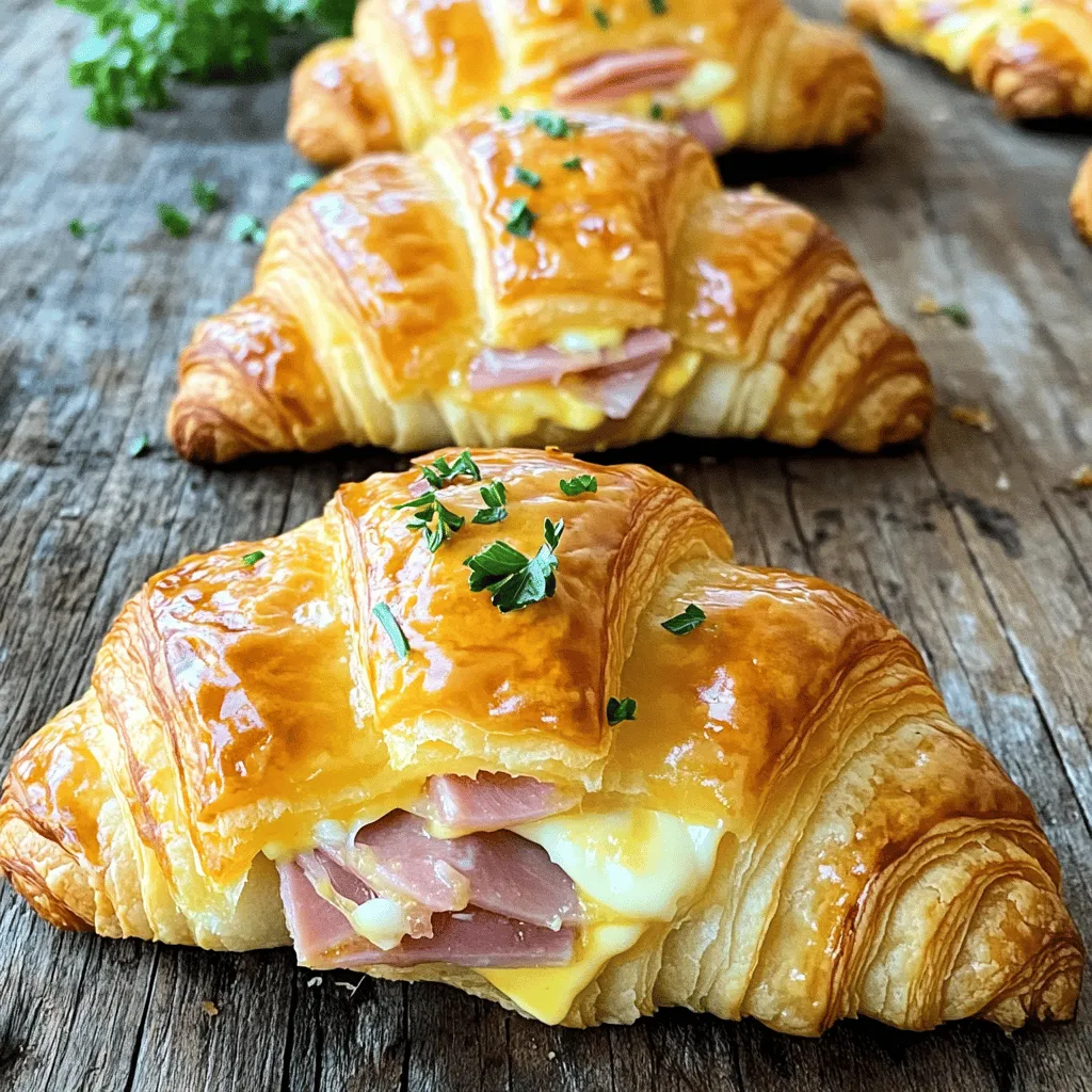 - 4 large buttery croissants - 8 slices of deli ham - 8 slices of Swiss cheese - 2 tablespoons Dijon mustard - 2 tablespoons unsalted butter, melted - 1 teaspoon garlic powder - 1 teaspoon fresh thyme (or ½ teaspoon dried) - Salt and pepper to taste - Optional: 1 tablespoon chopped fresh parsley for garnish You can easily swap ingredients to fit your taste. If you don’t have Swiss cheese, try cheddar or provolone. For ham, turkey or roast beef works well too. If you want to skip mustard, use mayonnaise or cream cheese. Fresh thyme can be replaced with oregano or basil. If you want a lower-fat option, use low-fat cheese. Each serving provides a balanced mix of protein and carbs. One croissant has about 400 calories. It contains around 20 grams of protein, 25 grams of fat, and 30 grams of carbs. This meal offers vitamins and minerals, too. The ham adds iron, while the cheese provides calcium. Enjoy this tasty meal while getting some nutrients! For the full recipe, check out Cheesy Dreamy Ham Croissants. 1. Preheat your oven to 375°F (190°C). This makes sure your croissants bake evenly. 2. Carefully slice each croissant in half lengthwise. Keep one side attached for easy filling. 3. Spread a thin layer of Dijon mustard on the inside of each croissant half. This adds a nice kick. 4. Layer two slices of deli ham and two slices of Swiss cheese inside each croissant. Make sure the ham and cheese are evenly spread. 5. Close the croissants gently. Place them on a baking sheet lined with parchment paper. 6. In a small bowl, mix melted butter, garlic powder, thyme, salt, and pepper. 7. Brush this garlic butter mixture generously over the tops of the croissants. This adds flavor and a golden finish. 8. Bake in the preheated oven for 12-15 minutes. Look for golden brown croissants with melted, bubbly cheese. 9. Remove from the oven and let them cool slightly. This makes them easier to handle. 10. For an extra touch, sprinkle chopped fresh parsley over the top before serving. This adds color and freshness. 11. Serve warm with a side salad or fresh fruit. Enjoy the crispy, cheesy goodness! You can find the full recipe for Cheesy Dreamy Ham Croissants here. To get crispy croissants, focus on the oven temperature. Preheat your oven to 375°F (190°C). This heat makes the layers of dough puff up. Brush the croissants with the garlic butter mix before baking. This gives them a nice golden color. Bake until they are brown and the cheese melts. Watch them closely, as oven times can vary. These croissants pair well with a variety of sides. A simple green salad adds freshness. You can also serve them with a bowl of soup. Tomato soup is a classic choice. For a drink, try sparkling water or a light white wine. These options balance the rich flavors of the croissants. One common mistake is overfilling the croissants. Too much ham or cheese can make them hard to close. Another mistake is not using enough butter. The garlic butter mix adds flavor and helps with browning. Make sure to slice the croissants carefully to keep them intact. Lastly, don’t skip the preheating step. It’s key for a great bake. For more details, check the Full Recipe to make your own Baked Ham and Cheese Croissants! {{image_2}} You can easily make a vegetarian version of baked ham and cheese croissants. Instead of ham, use roasted veggies like bell peppers or zucchini. Spread some pesto or hummus inside for added flavor. If you want a protein boost, add sliced avocado or beans. These swaps keep the dish tasty and satisfying. While Swiss cheese is classic, feel free to mix it up. Try sharp cheddar for a bolder flavor or creamy mozzarella for a milder taste. Gouda adds a nice smokiness, while pepper jack gives a spicy kick. Each cheese brings a unique twist. Experiment until you find your favorite blend. To enhance the taste, add herbs or spices. Fresh basil or oregano can brighten the dish. A sprinkle of red pepper flakes adds heat. You could also mix in caramelized onions or sautéed mushrooms for a savory touch. These extra flavors create a fun and exciting meal. For a full recipe on how to make these delicious baked ham and cheese croissants, check out the [Full Recipe]. To keep your leftover croissants fresh, place them in an airtight container. This helps to lock in moisture and keeps them soft. You can also wrap them in plastic wrap before putting them in the container. Store them at room temperature for up to two days. If you need to keep them longer, consider freezing. Reheating your croissants is easy. Preheat your oven to 350°F (175°C). Place the croissants on a baking sheet. Heat them for about 10 minutes, or until warm. This method keeps the croissants crispy. You can also use a microwave, but they may become soft. Heat for about 20 seconds, but check often. Freezing croissants is a great way to save them for later. Wrap each croissant tightly in plastic wrap. Place the wrapped croissants in a freezer bag. They can stay in the freezer for up to three months. When you are ready to enjoy them, just follow the reheating instructions. Enjoy your cheesy dream ham croissants anytime! You can find the full recipe [here]. Yes, you can use various types of ham. I often try honey-baked ham for a sweet twist. Black forest ham adds a nice smoky flavor. If you prefer turkey, that works too! Just make sure it slices easily. Each type of ham gives the croissant a unique taste. Feel free to experiment based on what you like! These croissants pair well with many sides. A fresh salad adds color and crunch. You can also serve them with a bowl of soup, like tomato or potato. Chips or pickles make great crunchy sides too. For a fun twist, try a fruit platter with grapes or berries. Each side enhances the meal experience! Customizing this recipe is easy. Start by changing the cheese. Cheddar or gouda can give a different flavor. You can add veggies too, like spinach or bell peppers, for extra nutrients. If you love spice, add jalapeños or red pepper flakes. For a sweet touch, try adding a slice of apple or pear. Don't hesitate to make it your own! For the full recipe, check out Cheesy Dreamy Ham Croissants! In this blog post, we covered the essential ingredients and simple steps to make tasty ham and cheese croissants. I shared tips for perfect crispness and pairing options to elevate your dish. We explored variations to fit dietary needs and discussed storage methods for freshness. Remember, with some practice and creativity, you can make delicious croissants tailored to your taste. Embrace the joy of baking, and enjoy your culinary creations!