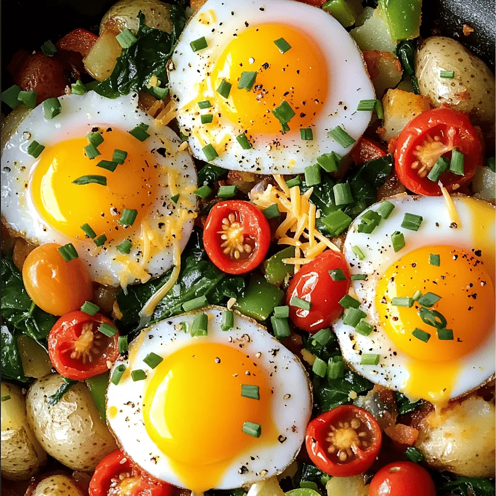 To make a loaded breakfast hash, you'll need: - 4 medium potatoes, diced - 1 bell pepper (red or green), chopped - 1 small onion, diced - 1 cup cherry tomatoes, halved - 1 cup spinach, roughly chopped - 4 large eggs These main ingredients form the base of your dish. The potatoes give a hearty feel. Bell pepper and onion add sweetness and crunch. Cherry tomatoes bring a burst of flavor, while spinach adds color and nutrition. The eggs serve as the star, adding richness. For flavor, use: - 1 teaspoon paprika - 1 teaspoon garlic powder - Salt and pepper to taste Seasonings are key in this dish. Paprika adds warmth, while garlic powder gives depth. Adjust salt and pepper to your liking. These simple spices elevate the whole meal. To finish, gather: - 2 tablespoons olive oil - 1/2 cup shredded cheese (cheddar or a blend) - Fresh herbs (parsley or chives) for garnish Toppings make your hash shine. Olive oil helps cook the potatoes perfectly. Cheese melts into gooey goodness. Fresh herbs brighten the dish and add a pop of color. You can find the Full Recipe to guide you further in making this delightful meal. First, heat 1 tablespoon of olive oil in a large skillet over medium heat. Next, add the diced potatoes. Season them with salt, pepper, paprika, and garlic powder. Stir to coat the potatoes evenly. Cook for about 10–15 minutes. Stir occasionally until the potatoes turn golden brown and become tender. Now, stir in the chopped bell pepper and onion. Keep cooking for another 5 minutes until the vegetables soften. After that, add the halved cherry tomatoes and spinach. Cook for an extra 2–3 minutes until the spinach wilts. Create 4 small wells in the hash. Crack an egg into each well. Cover the skillet with a lid. Let it cook for about 5 minutes. The egg whites should be set, but the yolks remain runny. If you want firmer yolks, cook them longer. Sprinkle shredded cheese over the entire hash. Cover the skillet for an additional minute. This will help the cheese melt nicely. Remove the skillet from the heat. Sprinkle fresh herbs over the top for added flavor. You can also add more salt and pepper if you like. Enjoy your Loaded Breakfast Hash! For the complete recipe, refer to the [Full Recipe]. For the best breakfast hash, choose starchy potatoes. I recommend using russet or Yukon Gold potatoes. They have a nice texture and crisp up well. Waxy potatoes like red potatoes can get mushy. Diced potatoes should be about the same size for even cooking. Aim for ½-inch cubes to ensure quick and uniform cooking. To cook eggs just right, you need to control the heat. For runny yolks, cover the skillet and cook for about 5 minutes. Check the whites; they should be set. If you want firmer yolks, let them cook a bit longer. Keep an eye on them to prevent overcooking. You can also crack the eggs into a bowl first, then slide them into the wells. Spice up your hash with extra flavors. Try adding a pinch of cayenne pepper for heat. Fresh herbs like thyme or rosemary elevate the taste. You can also toss in cooked bacon or sausage for a meatier option. A splash of hot sauce can really wake it up too. Don't shy away from experimenting to find your favorite combo! {{image_2}} You can make a tasty vegetarian version. Simply skip the meat. Instead, add more veggies. Try mushrooms, zucchini, or even sweet potatoes. These will boost flavor and texture. You can still enjoy all the spices. Just follow the same cooking steps from the Full Recipe. This version is healthy and filling. If you need a gluten-free meal, it's easy. Just check your seasonings. Some may have gluten. Use fresh herbs and spices instead. You can stick to the core ingredients like potatoes, eggs, and veggies. This way, you keep the dish safe and delicious. Explore flavors from around the world! Add spices like curry powder for an Indian twist. Or try smoked paprika for a Spanish flair. You can also use feta cheese for a Greek touch. Each option brings a new taste. This makes your breakfast exciting and unique! To keep your loaded breakfast hash fresh, store it in an airtight container. Let it cool to room temperature first. Cover the container tightly to prevent air from getting in. This helps keep the flavors strong. You can store it in the fridge for up to three days. When reheating, you want to keep the texture right. The best way is to use a skillet. Heat it on low and add a splash of water. Cover the skillet with a lid. This adds steam, keeping the hash moist. Stir occasionally until warm. You can also use a microwave. Place the hash in a bowl, cover it, and heat for about one to two minutes. Stir halfway to help it heat evenly. If you want to save some for later, freezing works great. First, let the hash cool fully. Then, place it in a freezer-safe container or bag. Remove as much air as you can. Label the bag with the date. You can freeze it for up to three months. To thaw, just move it to the fridge overnight. Reheat as mentioned above for the best taste. Yes, you can make Loaded Breakfast Hash in advance. To prep for the week, cook the hash without the eggs. Store it in an airtight container in the fridge. When ready to eat, add fresh eggs and cook. This method saves time on busy mornings. You can also reheat the hash in a skillet or microwave. Just add a splash of water to keep it moist. If you want a vegan or egg-free option, use silken tofu. Mash it and add it to the hash. You can also use chickpea flour. Mix it with water to make a batter and pour it in the wells. Another tasty choice is to use scrambled firm tofu, seasoned with turmeric and spices. This still gives you a protein boost while keeping it plant-based. To add heat, use jalapeños or diced chili peppers. Mix them in with the other veggies. For a different kick, sprinkle in some red pepper flakes. You can also use hot sauce for an easy heat boost. Try adding a spicy cheese, like pepper jack, for more flavor. Adjust the spice level to suit your taste. Absolutely! Loaded Breakfast Hash is not just for breakfast. You can serve it for dinner or brunch. Add some cooked sausage or bacon to make it heartier. Pair it with a fresh salad for balance. This dish works at any meal time, making it versatile and fun. Enjoy it any time you crave a warm, filling meal. This blog post covered how to make a delicious Loaded Breakfast Hash. We discussed the main ingredients like potatoes, bell peppers, and eggs. I shared step-by-step instructions, tips for perfecting your dish, and how to store leftovers. Remember, you can customize this dish with different flavors and make it fit your diet. I hope you enjoy creating your own version. Happy cooking!