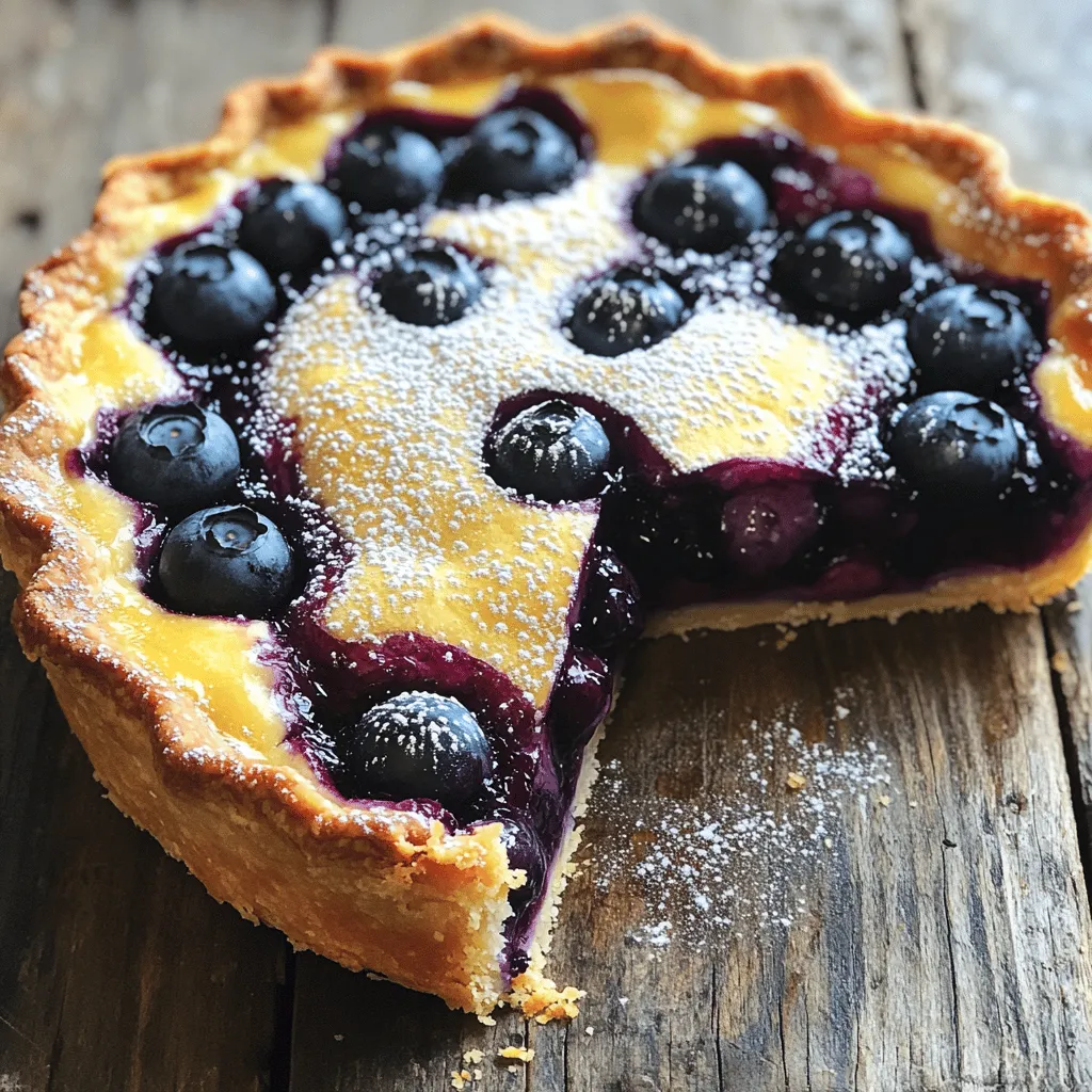 - 2 cups fresh blueberries - 1/4 cup granulated sugar - 1/4 cup all-purpose flour - 1 teaspoon baking powder - 1/2 teaspoon cinnamon - 1/4 teaspoon salt - 2 large eggs - 1/2 cup milk - 1 teaspoon vanilla extract - 1 tablespoon melted butter (for greasing) - Powdered sugar for dusting (optional) I love using fresh blueberries in this recipe. They add a sweet and tangy flavor. The granulated sugar helps balance the natural tartness of the berries. All-purpose flour gives the pie its light texture. Baking powder is key for the rise. A little cinnamon adds warmth and a nice aroma. Salt enhances all the flavors in the pie. Eggs bind everything together and give it structure. Milk adds moisture, making each bite soft. Vanilla extract gives a lovely depth to the taste. Greasing the dish with butter helps prevent sticking. If you want, dusting with powdered sugar makes it pretty and sweet. This simple list of ingredients makes a delicious treat! For the full recipe, check the details above. - Preheat the oven to 350°F (175°C). - Grease a 9-inch pie dish with melted butter. This step helps prevent sticking. - In a bowl, combine 2 cups of fresh blueberries with 1/4 cup of granulated sugar. Stir gently to coat the berries. Set aside to let them release their juices. - In another bowl, mix 1/4 cup of all-purpose flour, 1 teaspoon of baking powder, 1/2 teaspoon of cinnamon, and 1/4 teaspoon of salt. Whisk until well combined. - In a large bowl, beat 2 large eggs until frothy. Add 1/2 cup of milk and 1 teaspoon of vanilla extract. Mix until smooth. - Gradually add the dry mixture to the wet mixture. Stir until just combined. Be careful not to overmix; it can make the pie tough. - Gently fold in the blueberries and any juices from the berries into the batter. - Pour the batter into the greased pie dish, spreading it evenly. - Bake in the preheated oven for 35-40 minutes. Check when the top is golden brown and a toothpick comes out clean. - Once baked, remove it from the oven. Let it cool on a wire rack for about 10 minutes before serving. For the full recipe, refer to the earlier section. Enjoy your crustless blueberry pie! To ensure the perfect baking time, set your timer for 35 minutes. Check the pie with a toothpick. If it comes out clean, it's ready. If not, bake for a few more minutes. Each oven may vary, so keep an eye on it. To avoid overmixing, combine the wet and dry ingredients gently. Stir just until you see no dry flour. This will keep your pie light and fluffy. Overmixing can make it dense and tough. Dust with powdered sugar for a touch of sweetness. It adds a nice look too. A light sprinkle makes your pie feel fancy. Pair your slice with ice cream or whipped cream. The cold creaminess contrasts nicely with the warm pie. Try vanilla or a berry flavor to enhance the dish. Adding lemon zest can brighten the pie’s taste. Just a teaspoon will do. It gives a fresh kick that pairs well with blueberries. You can also substitute spices for unique tastes. Try nutmeg or cardamom for a twist. These spices add warmth and depth to your dessert. {{image_2}} You can make crustless blueberry pie healthier. Swap regular flour for gluten-free flour. Almond flour or coconut flour works well. You can also use low-sugar options. Try stevia or monk fruit sweetener. Both keep the sweetness without the calories. Mix up the flavors by adding other fruits. You can use mixed berries like strawberries or raspberries. Apples or pears also add a nice touch. Just chop them small so they bake well. This gives you a tasty twist on the classic pie. Want a vegan crustless blueberry pie? Replace the eggs with flaxseed meal. Mix 1 tablespoon of flaxseed with 2.5 tablespoons of water. Let it sit for a few minutes to thicken. For milk, use almond or oat milk. This keeps the pie creamy and delicious. You can enjoy this treat without any animal products. For more details, check out the Full Recipe. After you bake your crustless blueberry pie, let it cool. Once it's cool, you can store leftovers in the fridge. Use an airtight container to keep the pie fresh. A glass or plastic container with a tight lid works well. This way, your pie stays moist and tasty for days. If you want to keep your pie longer, you can freeze it. Make sure the pie is completely cool before freezing. Wrap it tightly in plastic wrap, then place it in a freezer-safe bag. This helps prevent freezer burn. When you’re ready to enjoy it, take it out of the freezer. Let it thaw in the fridge overnight for the best results. In the fridge, your crustless blueberry pie can last about 3 to 4 days. Always check for spoilage before eating. Look for signs like an off smell or a change in color. If you see or smell anything strange, it’s best to toss it out. Keeping an eye on your pie ensures you enjoy it at its best! Yes, you can use frozen blueberries. They work well in this pie. Just remember to thaw them first and drain excess juice. This prevents the pie from becoming too watery. Frozen blueberries may be a bit softer after baking, but they taste great! You can replace sugar with a natural sweetener like honey or maple syrup. Use about half the amount of sweetener compared to sugar. You can also try ripe mashed bananas or unsweetened applesauce for sweetness. Adjust the amount based on your taste. You can serve this pie with whipped cream or vanilla ice cream. Both add a nice touch to the warm pie. Fresh mint leaves also make a great garnish. For a fun twist, try a drizzle of chocolate sauce on top! - Can I make this pie ahead of time? Yes, you can bake it a day before. Just store it in the fridge. Reheat it in the oven for a few minutes before serving. - Is this pie gluten-free? You can make it gluten-free by using gluten-free flour. Just substitute it for the all-purpose flour in the recipe. - Can I add other fruits to this pie? Yes! You can mix in other berries or even diced apples. Experiment to find your favorite fruit combo! Crustless blueberry pie is easy and fun to make. You need simple ingredients like blueberries, sugar, and eggs. Follow the steps to bake this tasty treat and use my tips to perfect it. Remember, you can customize it with different fruits or make a vegan version. Store leftovers properly to enjoy later. This pie suits any occasion and pairs well with whipped cream or ice cream. Enjoy this fresh dessert that satisfies your sweet cravings!