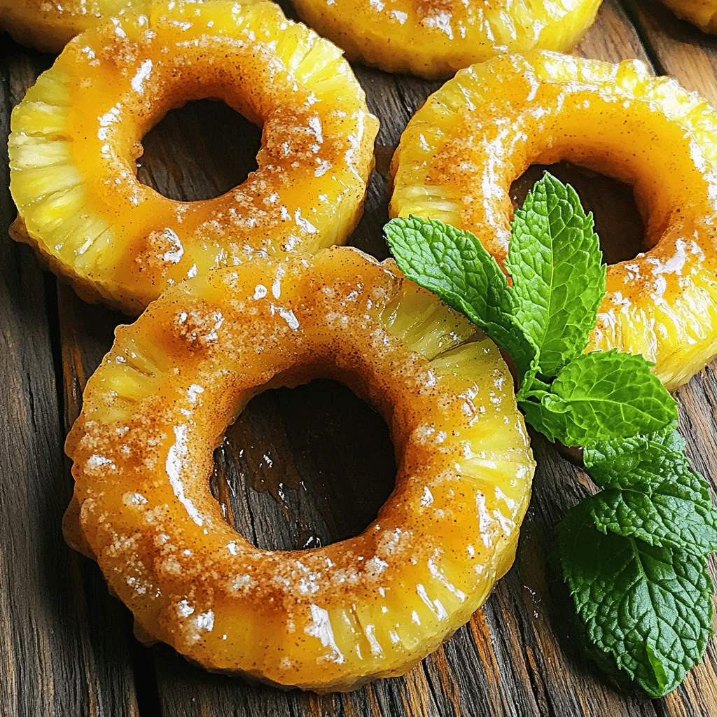 - 1 fresh pineapple, peeled, cored, and cut into rings - 3 tablespoons brown sugar - 1 teaspoon ground cinnamon - 1 tablespoon unsalted butter, melted - Pinch of salt - Optional: Fresh mint leaves for garnish To get the best taste, measure your ingredients carefully. Use a kitchen scale for accuracy. For volume, use measuring cups and spoons. Always level off dry ingredients to avoid too much sugar or spice. Quality matters too! Choose ripe, sweet pineapples for great flavor. Fresh brown sugar, ground cinnamon, and real butter will make a big difference. If you want a different sweet taste, use coconut sugar or maple syrup instead of brown sugar. Both will enhance the flavor too. For a dairy-free version, try coconut oil or vegan butter instead of unsalted butter. These swaps keep your dish tasty and fun! 1. Preheating the air fryer Start by setting your air fryer to 375°F (190°C). Preheat it for about 5 minutes. This step helps the pineapple cook evenly and caramelize nicely. 2. Preparing the pineapple rings Take one fresh pineapple and cut it into rings. Make sure to peel and core it first. Aim for about half an inch in thickness. This ensures they cook well and get that tasty caramelization. 1. Tossing pineapple in butter In a bowl, melt 1 tablespoon of unsalted butter. Dip the pineapple rings in the butter, coating them well. This adds flavor and helps the sugar stick. 2. Applying the sugar mixture In another bowl, mix 3 tablespoons of brown sugar, 1 teaspoon of ground cinnamon, and a pinch of salt. Sprinkle this mixture over the butter-coated pineapple rings. Make sure every ring is covered to get that sweet caramel flavor. 1. Cooking time and flipping tips Place the pineapple rings in a single layer in the air fryer basket. Cook them for about 8 to 10 minutes. Flip the rings halfway through to ensure they caramelize evenly. Look for a golden brown color. 2. Recommended serving methods Once cooked, let the rings cool for a few minutes. You can serve them as is or garnish with fresh mint leaves. They make a great dessert or a sweet treat for any meal. For the full recipe, check out the Easy Air Fryer Caramelized Pineapple. To get the best caramelized flavor, use fresh pineapple. Fresh fruit has more juice and flavor. Cut the pineapple into even rings. This helps them cook evenly. Avoid using too much sugar. Too much sugar can lead to burnt spots. Watch them closely while cooking to prevent overcooking. Common mistakes to avoid include not preheating the air fryer. Preheating helps the pineapple get a nice sear. Also, do not overcrowd the basket. If you pile the rings, they won’t caramelize well. Cook in batches if needed. Set your air fryer to 375°F (190°C) for the best results. This temperature helps the sugar melt and caramelize. Each air fryer is different, so check your manual for settings. Some air fryers cook faster than others. Make sure to flip the pineapple halfway through cooking for even caramelization. Understanding your air fryer’s capacity is key. If it’s too small, you might need to work in batches. Make sure there’s space around each ring for the hot air to circulate. This helps them cook evenly and get that perfect caramelized look. Caramelized pineapple pairs well with many foods. Try it with vanilla ice cream or yogurt. It also tastes great on pancakes or waffles. You can even use it as a topping for grilled meats. The sweet and smoky flavor adds depth to savory dishes. For creative presentations, stack the pineapple rings on a plate. Drizzle with honey or sprinkle with nuts for a crunch. You can also garnish with fresh mint leaves. This adds color and freshness to your dish. For the full recipe, check out the Easy Air Fryer Caramelized Pineapple. {{image_2}} You can add extra flavors to your caramelized pineapple. Try using spices like vanilla or nutmeg. They bring warmth and depth to the dish. A little citrus zest adds a fresh, zesty kick. Lemon or lime zest works well and brightens the flavor. Experiment with these additions to find your favorite. This recipe is easy to adapt for different diets. For a vegan option, swap the butter for coconut oil. It gives a nice flavor and works well in the air fryer. If you're watching your sugar intake, you can use a sugar substitute. Look for options that measure like brown sugar. This keeps the sweetness without the extra calories. You can use other fruits in this recipe. Try using peaches, apples, or bananas. Each fruit offers a unique flavor when caramelized. Pineapple has a bright, tropical taste, while apples add a crisp sweetness. Bananas bring a creamy texture. Adjust cooking times based on the fruit you choose for the best results. To keep your caramelized pineapple fresh, store it in an airtight container. Make sure it cools down first. This helps prevent moisture build-up. You can refrigerate it for up to three days. After that, it may lose flavor and texture. To reheat your caramelized pineapple, you have a few options. You can use the microwave for quick heating. Just heat it in short bursts to avoid mushiness. Another method is using the air fryer. Set it to 350°F (175°C) for about 3-5 minutes. This method keeps the pineapple's texture and flavor intact. Yes, you can freeze caramelized pineapple! First, let it cool completely. Then, place it in a freezer-safe bag or container. Remove as much air as possible. It can last up to three months in the freezer. When ready to eat, thaw it in the fridge overnight. Reheat it using the tips above for the best taste. Enjoy your Easy Air Fryer Caramelized Pineapple Delight! For the Full Recipe, check out the rest of this article. To slice a pineapple safely, start by placing it on a cutting board. Use a sharp knife. Cut off the top and bottom first. This gives a flat base. Stand the pineapple upright. Slice down the sides to remove the tough skin. Make sure to cut deep enough to get rid of the eyes. Once peeled, cut the pineapple into rings or chunks. Always be careful with the knife to avoid slips. Yes, you can use canned pineapple. Canned pineapple is easy and quick. It saves time in the kitchen. However, it can be softer than fresh pineapple. This may affect the texture. Fresh pineapple usually has a better flavor and crunch. If you use canned, drain it well. Pat it dry with paper towels to remove excess juice. You can tell the pineapple is done when it is golden brown. Look for a nice, caramelized finish on the outside. The texture should be soft but not mushy. If you press it lightly, it should give a little. Flipping the rings halfway helps with even cooking. Enjoy the sweet aroma as it cooks; it’s a good sign! In this blog post, I explored how to make delicious caramelized pineapple in an air fryer. We covered all the important ingredients and tips for the best results. I shared step-by-step instructions for preparation and cooking, along with helpful variations and storage info. Caramelized pineapple adds a sweet touch to many dishes. Now you have the knowledge to create this treat with ease. Enjoy the tasty results and feel free to customize!