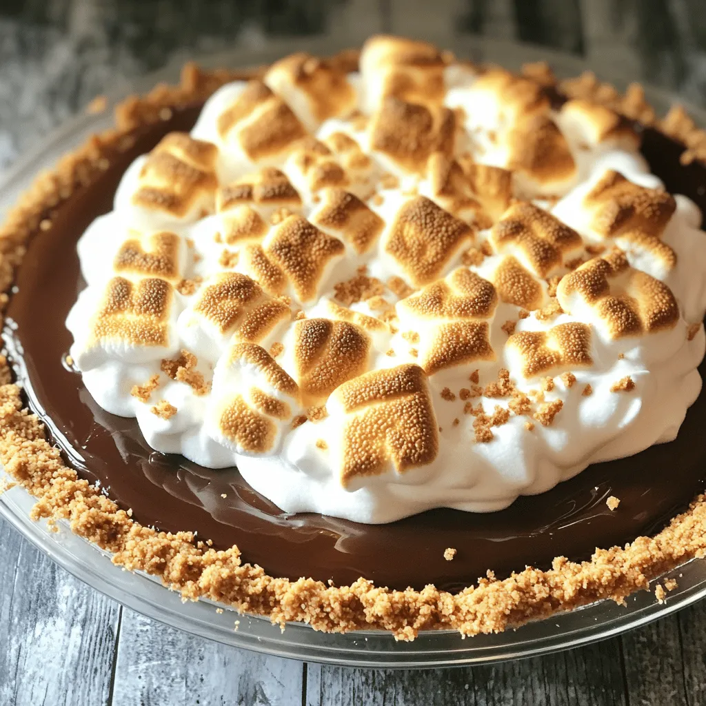 - 1 pre-made graham cracker pie crust - 1 cup chocolate chips (semi-sweet or milk chocolate) - 1 cup mini marshmallows - 1/2 cup heavy cream - 1/4 cup powdered sugar - 1 teaspoon vanilla extract - 1/4 cup crushed graham crackers (for topping) - Optional garnishes: chocolate shavings, additional mini marshmallows The main ingredients for Easy S'mores Pie are simple and easy to find. The graham cracker pie crust forms a sweet and crunchy base. You can choose either semi-sweet or milk chocolate chips for the filling. I love mini marshmallows for their soft texture and sweet flavor. For the additional ingredients, powdered sugar adds sweetness, while vanilla extract boosts flavor. Crushed graham crackers on top give a nice crunch. You can also add chocolate shavings or extra mini marshmallows for a fun touch. You can find the full recipe for this delicious pie above. - Preheat your oven to 350°F (175°C). - In a medium pot, heat the heavy cream until it simmers. - Stir in the chocolate chips until the mix is smooth. - Pour the chocolate into the graham cracker pie crust. - Scatter mini marshmallows over the chocolate layer. - Place the pie in the oven and bake for 5-7 minutes. - Watch for the marshmallows to turn golden and puffy. - Once baked, cool the pie for 10 minutes on the counter. - In a bowl, whip powdered sugar and vanilla into the remaining heavy cream. - Spread the whipped cream over the pie evenly. - Top with crushed graham crackers for a crunchy finish. For the full recipe, be sure to check the [Full Recipe] section. - Use room temperature ingredients for easier mixing. This helps blend everything smoothly. - Monitor marshmallows closely to prevent burning. They can go from golden to charred quickly. - Slice the pie into wedges for individual servings. It makes sharing easy and fun. - Drizzle with chocolate sauce for an elegant presentation. This adds a nice touch to each slice. - Experiment with flavored chocolate or toppings for a unique twist. Try adding mint or orange zest. - Chill the pie longer for enhanced flavor melding. This step makes the taste even better. For the full recipe, check out the Easy S'mores Pie. {{image_2}} You can change the taste of your Easy S'mores Pie. Here are a couple of fun ideas: - Substitute dark chocolate chips for a richer taste. Dark chocolate adds depth and complexity to the pie. - Incorporate peanut butter or Nutella for a different flavor profile. Both options give a creamy, nutty twist that pairs well with chocolate. If you or your guests have dietary needs, I have options for you: - Use gluten-free graham cracker crust for a gluten-free option. Most stores have gluten-free options that work great. - Consider dairy-free chocolate and cream for a vegan version. This choice makes the pie suitable for those avoiding animal products. You can find the full recipe above, which makes it easy to adapt to any of these variations! - Store in the refrigerator for up to 3 days. - Cover with plastic wrap to keep it fresh. When the pie is in the fridge, it stays cool and tasty. Keeping it covered helps prevent it from drying out. You can slice it before storing if you like. - Freeze for up to 2 months in an airtight container. - Thaw in the refrigerator before serving. If you want to save some pie for later, freezing works great. Just make sure to use a good container. When you are ready to enjoy it again, let it thaw in the fridge overnight. This keeps the flavors intact and makes it just as delicious as the first time. Don’t forget this recipe for your next treat: [Full Recipe]. - Follow the simple step-by-step directions outlined above. Start by melting the heavy cream and chocolate chips. Pour this smooth mix into your graham cracker pie crust. Then, add mini marshmallows on top and bake until golden. - Yes, you can choose semi-sweet, milk, or dark chocolate according to your preference. Each type will give a different taste. Milk chocolate is sweet, while dark adds richness. Semi-sweet is a great middle ground. - You can make a homemade crust or use a cookie crust instead. Consider using crushed cookies like Oreos or vanilla wafers. This swap can add a fun twist to your s'mores pie. This recipe for Easy S'mores Pie takes just a few ingredients and simple steps. You can whip up a tasty treat with chocolate, marshmallows, and a graham cracker crust. Remember, room temperature ingredients help mix well, and keeping an eye on the marshmallows prevents burning. Feel free to explore different flavors or toppings. Whether you enjoy it fresh or frozen, this pie is sure to delight. Enjoy making and sharing this sweet dish with friends and family!
