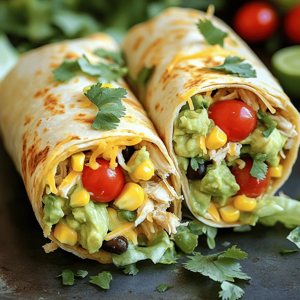 The Chicken Avocado Ranch Burritos offer a tasty blend of flavors. This dish is easy to make and perfect for any meal. You can whip it up in just 30 minutes. - 2 cups cooked chicken, shredded - 1 ripe avocado, mashed - 1 cup ranch dressing - 1 cup cherry tomatoes, halved - 1 cup shredded lettuce - 1/2 cup corn, canned or frozen (thawed) - 1/2 cup black beans, rinsed and drained - 1/2 cup shredded cheese (cheddar or Monterey Jack) - 4 large flour tortillas - 1 tablespoon lime juice - Salt and pepper to taste - Fresh cilantro, chopped (for garnish) You can change this recipe to suit your taste. Here are some ideas: - Add diced bell peppers for crunch. - Use Greek yogurt instead of ranch dressing for a lighter option. - Try different proteins, such as turkey or shrimp. - Add jalapeños for a spicy kick. - Substitute spinach for lettuce for added nutrition. Feel free to mix and match these ingredients to create your perfect burrito! Start by gathering all your ingredients. You will need cooked chicken, avocado, and ranch dressing. In a bowl, mix the shredded chicken, mashed avocado, ranch dressing, lime juice, salt, and pepper. Stir well until everything is combined. This creamy mixture is the heart of your burrito. Next, lay out your flour tortillas on a clean surface. Spoon about half a cup of the chicken-avocado mix onto the center of each tortilla. Top with cherry tomatoes, shredded lettuce, corn, black beans, and cheese. Carefully fold the sides of the tortilla over the filling. Then, roll it up from the bottom to secure the filling inside. Heat a non-stick skillet over medium heat. Place the burritos seam-side down in the skillet. Cook them for about two to three minutes on each side. Your goal is a golden brown and crispy exterior. Once they’re done, take them out and let them rest for a minute. Cutting them in half shows off all the delicious fillings inside. Serve your warm burritos with fresh cilantro on top. You can add some extra ranch dressing on the side for dipping. This adds flavor and a fun touch to your meal! Enjoy your tasty Chicken Avocado Ranch Burritos. For more details, check out the Full Recipe. To make perfect chicken avocado ranch burritos, start with warm tortillas. Warm tortillas are easy to roll and less likely to tear. Next, do not overfill. Using about 1/2 to 3/4 cup of filling keeps the burrito manageable. Spread the filling evenly in the center. This helps in rolling them tight. Lastly, cook them seam-side down first for a nice golden crust. One mistake is not seasoning the chicken. Adding salt and pepper to the chicken mixture boosts the flavor. Another common error is using cold ingredients. Cold fillings can make the burrito soggy. Always use ingredients at room temperature. Lastly, don’t skip the resting step after cooking. Letting them rest for a minute helps the flavors settle. Serve your burritos with extra ranch dressing on the side. It adds a nice touch for dipping. You can also pair them with tortilla chips and fresh salsa for crunch. A simple green salad makes a great side dish too. Garnish with fresh cilantro for color and flavor. For a fun twist, add some jalapeños for heat! {{image_2}} You can swap the chicken for other proteins. Try using cooked beef, pork, or shrimp. Each adds a new taste. For a lighter option, use turkey. You can even use tofu or tempeh for a plant-based choice. Adjust the cooking time based on your protein. To make this dish vegetarian, skip the chicken and add more beans. Black beans or pinto beans work well. For a vegan take, use a plant-based ranch dressing. Replace the cheese with vegan cheese or skip it entirely. You can also add more veggies for extra crunch and flavor. Tweak the flavors to match your taste. Add spices like cumin or chili powder for a kick. Fresh lime juice adds brightness. You might try adding diced bell peppers or jalapeños for heat. Mixing in fresh herbs like cilantro or parsley can elevate the taste. Each small change makes the burrito unique. For the full recipe, check out the Chicken Avocado Ranch Burritos 🥑 section. To store leftover burritos, wrap each one tightly in foil or plastic wrap. This keeps them fresh and prevents them from drying out. Place the wrapped burritos in an airtight container or a resealable plastic bag. Store them in the fridge for up to three days. Reheating burritos is easy. You can use the microwave or skillet. For the microwave, unwrap the burrito and place it on a microwave-safe plate. Heat for one to two minutes. Check to see if it’s warm all the way through. For a skillet, heat it over medium heat for three to four minutes per side. This method keeps the outside crispy. Freezing your burritos is great for meal prep. Wrap each burrito tightly in foil or plastic wrap. Then, place them in a freezer-safe bag. They can last up to three months in the freezer. When ready to eat, thaw in the fridge overnight. You can then reheat using the microwave or skillet. This keeps the flavors fresh and delicious. For full details, refer to the Full Recipe. Yes, you can make Chicken Avocado Ranch Burritos in advance. Wrap them tightly in foil or plastic wrap. Store them in the fridge for up to 24 hours. This helps the flavors blend well. When you are ready to eat, just heat them up in a skillet or microwave. They will taste fresh and delicious. If you want a different flavor, you can substitute ranch dressing. Try using Greek yogurt mixed with some garlic powder and herbs. You can also use salsa or guacamole for a twist. Each option adds a unique taste to your burritos. Experiment with what you like best. To make Chicken Avocado Ranch Burritos gluten-free, simply choose gluten-free tortillas. Many stores offer good options. Make sure that your ranch dressing is gluten-free too. Most brands are, but always check the label. Enjoy a tasty burrito without worry! For the complete cooking method, check out the Full Recipe. You can create delicious Chicken Avocado Ranch Burritos using simple ingredients and steps. We discussed the recipe overview, ingredients, and customization options for your taste. I shared tips to avoid common mistakes and suggested serving ideas. You also learned about different protein choices, vegetarian options, and how to store leftovers. In closing, enjoy making these burritos your own. Explore flavors and have fun in the kitchen!