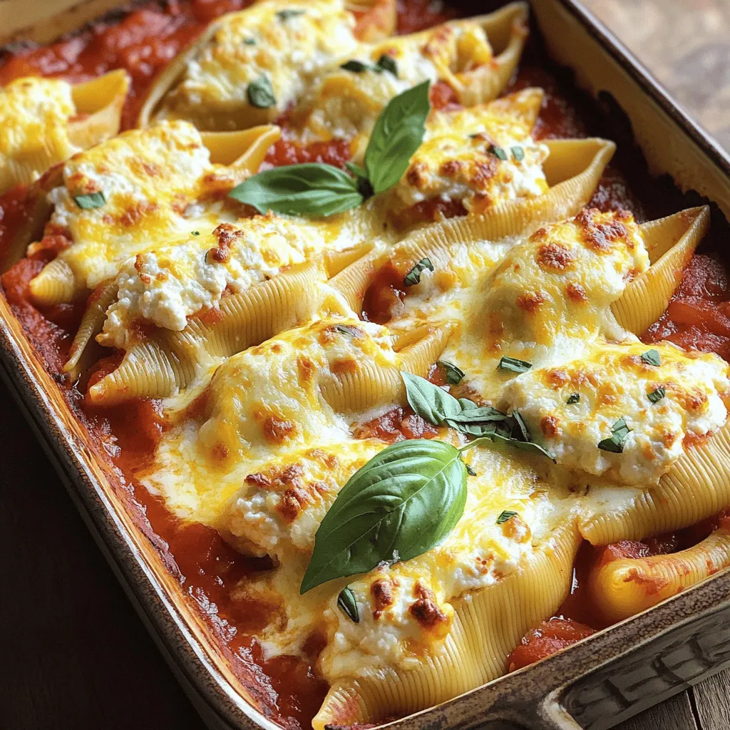 To make the best easy ricotta stuffed shells, gather these simple ingredients: - 20 large pasta shells - 2 cups ricotta cheese - 1 cup shredded mozzarella cheese - 1/2 cup grated Parmesan cheese - 1 egg - 2 cups marinara sauce - 1 tablespoon fresh basil, chopped - 1 teaspoon Italian seasoning - Salt and pepper to taste - 1 tablespoon olive oil - Fresh basil leaves for garnish These ingredients create a rich and creamy filling. The cheeses blend well, giving a nice flavor. The egg helps hold everything together. Marinara sauce adds a tasty layer on top. Fresh basil gives a pop of color and flavor. You can use homemade sauce, or a good store-bought one works too. Make sure the pasta shells are large enough to hold the filling. This recipe serves 4 to 6 people, making it great for family dinners. For the full recipe, check the section below! 1. Preheat the oven to 375°F (190°C). This step warms up the oven for baking. 2. Cook pasta shells until al dente. Follow the package instructions carefully. This usually takes about 8-10 minutes. You want them firm but not hard. 3. Drain and cool the shells. After cooking, pour them into a colander. Rinse with cold water to stop the cooking process. Set them aside on a baking sheet to cool slightly. 1. Mix ricotta, mozzarella, Parmesan, egg, basil, seasoning, salt, and pepper. In a large bowl, add 2 cups of ricotta cheese, 1 cup of shredded mozzarella, and 1/2 cup of grated Parmesan. Crack in 1 egg. Add 1 tablespoon of chopped fresh basil, 1 teaspoon of Italian seasoning, and a pinch of salt and pepper. Stir until everything is well blended and creamy. 1. Layer marinara sauce in the baking dish. Spread a thin layer of marinara sauce on the bottom of a 9x13 inch baking dish. This helps prevent the shells from sticking. 2. Fill the shells with the ricotta mixture. Use a spoon to carefully scoop the filling into each pasta shell. Place them seam-side up in the baking dish. 3. Pour remaining sauce and drizzle with olive oil. Once all the shells are filled, cover them with the rest of the marinara sauce. Drizzle 1 tablespoon of olive oil on top for extra flavor. 1. Cover and bake. Use aluminum foil to cover the dish. Bake for 25 minutes. This steams the shells and makes them tender. 2. Remove foil and finish baking. After 25 minutes, take off the foil. Bake for an additional 10 minutes until the cheese is bubbly and golden. These steps ensure that your ricotta stuffed shells turn out delicious and satisfying. For the full recipe, check out the details provided earlier. To make your ricotta filling shine, adjust the seasoning to suit your taste. I often start with a pinch of salt and pepper, then add more if needed. The balance of flavors is key. Using room temperature ingredients helps mix everything evenly. If your ricotta is cold, it may clump up. Let it sit out for about 30 minutes before you start. Cooking the shells just right is crucial. They should be al dente, so they hold the filling well. Follow the package instructions, but check them a minute or two early. To avoid a watery filling, drain your ricotta well. If it seems too wet, you can also add a bit of grated Parmesan. This will help absorb extra moisture. For a complete meal, pair your stuffed shells with a fresh salad. A simple green salad with lemon vinaigrette works great. Garnishing your dish can make it pop. Add fresh basil leaves on top for color and flavor. You can also sprinkle extra cheese before serving for a cheesy finish. For the full recipe, check out the detailed instructions provided. {{image_2}} You can make stuffed shells even heartier by adding meat. Ground beef or sausage works great. Just cook the meat first, then mix it with the ricotta filling. This adds a rich flavor that many love. You can also use chicken or turkey. Cook the meat, shred it, and fold it into the ricotta. This gives a lighter option while still being filling. For a veggie twist, add spinach or mushrooms. Spinach brings a nice color and flavor. Simply sauté the spinach and mix it into the cheese. Mushrooms add a great earthy taste. Just chop them finely and cook before mixing with the ricotta. You can also change the cheese. Try goat cheese or feta for a different flavor. These swaps make the dish fit various dietary needs. The sauce plays a big role in flavor. Instead of marinara, you might try a creamy white sauce. This gives a rich, smooth taste that pairs well with the shells. If you want some heat, go for a spicy arrabbiata. It adds a nice kick and can wake up your taste buds. Both options work well with the stuffed shells and let you customize the dish. For the full recipe, check out the link provided. After enjoying your ricotta stuffed shells, store any leftovers right away. Place them in an airtight container. Make sure to cover them with marinara sauce to keep them moist. Refrigerating is best. They will stay fresh for about three to four days. When reheating, I suggest using an oven. Preheat it to 350°F (175°C). Place the shells in a baking dish, cover them with foil, and heat for about 15 to 20 minutes. This keeps the cheese soft and the shells from drying out. You can also add a splash of marinara sauce before reheating for extra moisture. You can freeze ricotta stuffed shells for later! Start by letting the cooked shells cool completely. Then, place them in a single layer on a baking sheet. Freeze them for about an hour. Once frozen, transfer the shells to a freezer-safe bag or container. They can last up to three months in the freezer. To thaw, move the shells to the fridge the night before you plan to eat them. Reheat them in the oven at 350°F (175°C) for about 30 to 35 minutes. Cover with foil to avoid drying out. If you’re in a hurry, you can reheat them directly from frozen. Just add a little extra time to ensure they are heated through. For more details on making these delicious shells, check out the Full Recipe. Stuffed shells take about 35 minutes to bake. I first cover them with foil for 25 minutes. After that, I remove the foil and bake them for another 10 minutes. This step makes the cheese all bubbly and golden. Yes, you can prepare ricotta stuffed shells in advance. You can assemble them a day before. Just cover the dish and store it in the fridge. When you're ready to bake, just add a few extra minutes to the cooking time. If you need a substitute for ricotta, try cottage cheese or cream cheese. Blend them until smooth for a similar texture. You can also use goat cheese for a tangy flavor. To make gluten-free stuffed shells, use gluten-free pasta shells. Many brands offer great options now. Just check the package for cooking times, as they may vary. The best way to reheat stuffed shells is in the oven. Preheat to 350°F (175°C) and cover the dish with foil. Bake for about 20 minutes or until heated through. This keeps them juicy and tasty. This article guides you through making delicious ricotta stuffed shells. We explored the key ingredients, easy steps, and helpful tips for perfecting the dish. You can even customize it to fit your taste with different meats or sauces. Remember, storing leftovers properly keeps them fresh and tasty. Now you can impress others with this delightful meal. Cooking should be fun, so dive in and enjoy every bite!