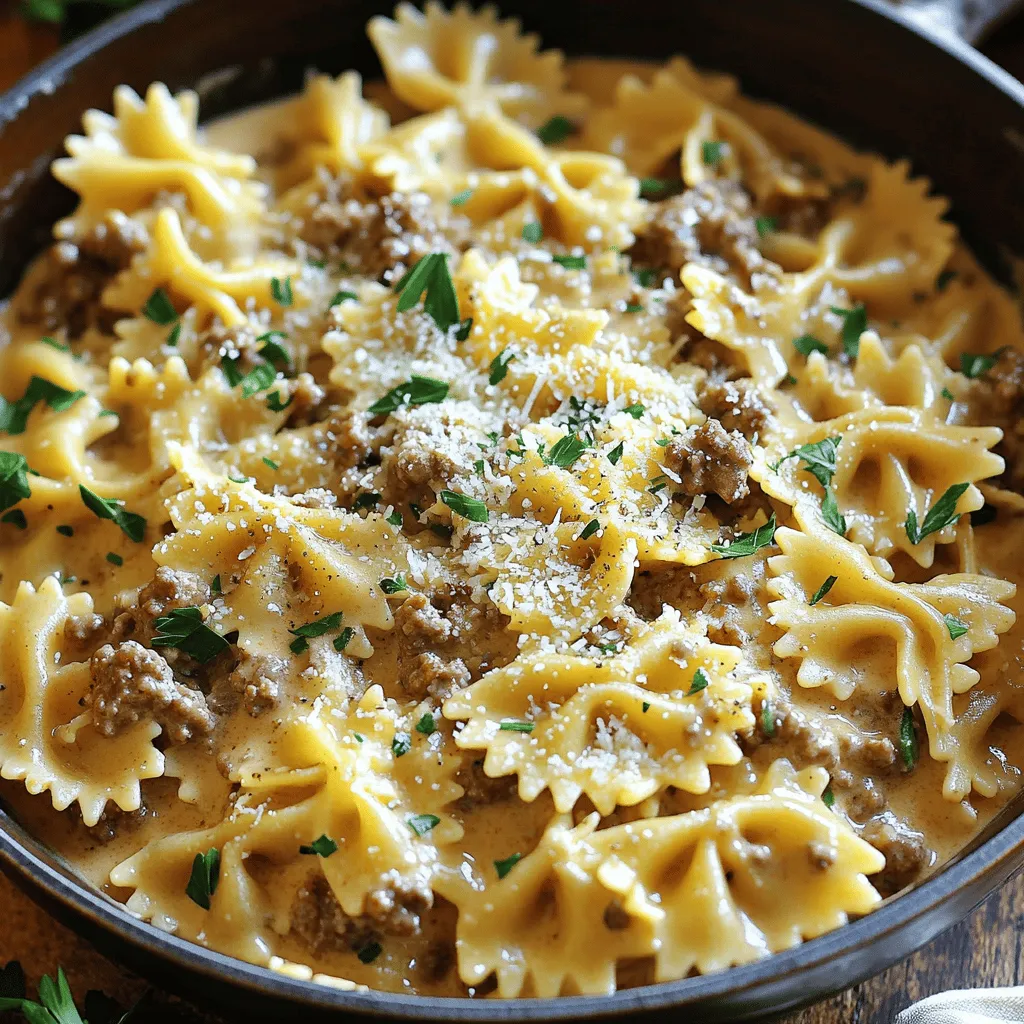 To make Creamy Parmesan Garlic Beef Bowtie Pasta, gather these key ingredients: - 8 oz bowtie pasta - 1 lb ground beef - 4 cloves garlic, minced - 1 cup heavy cream - 1 cup grated Parmesan cheese - 1 cup beef broth - 1 teaspoon Italian seasoning - Salt and pepper to taste - 2 tablespoons olive oil - 1 tablespoon fresh parsley, chopped (for garnish) These ingredients work together to create a rich and creamy dish full of flavor. If you need to make changes, here are some easy swaps: - Use any pasta shape you like if you can't find bowtie. - Ground turkey or chicken can replace the beef for a lighter option. - For a dairy-free version, try coconut cream and nutritional yeast instead of heavy cream and Parmesan. Adjusting measurements can help fit your taste or dietary needs without losing flavor. You can elevate this dish with a few extra touches: - Add red pepper flakes for some heat. - Toss in some spinach or broccoli for added nutrition. - Top with extra Parmesan or even some crumbled bacon for crunch. These garnishes and add-ins can make your dish more exciting and personalized. For the full recipe, check the details provided. Start by boiling a large pot of salted water. Once it boils, add the bowtie pasta. Cook it according to the package instructions until it is al dente. This usually takes about 10-12 minutes. Stir occasionally. Once done, drain the pasta and set it aside. Do not rinse; you want to keep the starch. In a large skillet, heat two tablespoons of olive oil over medium heat. Add one pound of ground beef to the skillet. Sprinkle it with salt and pepper. Brown the beef for about 5-7 minutes. Use a spoon to break it up as it cooks. You want it nice and crumbly. When it’s brown, stir in four cloves of minced garlic. Cook for another 1-2 minutes until the garlic smells nice. Now, pour in one cup of beef broth. Bring it to a gentle simmer. Reduce the heat to low and slowly add one cup of heavy cream. Stir it well and let it thicken a bit for about 2-3 minutes. Next, mix in one cup of grated Parmesan cheese and one teaspoon of Italian seasoning. Cook until the cheese melts and the sauce is creamy. Taste it and add salt and pepper if needed. Now, combine the cooked bowtie pasta with the sauce. Toss everything together, making sure the pasta is well coated. You can find the full recipe for more details. To boost flavor, use fresh herbs like basil or thyme. Fresh herbs add a bright taste. You can also add a splash of lemon juice for a zesty twist. Cheese choice matters too; try a mix of Parmesan and Pecorino Romano for depth. A pinch of red pepper flakes adds warmth without overpowering. Watch the heat while cooking the beef. High heat can burn the meat. Always simmer the sauce gently to prevent it from breaking. If the sauce gets too thick, add more beef broth or cream to loosen it. Additionally, remember to taste as you go. Adjust the salt and pepper to suit your palate. Start with a good base; always sauté garlic in oil. This brings out its rich flavor. Stir in the cream slowly, allowing it to blend well. Never let the sauce boil. Instead, let it simmer for a smooth finish. Finally, add cheese off the heat. This keeps it creamy and prevents clumping. For the full recipe, check the earlier section. {{image_2}} You can make this dish vegetarian by swapping beef for mushrooms or lentils. Mushrooms add a nice umami flavor. Lentils give protein and texture. Use vegetable broth instead of beef broth for extra flavor. You can still use the same creamy sauce with extra Parmesan for a rich taste. If you need gluten-free pasta, there are many choices available. Look for bowtie pasta made from rice or corn. These options cook well and taste great. Check the label to ensure the pasta is gluten-free. The creamy sauce works nicely with gluten-free pasta, keeping the dish tasty. You can jazz up this dish with more flavors. Try adding spinach or sun-dried tomatoes for a burst of color and nutrition. Fresh herbs, like basil or thyme, bring brightness to the dish. For a spicy kick, add red pepper flakes or a dash of hot sauce. These small changes can make a big difference. After enjoying your creamy Parmesan garlic beef bowtie pasta, you may have some left. To store leftovers, first let the pasta cool to room temperature. Then, transfer it to an airtight container. This helps keep the pasta fresh for later. Store it in the fridge for up to three days. When you are ready to eat the leftovers, reheating is simple. Place the pasta in a skillet over low heat. Add a splash of beef broth or cream to keep it moist. Stir often until heated through. You can also use the microwave. Just cover the bowl and heat in short intervals, stirring in between. This keeps the pasta creamy and delicious. If you want to save the creamy beef pasta for longer, freezing is a great option. First, let the pasta cool completely. Then, portion it into freezer-safe bags or containers. Make sure to remove as much air as possible before sealing. You can freeze it for up to three months. When you're ready to eat, thaw it overnight in the fridge. Reheat it as mentioned above. Enjoy a tasty meal without all the prep! Yes, you can use any pasta shape you like. Bowtie pasta is fun and holds sauce well. However, you could try penne, fusilli, or even spaghetti. Each shape will give a new twist to the dish. Just remember to adjust the cooking time based on the pasta you choose. To make this dish lighter, you can swap heavy cream for half-and-half or whole milk. You can also use lean ground beef or turkey. Add more veggies like spinach or zucchini for bulk without many calories. This change keeps the flavor while reducing the fat content. If you need a substitute for heavy cream, use a mix of milk and butter. Combine 3/4 cup of milk with 1/4 cup of melted butter. This mix will work in most recipes. You can also try coconut cream for a dairy-free option. It adds a nice flavor too. For the full recipe, check the details above. This blog post explored the key ingredients, step-by-step instructions, and useful tips for making a creamy pasta dish. We talked about essential ingredients, measuring, and optional garnishes. I shared the cooking methods, ways to enhance flavors, and common mistakes to avoid. In closing, remember to experiment with variations and use clever storage tips. These choices can help you make meals that suit your needs. Enjoy cooking and make each dish your own!