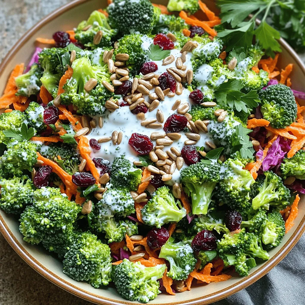 To make a great Broccoli Crunch Salad, you need fresh and colorful ingredients. I love using: - 4 cups fresh broccoli florets - 1 cup shredded carrots - 1 cup red cabbage, thinly sliced - 1/2 cup roasted sunflower seeds - 1/3 cup dried cranberries - 1/4 cup red onion, finely diced These ingredients bring a nice mix of textures and flavors. The crunchy broccoli pairs well with sweet carrots and tangy cabbage. Plus, the sunflower seeds add a delightful crunch. The dressing is key to tie all the flavors together. For this salad, I recommend: - 1/2 cup Greek yogurt - 2 tablespoons apple cider vinegar - 1 tablespoon honey - Salt and pepper to taste This dressing is creamy yet tangy. The yogurt adds richness, while the vinegar brings brightness. Honey balances everything nicely. To make your Broccoli Crunch Salad look even better, try these garnishes: - Extra sunflower seeds - A few dried cranberries - A fresh sprig of parsley These simple touches can make your salad pop! They add color and invite your guests to dig in. For the full recipe, check out the complete instructions. Start by preparing your fresh vegetables. Rinse the broccoli florets under cold water. Pat them dry with a towel. Cut the florets into bite-sized pieces. Place these in a large mixing bowl. Next, grab your shredded carrots and add them to the bowl. Then, take the red cabbage and slice it thinly. Add this to the mix as well. Finally, toss in the roasted sunflower seeds, dried cranberries, and finely diced red onion. This mix adds great crunch and sweetness to the salad. Now, let's make the dressing. In a smaller bowl, whisk together the Greek yogurt, apple cider vinegar, honey, salt, and pepper. Keep whisking until your dressing is smooth and creamy. This dressing will bring all the flavors together. You can taste it and adjust the salt or honey if you want it sweeter or saltier. Pour the dressing over the broccoli mixture. Gently toss everything together until all the veggies are coated. Cover the salad and chill it in the fridge for at least 30 minutes. This waiting time helps the flavors blend nicely. Just before serving, give the salad a quick stir. You can adjust the seasoning if needed. Serve it in a large, shallow bowl. For a nice touch, sprinkle extra sunflower seeds and cranberries on top. A sprig of parsley adds color too. For the full recipe, check out the details above! Chopping broccoli can seem tricky, but it’s easy once you know how. Start with fresh broccoli. Rinse it under cold water to clean it. Use a sharp knife and cut off the florets. Make sure to cut them into small, bite-sized pieces. This helps them mix well with other ingredients. You can also slice the stem into thin rounds. Don't waste any part of the broccoli; the stem is tasty too! The dressing makes this salad shine. If you like it tangy, add more apple cider vinegar. If you prefer sweetness, add a bit more honey. Taste the dressing as you mix. This way, you can get the flavor just right. You might want to add a pinch of salt or pepper to enhance the taste. Feel free to add herbs or spices if you want a unique twist. Meal prep helps you enjoy this salad all week. Make the salad a day ahead and store it in the fridge. This lets the flavors blend beautifully. When you’re ready to eat, give it a good stir. If it looks dry, add a splash of dressing. Serve in a large, shallow bowl for a nice display. Add extra sunflower seeds and cranberries on top for a beautiful touch. To keep it fresh, store leftovers in an airtight container. For a complete guide to making this delicious dish, check out the Full Recipe. {{image_2}} You can easily boost the protein in Broccoli Crunch Salad. Grilled chicken adds a savory touch. Simply slice it thin and mix it in. For a plant-based option, try chickpeas. Canned chickpeas work well; just rinse and drain them first. Both options make the salad more filling and hearty. Feel free to get creative! You can swap ingredients for new tastes. Instead of carrots, try diced bell peppers for a sweet crunch. If you prefer nuts, use almonds or walnuts in place of sunflower seeds. To change the dressing, use lime juice instead of apple cider vinegar. Each swap gives the salad a fresh twist! Seasonal ingredients can make this salad shine. In spring, add fresh peas or asparagus for a crisp bite. Summer calls for juicy tomatoes or corn for sweetness. In fall, try adding diced apples or roasted butternut squash. Winter brings hearty root veggies like shredded beets or carrots. Each season brings new flavors to enjoy! For more detailed cooking instructions, check the Full Recipe. To keep your Broccoli Crunch Salad fresh, use an airtight container. Place the salad in the container with a tight lid. This prevents air from getting in and keeps it crisp. If you have extra dressing, store it separately. This way, your salad won't get soggy. When stored properly, this salad lasts about 3 to 5 days in the fridge. The key is to keep it cold. If the salad starts to look or smell off, it’s best to throw it out. Freshness matters for taste and safety. To bring your leftover salad back to life, try these tips: - Add fresh ingredients: Toss in some new broccoli or carrots for crunch. - Mix in dressing: A little extra dressing can help revive the flavors. - Chill it: Let it sit in the fridge for a bit before eating. These simple tricks can make your leftover Broccoli Crunch Salad just as tasty as the first day. For a full recipe, check out the [Full Recipe]. Yes, you can make Broccoli Crunch Salad ahead of time. It tastes better after sitting. The flavors blend well when you chill it. Just keep it in the fridge. I recommend making it a few hours before serving. If you make it the night before, it will still taste fresh. If you need a substitute for Greek yogurt, try sour cream or mayo. Both work well in the dressing. You can also use dairy-free yogurt if you want. Each option changes the flavor a bit, but they all taste great. Yes, this salad is perfect for meal prep. It stores well in the fridge. Just keep the dressing separate if you want it crunchy. Mix it all together when you are ready to eat. You can enjoy it for lunch or dinner throughout the week. For the full recipe, check out the ingredients and instructions provided above. Broccoli Crunch Salad blends fresh veggies, a tasty dressing, and optional garnishes. We walked through how to prepare ingredients, make the dressing, and serve it well. Remember, you can adjust flavors to suit your taste. Use my tips for perfect chopping and easy meal prep. Feel free to add proteins or swap ingredients based on what you like. Store leftovers properly, and they can last a while. Enjoy making this salad vibrant and fun!