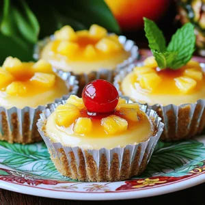 To make Mini Pineapple Upside-Down Cheesecakes, you will need: - 1 cup crushed graham crackers - 1/4 cup unsalted butter, melted - 2 tablespoons brown sugar - 8 oz cream cheese, softened - 1/2 cup granulated sugar - 1 teaspoon vanilla extract - 1/2 cup sour cream - 2 large eggs - 1 cup crushed pineapple, drained - Maraschino cherries, for garnish You'll need a few tools to make this dessert: - Muffin tin - Paper liners - Mixing bowls - Electric mixer - Spatula You can switch some ingredients if you need to: - Use coconut crumbs instead of graham crackers for a different flavor. - Swap sour cream with Greek yogurt for a tangy twist. - If you want it dairy-free, use a dairy-free cream cheese. - Maple syrup can replace granulated sugar for sweetness. These simple swaps can keep the recipe fun and fresh. Enjoy making your own version of these delightful cheesecakes! For the full recipe, check the previous section. First, gather your ingredients. You will need: - 1 cup crushed graham crackers - 1/4 cup unsalted butter, melted - 2 tablespoons brown sugar - 8 oz cream cheese, softened - 1/2 cup granulated sugar - 1 teaspoon vanilla extract - 1/2 cup sour cream - 2 large eggs - 1 cup crushed pineapple, drained - Maraschino cherries, for garnish Next, preheat your oven to 325°F (160°C). Line a muffin tin with paper liners. This helps with easy removal later. In a mixing bowl, combine the crushed graham crackers, melted butter, and brown sugar. Mix until everything sticks together. This will be your crust. Now, press about 1 tablespoon of the graham cracker mixture into the bottom of each muffin liner. This forms a nice base for your cheesecake. In a separate bowl, beat the softened cream cheese and granulated sugar until it becomes smooth. This step is key for a creamy texture. Add in the vanilla extract and sour cream. Mix well until everything is blended. Now, add the eggs one at a time. Mix on low speed until just combined. Be careful not to over-mix. This keeps your cheesecake fluffy. Gently fold in the drained crushed pineapple. This adds a sweet and tangy flavor. Pour the cheesecake batter evenly over the crusts in the muffin tin. Fill each liner about 3/4 full to allow for rising. Bake for 20-25 minutes. The edges should be set, but the centers will still jiggle slightly. This is normal. After baking, remove the tin from the oven. Let the cheesecakes cool to room temperature. This step is important to prevent sogginess. Once cooled, refrigerate the cheesecakes for at least 2 hours. This helps them set correctly. When ready to serve, carefully remove each cheesecake from the muffin tin. Top each with a maraschino cherry for a pop of color. For a fun presentation, place each mini cheesecake on a decorative plate. Drizzle with extra crushed pineapple for an extra tropical feel. Enjoy your delightful mini pineapple upside-down cheesecakes! For the full recipe, check the earlier section. To get the right texture, start with room temperature cream cheese. This helps mix it smoothly. When you beat the cream cheese and sugar, do it on low speed. Too much mixing adds air, which can make your cheesecake puff up and crack. Add eggs one at a time, mixing just until blended. Fold in the crushed pineapple gently. This keeps the mixture thick and creamy. These mini cheesecakes look great on a plate. Place each one on a colorful dish. Drizzle extra crushed pineapple over the top. Add a maraschino cherry for a fun touch. You can also sprinkle some toasted coconut for added flavor and crunch. Serve with whipped cream on the side for a rich finish. Pair these cheesecakes with a light drink. A chilled glass of coconut water works well. You can also try a fruity iced tea or lemonade. If you're feeling fancy, a scoop of coconut sorbet complements the tropical taste. These pairings make your mini pineapple upside-down cheesecakes even more delightful. For the full recipe, check out the recipe link. {{image_2}} You can change the flavor of your mini cheesecakes easily. Try adding coconut for a tropical twist. Just mix in 1/4 cup of sweetened shredded coconut with the crushed pineapple. For a chocolate version, add 1/4 cup of cocoa powder to the cream cheese mix. You can also use different fruits, like mango or peach, for exciting new tastes. Each option brings its unique flair, making every bite fun. Toppings can make your mini cheesecakes even better. Aside from maraschino cherries, you can add fresh fruit slices. Strawberries, kiwis, or blueberries work well. If you love nuts, sprinkle some chopped pecans or walnuts on top. Drizzling caramel or chocolate sauce adds a sweet touch too. These toppings not only look great but also add new flavors and textures. You can make these mini cheesecakes gluten-free easily. Use gluten-free graham crackers or almond flour for the crust. For a dairy-free option, swap cream cheese and sour cream with vegan alternatives. Brands like Tofutti or Kite Hill offer great options. Ensure the eggs are from a trusted source if you want to keep it dairy-free. This way, everyone can enjoy these delicious treats! For the full recipe, check out the section above. Store your mini cheesecakes in the fridge. Use a tight container to keep them fresh. Place parchment paper between layers if you stack them. This helps prevent sticking. They will last about five days. You can freeze these mini cheesecakes too! Wrap each cheesecake in plastic wrap. Then, place them in a freezer-safe bag. They keep well for up to three months. To enjoy, thaw them overnight in the fridge. This keeps them creamy and tasty. Reheat mini cheesecakes gently. Place them in a warm oven at 200°F (93°C) for about 10 minutes. This warms them without cooking more. You can also enjoy them cold. Either way, they taste amazing! For the full recipe, check out the details above. Mini cheesecakes can last up to a week in the fridge. Store them in an airtight container. This keeps them fresh and tasty. If you want them to last longer, consider freezing them instead. Yes, you can make these cheesecakes a day or two before serving. Just let them cool and chill in the fridge. This allows the flavors to blend nicely. It also makes your day of serving less hectic. Cracks can happen, but don’t worry! If they do, you can fix them. Once cooled, cover with whipped cream or fruit. This makes them look fancy and hides any cracks. Remember, cracks do not affect the taste. Enjoy your delicious mini pineapple upside-down cheesecakes! For the Full Recipe, check the earlier sections. You now have all you need to create the perfect mini cheesecake. We covered the ingredients, special equipment, and helpful tips for substitutions. I gave you step-by-step instructions from prep to baking and serving. We shared secrets to achieve the best texture and served delicious ideas to pair with your dessert. You can customize flavors and toppings, plus learn to store them effectively. Remember, mini cheesecakes are flexible and fun. Enjoy making them your own!