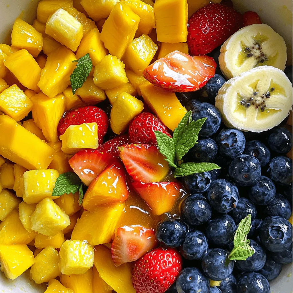 - 1 cup diced pineapple - 1 cup diced mango - 1 cup strawberries, hulled and halved - 1 cup blueberries - 1 banana, sliced - 2 tablespoons honey - 2 tablespoons lime juice - Zest of 1 lime - 1 tablespoon fresh mint leaves, chopped To make a great fruit salad, you need fresh and colorful fruits. I love to use a mix of pineapple, mango, strawberries, blueberries, and banana. Each fruit adds a unique taste and texture. The pineapple brings a sweet burst. Mango adds a creamy vibe. Strawberries offer a juicy pop. Blueberries are small and sweet, while banana adds softness. Now, let’s talk about the dressing. I use honey for a sweet touch. The lime juice adds a zing. Zest from the lime gives an extra flavor kick. Chopped mint leaves bring freshness. This dressing brightens up the fruits. You can find the full recipe on how to combine these ingredients beautifully. Enjoy making this delightful fruit salad! First, gather your fresh fruits. I love using pineapple, mango, strawberries, blueberries, and bananas. They bring different colors and flavors. - 1 cup diced pineapple - 1 cup diced mango - 1 cup strawberries, hulled and halved - 1 cup blueberries - 1 banana, sliced In a large mixing bowl, combine the diced fruits. Toss them gently. You want to mix them without mashing. This keeps each piece whole and bright. When selecting ripe fruits, look for these signs: - Pineapple should be sweet and fragrant. - Mangoes should yield slightly when you press them. - Strawberries need to be bright red with no white spots. - Blueberries should be plump and firm. - Bananas are best when they have a few brown spots. Now, let’s make the honey lime dressing. In a small bowl, whisk together: - 2 tablespoons honey - 2 tablespoons lime juice - Zest of 1 lime Whisk until well combined. This dressing adds a sweet and tangy kick. Fresh ingredients make a big difference. Use fresh limes for juice and zest. They enhance the flavor and aroma. Next, drizzle the dressing over your fruit mixture. Sprinkle the chopped mint leaves on top. Gently toss again. You want the dressing to coat each piece of fruit evenly. Chill the fruit salad in the refrigerator for at least 15 minutes. This allows the flavors to blend. The chill also makes it refreshing to eat. For the full recipe, check the previous section. Enjoy your delicious fruit salad! To make a great fruit salad, use fresh, ripe fruits. Seasonal fruits taste best. In summer, use berries, peaches, and melons. For fall, apples and pears shine. You can mix fruits based on your taste. If you dislike bananas, try kiwi instead. If you can’t find mango, use peaches. The honey lime dressing is sweet and tangy. You can switch honey for agave or maple syrup. Both offer a unique taste. Want a little spice? Add a dash of cinnamon or ginger. This adds warmth and depth to your salad. Serve your fruit salad with yogurt or granola for crunch. Both add texture and flavor. For a stunning presentation, use a clear bowl. This lets the colorful fruits shine. Garnish with mint leaves for a pop of color. For the full recipe, check out the Tropical Paradise Fruit Salad. {{image_2}} You can make a tropical fruit salad by adding kiwi, papaya, or passion fruit. These fruits add a nice twist. When you use these fruits, you might want to change the dressing a bit. For example, you can use less honey if the fruits are super sweet. This helps keep the flavors balanced and fresh. If you love berries, try a berry blast salad. Use only berries like raspberries and blackberries. This gives your salad a vibrant look. You may want to adjust the sweetness of the dressing. You can add a bit more honey if the berries are tart. This makes each bite more enjoyable. For a citrus infusion, add oranges or grapefruits. These fruits bring a bright flavor. When using citrus, you might need to adjust the lime juice in the dressing. If the salad tastes too sour, add more honey. This will help balance the sweet and tangy notes. The options are endless! For more ideas, check the Full Recipe. To keep your fruit salad fresh, store it in an airtight container. This helps prevent air from making the fruits go bad. Place the container in the refrigerator. Your salad will stay good for about three days. After this time, the fruits may lose their crunch and flavor. Can you freeze the salad? I do not recommend freezing the whole fruit salad. The textures will change. However, you can freeze individual fruits. Cut them into small pieces and spread them on a baking sheet. Freeze them until solid, then place them in a bag. This way, they will keep well for a few months. How do you know when the fruit salad is no longer fresh? Look for signs like browning bananas or mushy strawberries. If the salad smells off or has a weird texture, it's time to toss it. Safe disposal practices include throwing it in the trash or composting the fruits if you can. Always trust your senses to keep your meals safe. You can store fruit salad in the fridge for about 2 to 3 days. The key is to keep it in an airtight container. This helps maintain freshness and flavor. After a few days, the fruit may become mushy or lose its taste. Always check for signs of spoilage before eating. Yes, you can make the honey lime dressing ahead of time. Just mix honey, lime juice, and lime zest in a bowl. Store it in the refrigerator until you're ready to use it. This makes it easier when you want to prepare the fruit salad quickly. The flavors will blend well if you let it sit for a bit. I love using fresh, seasonal fruits for my salad. Here are some great options: - Pineapple - Mango - Strawberries - Blueberries - Bananas These fruits add sweetness and color. You can also try other fruits like kiwi or oranges if you want to mix things up. To prevent bananas from browning, you can coat them with lime juice. The acid in lime juice slows down the browning process. Another trick is to add the bananas just before serving. This keeps them looking fresh and bright in your salad. Yes, you can use canned fruits in your salad. Just make sure to drain them well before adding. Canned fruits can be sweet and soft, so choose ones without added sugar. This can save time in making your fruit salad. Just keep in mind that fresh fruits often taste better. For a full recipe, check out the Tropical Paradise Fruit Salad! We explored how to create a refreshing fruit salad with fresh ingredients. You learned to prepare the fruit, make a tangy honey-lime dressing, and combine them for a tasty treat. Don't forget the tips for choosing fruit and serving suggestions to impress your friends. Whether you opt for a tropical vibe or a berry mix, you can adapt the recipe to your taste. Enjoy your delicious fruit salad and the simple joy it brings!
