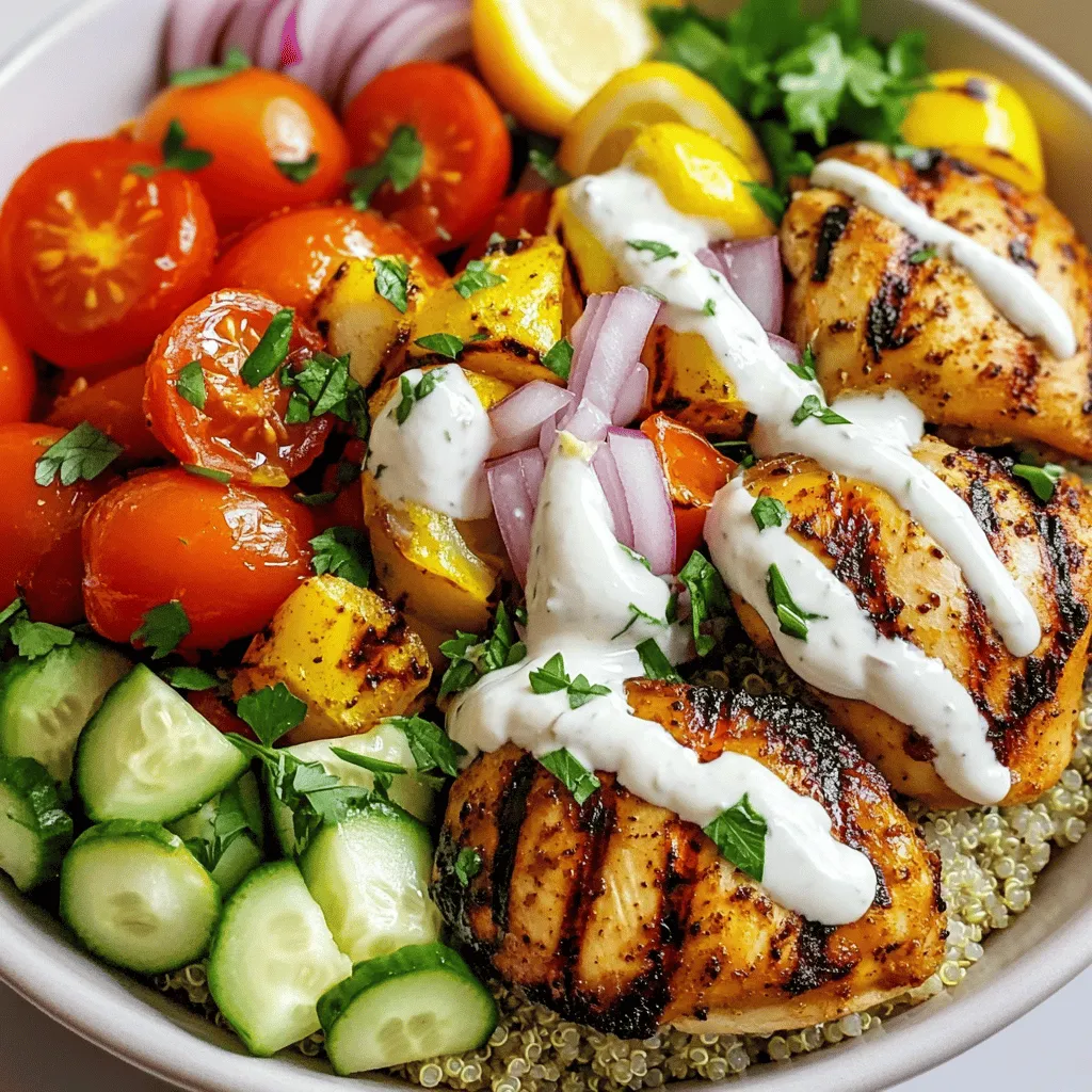 - 2 boneless, skinless chicken thighs - 2 tablespoons olive oil - 1 teaspoon ground cumin - 1 teaspoon ground coriander - 1 teaspoon smoked paprika - 1/2 teaspoon turmeric - 1/2 teaspoon cinnamon - 2 cloves garlic, minced - Salt and pepper to taste - 1 cup cooked quinoa (or rice) - 1 cup cherry tomatoes, halved - 1 cucumber, diced - 1 small red onion, thinly sliced - 1/2 cup plain yogurt (or tahini) - Juice of 1 lemon - Fresh parsley, chopped for garnish The chicken thighs give this dish a juicy base. The olive oil helps the spices stick. Spices like cumin, coriander, and paprika create a warm, rich taste. Turmeric adds color and health benefits, while cinnamon gives a sweet note. You can use quinoa or rice as the base. Both options work well. Fresh vegetables like cherry tomatoes, cucumber, and red onion add crunch and color. These veggies also boost nutrition. For the sauce, I recommend plain yogurt or tahini. The yogurt offers creaminess and tang. Tahini brings a nutty flavor. Lemon juice adds brightness, balancing all the rich tastes. This Chicken Shawarma Bowl is fun to make and eat. You prepare many fresh ingredients and layer them for a delightful meal. For the complete recipe, check out the Full Recipe. To start, prepare the marinade. In a bowl, mix olive oil, ground cumin, ground coriander, smoked paprika, turmeric, cinnamon, minced garlic, salt, and pepper. This blend gives the chicken a rich flavor. Coat the chicken thighs well with the marinade. Let them sit for at least 30 minutes. If you have time, marinate them for up to 2 hours. This longer time makes the chicken taste even better. Now, let's cook the chicken. Preheat your grill or skillet over medium-high heat. Place the marinated chicken on the grill or skillet. Cook each side for about 5-7 minutes. Look for a nice char and ensure the chicken is fully cooked. Use a meat thermometer if you have one. The chicken should reach an internal temperature of 165°F. After cooking, let the chicken rest for 5 minutes before slicing. While the chicken cooks, prepare your base. You can use quinoa or rice for this bowl. If using quinoa, rinse it under cold water. Cook it according to the package instructions. If you choose rice, make sure it is fluffy and cooked well. Once the base is ready, chop the vegetables. Dice the cherry tomatoes, cucumber, and slice the red onion thinly. This adds color and crunch to your bowl. Next, let’s make the sauce. In a small bowl, combine plain yogurt with lemon juice. Add a pinch of salt to taste. This creates a tangy sauce that complements the chicken. If you prefer tahini, simply whisk tahini with lemon juice, water, and salt. Both sauces work well and add great flavor. Now it’s time to put everything together. Slice the rested chicken into strips. In a bowl, start with the cooked quinoa or rice at the bottom. Then, layer the sliced chicken on top. Add the diced cherry tomatoes, cucumber, and sliced red onion. Drizzle your yogurt or tahini sauce generously over the top. For a final touch, sprinkle freshly chopped parsley to make your bowl look appealing. Enjoy your delicious Chicken Shawarma Bowl! For the full recipe, check the details above. For the best flavor, marinate your chicken thighs for at least 30 minutes. This allows the spices to soak in. For deeper flavor, try marinating for up to 2 hours. The longer it sits, the better it tastes. To enhance spice depth, mix in fresh herbs or a splash of vinegar. Herbs like cilantro or mint can add brightness. A little lemon juice brightens the mix and adds zest. To achieve a nice charred crust, preheat your grill or skillet well. Sear the chicken over medium-high heat for 5 to 7 minutes per side. This gives it that smoky, grilled flavor. Check for doneness by using a meat thermometer. The internal temperature should reach 165°F. You can also press the chicken; it should feel firm and spring back slightly. Pair your chicken shawarma bowl with a fresh salad or pita bread. A side of hummus or baba ganoush also works well. For drinks, consider iced tea or a light lemonade. For presentation, serve in colorful bowls. Layer the ingredients neatly. Arrange the veggies on one side for a vibrant look. A sprinkle of parsley on top makes it inviting! For the full recipe, check out the complete guide above. {{image_2}} You can swap chicken for beef or tofu in your shawarma bowl. Beef gives a rich taste. It cooks quickly, like chicken. For a plant-based option, use tofu. Press it to remove extra water. Then marinate it just like you would chicken. Both options stay juicy and full of flavor. To change the flavor, add regional spices. For a Middle Eastern twist, use sumac or za'atar. These spices boost the dish's taste. You can also mix in spices like cayenne for heat. Try adding toppings like pickled turnips or olives. These add crunch and tang to your bowl. Instead of quinoa or rice, get creative with your base. Use couscous or barley for a different texture. For a fresh twist, try a bed of greens. Spinach or arugula adds a nice bite. You can also pair it with sweet potato for a hearty side. These options give your bowl a fun spin. For the full recipe, check out the Chicken Shawarma Bowl section. To keep your chicken shawarma fresh, store leftovers in an airtight container. This helps prevent spoilage. Place the chicken, quinoa or rice, and veggies in separate containers. This keeps the flavors intact. Always let the food cool down before sealing. Store it in the fridge for up to three days. For longer storage, consider freezing the chicken and grains. They can last up to three months in the freezer. Just remember to label your containers! When you’re ready to eat your leftovers, reheating is key. The oven or stovetop works best for this dish. For the oven, preheat to 350°F (175°C). Place the chicken in a baking dish and cover it with foil. Heat for about 15 to 20 minutes, or until warm. On the stovetop, use medium heat. Add a splash of water to keep the chicken juicy. Cook for 5 to 10 minutes, stirring occasionally. Make sure the chicken reaches 165°F (74°C) for safe eating. Enjoy your delicious chicken shawarma bowl again! A Chicken Shawarma Bowl is a tasty dish that hails from the Middle East. It features marinated chicken cooked until juicy and flavorful. The chicken is usually served on a bed of grains like rice or quinoa. Then, it’s topped with fresh veggies and a creamy sauce. The mix of spices gives it a unique taste that many love. It’s not only delicious but also colorful and fun to eat. Yes, you can prepare Chicken Shawarma in advance! Marinate the chicken the night before to boost flavor. You can cook the chicken ahead of time and store it in the fridge. Just warm it up when you are ready to eat. Chop the veggies and prepare the sauce ahead too. This makes meal prep easy and quick for busy days. You can pair Chicken Shawarma Bowls with many tasty sides. Try serving hummus or baba ganoush as a dip. Pita bread makes a great addition, too. A fresh salad with lemon dressing complements the bowl well. You can also serve a side of roasted vegetables for a healthy touch. Chicken Shawarma can be healthy, depending on how you prepare it. The chicken is lean and packed with protein. Fresh vegetables add vitamins and fiber. Quinoa provides good carbs and nutrients. However, if you add too much sauce, it can increase calories. Choose yogurt sauce for a lighter option. You can find amazing Chicken Shawarma Bowls at many local restaurants. Look for Middle Eastern or Mediterranean spots in your area. Some popular chains also serve great shawarma bowls. Check online reviews or ask friends for recommendations. You might discover a hidden gem nearby! You can easily customize your Chicken Shawarma Bowl! Start with your choice of base like rice or lettuce. Add your favorite veggies, like bell peppers or avocado. You can switch the sauce too—tahini adds a nutty flavor. Try adding pickled onions for a tangy bite. The options are endless, so have fun with it! For the full recipe, check out [Full Recipe]. In summary, we covered how to make a delicious Chicken Shawarma Bowl. You learned about the key ingredients, step-by-step cooking methods, and useful tips. I shared ideas for variations, storage, and serving suggestions. This dish offers many ways to customize flavors and ingredients. Enjoy crafting your own bowl with your favorite tastes and textures. Cooking can be fun, and this recipe is a great way to start. You now have the tools for a tasty meal that impresses!