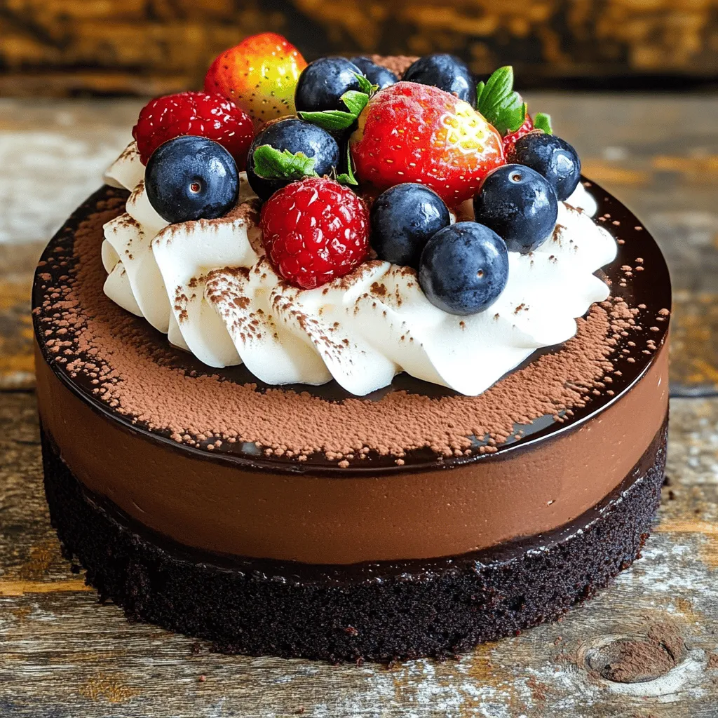 To make a rich dark chocolate mousse cake, you need some key ingredients. Here’s what you’ll need: - 1 cup dark chocolate (70% cocoa), chopped - 1/2 cup unsalted butter, cubed - 3/4 cup granulated sugar - 2 large eggs - 1 teaspoon vanilla extract - 1/4 cup all-purpose flour - 1/4 teaspoon salt - 1 cup heavy cream - 2 tablespoons powdered sugar - 1 tablespoon cocoa powder (for dusting) - Fresh berries (for garnish) These ingredients come together to create a cake that is both simple and decadent. You can add some optional ingredients to make your cake even better. Consider these options: - Espresso powder: A teaspoon can enhance the chocolate flavor. - Orange zest: A teaspoon adds a fresh, citrus note. - Sea salt: A pinch can balance the sweetness. These optional ingredients can add a personal touch to your dessert. Don't worry if you don't have an ingredient. Here are some easy swaps: - Dark chocolate: Use semi-sweet chocolate if needed. - Unsalted butter: You can replace it with coconut oil. - Heavy cream: Use a non-dairy milk or whipped coconut cream. - Granulated sugar: Swap it with brown sugar for a richer taste. These substitutions help you adapt the recipe to your pantry. You can find the Full Recipe above for more details. First, set your oven to 350°F (175°C). Grease an 8-inch round cake pan. Use a paper liner at the bottom. This helps with easy removal later. Next, grab your dark chocolate and unsalted butter. Place them in a double boiler or a heatproof bowl over simmering water. Stir them together until smooth. This step is key. Let the mix cool a bit before using it. In a new mixing bowl, whisk together granulated sugar and eggs. Beat them until the mix is creamy and light. This will take about 2-3 minutes. Add vanilla extract next and stir it in well. Slowly pour in the melted chocolate mix, stirring until fully combined. Now, sift the flour and salt over the batter. Fold gently, but don’t over-mix. Pour the batter into your prepared pan. Smooth the top with a spatula. Bake for 22-25 minutes. Check with a toothpick. It should come out with a few moist crumbs. Let the cake cool in the pan for 10 minutes. Then, move it to a wire rack to cool completely. Once cool, cut the cake in half. This gives you two layers. Spread whipped cream on the bottom layer. Place the top layer gently on the cream. Cover the top of the cake with more whipped cream. Finish by dusting cocoa powder on top. Add fresh berries for a nice touch. This simple process gives you a rich and creamy dark chocolate mousse cake. You can find the Full Recipe for more details. Melting chocolate sounds simple, but it can be tricky. Use a double boiler for the best results. If you don't have one, place a heatproof bowl over a pot of simmering water. This method helps heat the chocolate evenly. Stir the chocolate and butter together until smooth. Remove it from the heat before it gets too hot. Chocolate can seize if it gets too hot. To whip cream well, start with cold tools. Place your mixing bowl and beaters in the fridge for a bit. Use heavy cream for the best results. Pour it into your chilled bowl and start mixing on low speed. Gradually increase the speed until soft peaks form. Don't overbeat it; this turns it into butter. If you want sweetened cream, add powdered sugar while mixing. One common mistake is overmixing your batter. Mix just until the flour disappears. This keeps your cake light and fluffy. Another mistake is skipping the cooling time. Let the cake cool completely before frosting it. If you frost it too early, the whipped cream can melt. Finally, always check your oven temperature. An oven thermometer can help ensure it’s accurate. Following these tips will help you make the best dark chocolate mousse cake. For the Full Recipe, check out the details above. {{image_2}} You can add flavors to make your dark chocolate mousse cake special. Try adding orange zest for a fresh twist. A little coffee can enhance the chocolate taste too. You can also mix in some mint extract for a refreshing touch. Each flavor adds its own unique flair. Experimenting with flavors makes baking more fun. To make a gluten-free dark chocolate mousse cake, you can swap the all-purpose flour. Use almond flour or a gluten-free blend instead. This change keeps the cake rich and moist. It also ensures everyone can enjoy it. Just make sure the chocolate and other ingredients are gluten-free. Your cake will taste just as good, if not better! If you want a vegan version, there are simple swaps to make. Replace eggs with flaxseed meal or chia seeds mixed with water. Use coconut oil instead of butter for richness. For cream, choose coconut cream or a vegan whipped topping. Dark chocolate can be vegan too; just check the label. These changes create a delicious vegan dark chocolate mousse cake that everyone will love. For the complete steps, check out the Full Recipe. To keep your dark chocolate mousse cake fresh, wrap it well. Use plastic wrap or aluminum foil. Store it in the fridge for the best taste. Avoid placing it near strong-smelling foods. This keeps the flavors intact. If you plan to eat it later, leave the berries off until serving. This prevents them from getting soggy. When stored properly, the cake lasts about 3 to 5 days in the fridge. After five days, the taste may change. If you notice any signs of spoilage, like a strange smell, throw it out. Always check before enjoying your treat. Want to save some for later? You can freeze the cake! First, wrap it tightly in plastic wrap, then foil. Label it with the date for easy tracking. It can last up to 3 months in the freezer. When ready to eat, thaw it in the fridge overnight. Enjoy the same delicious flavor! For the Full Recipe, click here. Dark chocolate mousse cake is a rich dessert that combines the flavors of dark chocolate and creamy mousse. It has a light, airy texture and a deep chocolate taste. The cake is often layered with whipped cream, making it extra special. This cake is perfect for chocolate lovers and great for celebrations. Yes, you can make this cake ahead of time. It stays fresh in the fridge for up to three days. Just cover it well to keep it moist. You can also prepare the cake layers and whipped cream separately. Assemble it right before serving for the best taste. You can find the Full Recipe for Dark Chocolate Mousse Cake in this article. It provides step-by-step instructions and all the ingredients you need. You can serve this cake with fresh berries or a scoop of vanilla ice cream. A drizzle of chocolate sauce also adds a nice touch. You might even pair it with a cup of coffee or a glass of dessert wine to enhance the flavors. You learned about key ingredients for dark chocolate mousse cake and how to use them. I shared tips for melting chocolate and creating whipped cream. Variations like gluten-free and vegan options allow everyone to enjoy this treat. Proper storage keeps your cake fresh and tasty. Now, you can make a delightful mousse cake. I hope you feel ready to bake and share this dessert with friends and family. Enjoy every bite!