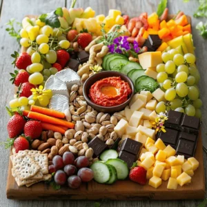 To make a great birthday snack board, you need some key ingredients. Here’s what I recommend: - 1 cup assorted nuts (almonds, cashews, walnuts) - 1 cup bite-sized cheeses (cheddar, gouda, mozzarella) - 1 cup fresh fruits (grapes, strawberries, apple slices) - 1 cup colorful vegetables (carrot sticks, cucumber slices, bell pepper strips) - 1/2 cup hummus or dip (roasted red pepper hummus or tzatziki) - 1 pack of assorted crackers - 1/2 cup dark chocolate squares or chocolate-covered pretzels - Edible flowers (optional, for garnish) These items create a tasty mix. They are easy to find. They also add color and fun to your board. Want to take your snack board up a notch? Here are some fun ideas: - Dried fruits like apricots or cranberries for sweetness - Spiced nuts for a crunchy kick - Various dips, like guacamole or ranch, for more options - Fresh herbs like basil or mint for a pop of flavor These extras can make your board more exciting. Feel free to mix and match based on what you like. Choosing quality ingredients makes a big difference. Here are my tips: - Look for nuts that are fresh and unsalted. - Choose cheeses that are creamy and flavorful. - Select ripe fruits; they should smell sweet and juicy. - Pick fresh vegetables that are crisp and colorful. High-quality ingredients make the board taste better. They also look more appealing. If you want to create the best birthday snack board, remember these points. Check out the Full Recipe for all the details! Start with a large wooden or ceramic board. This will be your base. Make sure it's clean and dry. You want a strong surface to hold your snacks. Lay it out on a table where guests can easily reach it. Begin by placing bite-sized cheeses in groups around the board. Space them out for a nice look. Next, fill gaps with assorted nuts. Let some spill over for a fun vibe. Now, add fresh fruits like grapes and strawberries. Cluster them to create color pops. For veggies, arrange carrot sticks and cucumber slices in groups. You can even stand them in small jars to make them stand tall. Now, serve hummus or dip in a small bowl. Place it in the center for easy access. Stack assorted crackers in small piles around the board. This gives guests plenty of choices. Finally, sprinkle dark chocolate squares or chocolate-covered pretzels around the edges for a sweet treat. Garnish the board with a few edible flowers. This adds a festive touch. Remember to think about colors. Arrange them so no two similar colors are beside each other. This makes the board more inviting and fun. You can prepare this board in just 20 minutes. Check out the Full Recipe for more details on ingredients and serving suggestions. Start by mixing sweet, salty, and creamy. This gives each bite a fun twist. Pair crunchy vegetables with smooth dips for a nice contrast. For example, combine fresh fruits with creamy cheese. This adds depth to your board. Use a mix of nuts for crunch and a hint of salt. This balance will keep everyone happy and wanting more. Colors make your board pop! Use bright fruits like grapes and strawberries. Pair them with vibrant veggies like bell pepper strips. Arrange colors in a rainbow pattern or group similar shades together. This makes the board look fun and inviting. Don't forget to add edible flowers for a cheerful touch. They make everything feel more festive! When serving, keep it simple and fun. Use small plates for guests to grab snacks easily. Consider adding labels to show what each item is. This is useful for those with allergies or specific tastes. Encourage your guests to explore different flavors. You can even suggest fun pairings, like cheese with fruit or nuts with chocolate. For the full recipe, check out the details above. {{image_2}} A sweet snack board brings joy with candies, fruits, and desserts. You can include chocolate-covered strawberries or mini cupcakes. Consider adding sweet dips like chocolate sauce or caramel. They make each bite a treat. On the other hand, a savory board delights with cheeses, meats, and olives. Use different cheeses and cured meats for variety. Add dips like guacamole or ranch. Each item can pair well with crackers. Sweet and savory boards offer something for everyone. Make your board shine with seasonal themes. For spring, use pastel colors and fresh flowers. Add colorful fruits like berries and melons. In fall, think pumpkins and apples. Use warm spices and cozy flavors. A winter board can feature holiday treats like gingerbread cookies and spiced nuts. For summer, think bright colors with fresh veggies and fruity drinks. Seasonal boards keep your snack game fresh and fun. Kid-friendly boards should be colorful and playful. Include fun snacks like gummy bears, popcorn, and animal-shaped sandwiches. Use bright plates and fun themes, like a cartoon character. Adult boards can focus on gourmet options. Think artisan cheeses, olives, and charcuterie. You might add wine pairings or craft beer for an extra touch. Each theme allows you to create a unique experience. These variations make your birthday snack board a hit for all ages. For a full recipe, check out the details above. After your celebration, you may have leftovers. Store them in airtight containers. This keeps moisture out and keeps snacks fresh. Use separate containers for fruits, vegetables, and dips. This prevents sogginess and keeps flavors intact. To maintain freshness, store cheeses and meats in the fridge. Wrap them in wax paper or parchment. This allows them to breathe while staying moist. Keep nuts in a cool, dry place. If they feel soft, they may have absorbed moisture. For next-day enjoyment, take out the items from the fridge. Lay them out on a fresh board. You can recreate the fun look or mix it up! Serve dips in fresh bowls and add new fruits if desired. This makes it feel special again. For the full recipe and ideas, check out the complete guide! You can easily customize a snack board to fit dietary needs. Start by asking guests about their allergies or dietary choices. For gluten-free diets, use gluten-free crackers or veggies. If someone is vegan, replace cheese with plant-based options. You can use fruits, nuts, and dips that fit all diets. Consider adding more colorful veggies for crunch. Drinks can enhance the fun of your snack board. Sparkling water with fruit slices is a fresh choice. Lemonade or iced tea adds a sweet touch. For adults, light wines or cocktails work well. Keep flavors simple to match the snack board's variety. Always have drinks served cold for the best taste. Yes, you can prep many items ahead of time. Wash and cut fruits and veggies a day before. Store them in airtight containers in the fridge. You can also portion out nuts and cheese, making it easy to assemble later. Just wait to add dips and crackers until closer to serving. This keeps everything fresh and tasty. Follow the [Full Recipe] for a delicious birthday snack board that will impress! Creating a birthday snack board is fun and simple. We covered essential ingredients, preparation, and fun tips. You can make it colorful and tasty with just a few steps. Remember to balance flavors and textures for the best experience. Don’t forget to store leftovers properly for next time. With these ideas, your snack board will be a hit. Enjoy making and sharing these tasty treats at your next celebration!