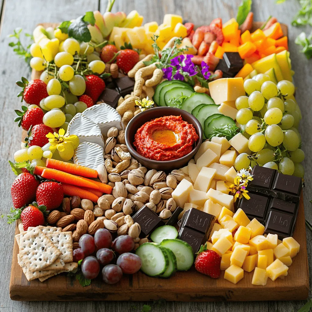 To make a great birthday snack board, you need some key ingredients. Here’s what I recommend: - 1 cup assorted nuts (almonds, cashews, walnuts) - 1 cup bite-sized cheeses (cheddar, gouda, mozzarella) - 1 cup fresh fruits (grapes, strawberries, apple slices) - 1 cup colorful vegetables (carrot sticks, cucumber slices, bell pepper strips) - 1/2 cup hummus or dip (roasted red pepper hummus or tzatziki) - 1 pack of assorted crackers - 1/2 cup dark chocolate squares or chocolate-covered pretzels - Edible flowers (optional, for garnish) These items create a tasty mix. They are easy to find. They also add color and fun to your board. Want to take your snack board up a notch? Here are some fun ideas: - Dried fruits like apricots or cranberries for sweetness - Spiced nuts for a crunchy kick - Various dips, like guacamole or ranch, for more options - Fresh herbs like basil or mint for a pop of flavor These extras can make your board more exciting. Feel free to mix and match based on what you like. Choosing quality ingredients makes a big difference. Here are my tips: - Look for nuts that are fresh and unsalted. - Choose cheeses that are creamy and flavorful. - Select ripe fruits; they should smell sweet and juicy. - Pick fresh vegetables that are crisp and colorful. High-quality ingredients make the board taste better. They also look more appealing. If you want to create the best birthday snack board, remember these points. Check out the Full Recipe for all the details! Start with a large wooden or ceramic board. This will be your base. Make sure it's clean and dry. You want a strong surface to hold your snacks. Lay it out on a table where guests can easily reach it. Begin by placing bite-sized cheeses in groups around the board. Space them out for a nice look. Next, fill gaps with assorted nuts. Let some spill over for a fun vibe. Now, add fresh fruits like grapes and strawberries. Cluster them to create color pops. For veggies, arrange carrot sticks and cucumber slices in groups. You can even stand them in small jars to make them stand tall. Now, serve hummus or dip in a small bowl. Place it in the center for easy access. Stack assorted crackers in small piles around the board. This gives guests plenty of choices. Finally, sprinkle dark chocolate squares or chocolate-covered pretzels around the edges for a sweet treat. Garnish the board with a few edible flowers. This adds a festive touch. Remember to think about colors. Arrange them so no two similar colors are beside each other. This makes the board more inviting and fun. You can prepare this board in just 20 minutes. Check out the Full Recipe for more details on ingredients and serving suggestions. Start by mixing sweet, salty, and creamy. This gives each bite a fun twist. Pair crunchy vegetables with smooth dips for a nice contrast. For example, combine fresh fruits with creamy cheese. This adds depth to your board. Use a mix of nuts for crunch and a hint of salt. This balance will keep everyone happy and wanting more. Colors make your board pop! Use bright fruits like grapes and strawberries. Pair them with vibrant veggies like bell pepper strips. Arrange colors in a rainbow pattern or group similar shades together. This makes the board look fun and inviting. Don't forget to add edible flowers for a cheerful touch. They make everything feel more festive! When serving, keep it simple and fun. Use small plates for guests to grab snacks easily. Consider adding labels to show what each item is. This is useful for those with allergies or specific tastes. Encourage your guests to explore different flavors. You can even suggest fun pairings, like cheese with fruit or nuts with chocolate. For the full recipe, check out the details above. {{image_2}} A sweet snack board brings joy with candies, fruits, and desserts. You can include chocolate-covered strawberries or mini cupcakes. Consider adding sweet dips like chocolate sauce or caramel. They make each bite a treat. On the other hand, a savory board delights with cheeses, meats, and olives. Use different cheeses and cured meats for variety. Add dips like guacamole or ranch. Each item can pair well with crackers. Sweet and savory boards offer something for everyone. Make your board shine with seasonal themes. For spring, use pastel colors and fresh flowers. Add colorful fruits like berries and melons. In fall, think pumpkins and apples. Use warm spices and cozy flavors. A winter board can feature holiday treats like gingerbread cookies and spiced nuts. For summer, think bright colors with fresh veggies and fruity drinks. Seasonal boards keep your snack game fresh and fun. Kid-friendly boards should be colorful and playful. Include fun snacks like gummy bears, popcorn, and animal-shaped sandwiches. Use bright plates and fun themes, like a cartoon character. Adult boards can focus on gourmet options. Think artisan cheeses, olives, and charcuterie. You might add wine pairings or craft beer for an extra touch. Each theme allows you to create a unique experience. These variations make your birthday snack board a hit for all ages. For a full recipe, check out the details above. After your celebration, you may have leftovers. Store them in airtight containers. This keeps moisture out and keeps snacks fresh. Use separate containers for fruits, vegetables, and dips. This prevents sogginess and keeps flavors intact. To maintain freshness, store cheeses and meats in the fridge. Wrap them in wax paper or parchment. This allows them to breathe while staying moist. Keep nuts in a cool, dry place. If they feel soft, they may have absorbed moisture. For next-day enjoyment, take out the items from the fridge. Lay them out on a fresh board. You can recreate the fun look or mix it up! Serve dips in fresh bowls and add new fruits if desired. This makes it feel special again. For the full recipe and ideas, check out the complete guide! You can easily customize a snack board to fit dietary needs. Start by asking guests about their allergies or dietary choices. For gluten-free diets, use gluten-free crackers or veggies. If someone is vegan, replace cheese with plant-based options. You can use fruits, nuts, and dips that fit all diets. Consider adding more colorful veggies for crunch. Drinks can enhance the fun of your snack board. Sparkling water with fruit slices is a fresh choice. Lemonade or iced tea adds a sweet touch. For adults, light wines or cocktails work well. Keep flavors simple to match the snack board's variety. Always have drinks served cold for the best taste. Yes, you can prep many items ahead of time. Wash and cut fruits and veggies a day before. Store them in airtight containers in the fridge. You can also portion out nuts and cheese, making it easy to assemble later. Just wait to add dips and crackers until closer to serving. This keeps everything fresh and tasty. Follow the [Full Recipe] for a delicious birthday snack board that will impress! Creating a birthday snack board is fun and simple. We covered essential ingredients, preparation, and fun tips. You can make it colorful and tasty with just a few steps. Remember to balance flavors and textures for the best experience. Don’t forget to store leftovers properly for next time. With these ideas, your snack board will be a hit. Enjoy making and sharing these tasty treats at your next celebration!