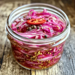 To make pickled red cabbage, gather these simple ingredients: - 1 medium red cabbage, thinly sliced - 1 cup apple cider vinegar - 1 cup water - 2 tablespoons sugar - 1 tablespoon salt - 1 teaspoon mustard seeds - 1 teaspoon coriander seeds - 1 teaspoon black peppercorns - 2 cloves garlic, smashed - 1 red chili, sliced (optional for heat) These ingredients create a bright and tangy flavor. The red cabbage adds crunch and color. Apple cider vinegar gives it a zesty kick. The sugar and salt balance the flavors perfectly. Mustard seeds, coriander, and peppercorns bring in warm notes. Garlic adds a savory touch, and the chili can spice things up if you like heat. This pickled red cabbage recipe is quick, easy, and delicious. You can find the full recipe at the end of this article. Enjoy your crunchy delight! Start by removing the tough outer leaves from your red cabbage. Then, cut the cabbage into quarters. Slice each quarter into thin strips. This will help the cabbage pickle evenly and absorb the brine well. In a large saucepan, combine the apple cider vinegar, water, sugar, and salt. Stir this mixture over medium heat until the sugar and salt dissolve completely. Next, add mustard seeds, coriander seeds, black peppercorns, smashed garlic, and red chili if you like it spicy. Let it simmer for about 5 minutes. This step releases the flavors from the spices into the brine. Now it’s time to pack the cabbage. Take a clean glass jar and tightly pack the thinly sliced cabbage inside. Pour the cooled vinegar mixture over the cabbage, making sure it is fully submerged. If you need to add more water to cover the cabbage, go ahead. Seal the jar with a lid. Let it cool at room temperature before placing it in the fridge. For the best taste, allow the cabbage to pickle for at least 24 hours. You can store it in the fridge for up to 2 weeks. For the full recipe, check out the detailed instructions provided. To keep your pickled red cabbage crunchy, follow these tips: - Use fresh cabbage: Freshness is key. Look for firm, vibrant heads. - Slice thinly: Thin strips soak up the brine better and stay crisp. - Salt properly: Salt draws out moisture. It helps keep the crunch intact. - Brine cooling: Let your brine cool before adding cabbage. This helps retain the crunch. You can boost the flavor of your pickled cabbage with these extras: - Add fruits: Try adding apple slices or orange peels for a sweet twist. - Use herbs: Fresh dill or thyme brings a new layer of taste. - Experiment with spices: Cardamom or cloves can add warmth and depth. Pickled red cabbage is versatile. Here are some great pairings: - Tacos: It adds a tangy crunch to any taco. - Sandwiches: Use it in sandwiches or burgers for a zesty bite. - Salads: Toss it into salads for added color and flavor. - Grilled meats: It complements grilled chicken or pork beautifully. For the full recipe, check out the [Full Recipe]. {{image_2}} To make your pickled red cabbage spicy, try different chili options. You can use fresh red chili, jalapeños, or even crushed red pepper flakes. Each adds its unique heat. Adjust the amount of chili based on your taste. If you love spice, go for more. If you prefer mild, stick to just a slice. You can also mix different types of chili for a fun flavor twist. For a sweet and sour twist, adjust the sugar levels and add fruits. You can use honey, maple syrup, or even agave nectar for extra sweetness. Consider adding slices of apple or pear. These fruits blend well with the cabbage and add a nice crunch. You can also throw in a bit of grated ginger for extra zing. This combination will surprise your taste buds and add a refreshing touch. Don’t stop at just red cabbage! You can add other vegetables to your pickling mix. Carrots, radishes, and cucumbers work well. Slice them thinly for quick pickling. You can mix these veggies with your cabbage or pickle them separately. Each vegetable will bring its flavors and textures. A colorful mix makes for a beautiful dish, too. Store your pickled red cabbage in a clean glass jar. Choose a jar that seals tightly. This keeps air out and helps the cabbage stay crispy. Make sure the cabbage is fully submerged in the brine. If it floats, add a weight or more brine to keep it covered. Always seal the jar well to prevent leaks. Pickled red cabbage lasts about two weeks in the fridge. Keep it chilled and check the lid is on tight. After two weeks, the flavor might change slightly. It’s best to eat it fresh for the best taste. Look for signs of spoilage before eating. If you see mold on the surface, toss it out. An off smell or slimy texture means it’s time to discard it. Fresh pickled cabbage should smell tangy and crisp. Trust your senses; they are your best guide. Pickled red cabbage needs at least 24 hours to pickle. This time helps the flavors blend and deepen. The longer it sits, the better it tastes. I often wait 48 hours for best results. After that, it will last about two weeks in the fridge. Yes, you can use other vinegars. White vinegar works well, but it has a sharper taste. Rice vinegar gives a milder flavor. Each type of vinegar will change the taste a bit. Choose based on what you enjoy! Yes, it is safe to eat pickled cabbage after a week. If stored well in the fridge, it stays fresh. Look for any signs of spoilage, like an off smell or unusual color. If it looks and smells good, it is safe to enjoy. Pickled red cabbage pairs well with many dishes. It adds crunch and tang to tacos, salads, or sandwiches. Use it as a topping for burgers or on a charcuterie board. It goes great with rich meats like pork or beef too. For detailed instructions, check out the [Full Recipe](#). In this post, we explored how to make pickled red cabbage. You learned about the ingredients, step-by-step instructions, and storage tips. We also discussed variations and serving suggestions to enhance your dishes. Pickled cabbage adds a crisp, tangy burst to meals and stays fresh for weeks. Remember to check for spoilage signs to ensure quality. With this guide, you can enjoy delicious pickled red cabbage at home. Try it with your favorite dishes and elevate your meals today.