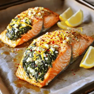 - 4 salmon fillets - 2 cups fresh spinach, chopped - 1 cup feta cheese, crumbled - 1/4 cup cream cheese, softened - 2 cloves garlic, minced - 1/2 teaspoon crushed red pepper flakes - 1 tablespoon olive oil - Salt and pepper to taste - Zest of 1 lemon - Lemon wedges for serving Gather these fresh ingredients before you start. The salmon fillets are the star of this dish. Look for skin-on fillets for added flavor and moisture. Fresh spinach adds great color and nutrition. The feta cheese gives a nice tangy taste. Cream cheese helps bind the filling together. Garlic brings a lovely aroma. Next, the crushed red pepper flakes add a bit of heat. Just a half teaspoon will do! Use good quality olive oil to sauté the garlic and spinach. Season with salt and pepper to enhance the flavors. Don’t forget the zest of one lemon. It brightens the dish and adds freshness. Lastly, lemon wedges are perfect for serving. They add a zesty kick when squeezed over the salmon. With these ingredients, you are ready to create a delicious meal. This dish combines healthy components with incredible taste. Check out the full recipe for step-by-step guidance to bring your stuffed salmon to life! - Preheating the oven: Start by preheating your oven to 375°F (190°C). This step is key for even cooking. - Slicing the salmon fillets: Take your salmon fillets and place them on a clean cutting board. Use a sharp knife to slice a pocket into the side of each fillet. Be careful not to cut all the way through. - Making the spinach-feta stuffing: In a skillet, heat olive oil over medium heat. Add minced garlic and sauté for about one minute. Then, toss in the chopped spinach and cook until it wilts, which takes about 3-5 minutes. Remove the skillet from the heat. In a bowl, mix the wilted spinach with feta cheese, cream cheese, crushed red pepper flakes, lemon zest, salt, and pepper. Stir until everything is well blended. - Stuffing the salmon: Now, take your salmon fillets and fill each pocket with the spinach-feta stuffing. Pack it in gently, but make sure it’s full. - Seasoning and placement on baking sheet: Sprinkle salt and pepper on top of the stuffed salmon. Place the fillets skin side down on a parchment-lined baking sheet. - Baking process and tips: Bake your salmon in the preheated oven for 20-25 minutes. It’s done when the fish flakes easily with a fork. Keep an eye on it, so it doesn’t overcook. - Optional broiling for crispiness: If you like a crispy top, switch your oven to broil for the last 2 minutes. Watch closely to prevent burning. - Serving suggestions with lemon wedges: Serve your stuffed salmon with lemon wedges. A squeeze of lemon adds a refreshing zest that enhances the flavors. For the full details on this recipe, check out the Full Recipe. How to choose fresh salmon: When selecting salmon, look for bright, shiny skin. Fresh salmon should have a mild scent, not a fishy smell. The flesh should be firm and spring back when you press it. If it has a dull color or looks dry, skip it. Perfect cooking time and temperature: For the best results, bake salmon at 375°F (190°C). Cooking it for 20-25 minutes usually works well. You want the fish to flake easily with a fork. If you like a crispy top, broil it for the last two minutes. Just keep an eye on it to avoid burning. Ideas for additional spices: You can add a pinch of dill or parsley for a fresh flavor. A dash of smoked paprika gives a nice twist too. If you like heat, try adding cayenne pepper. Ways to vary the stuffing ingredients: You can swap spinach with kale for a different taste. Artichokes or sun-dried tomatoes can add a unique twist as well. Crumbled goat cheese is a great alternative to feta. Plating ideas for a visually appealing dish: Serve the salmon on a white plate to make it pop. Add a sprinkle of fresh herbs on top for color. Drizzle some olive oil around the plate for extra style. Pairing suggestions for sides and drinks: A crisp green salad pairs well with the salmon. Roasted asparagus or garlic mashed potatoes make great sides too. For drinks, try a chilled white wine or sparkling water with lemon slices. For the complete recipe, refer to the Full Recipe section. {{image_2}} You can easily swap out ingredients for different diets. If you want a dairy-free version, try using vegan cream cheese or nutritional yeast. Both options keep the creaminess while cutting out dairy. Feel free to add more veggies to the stuffing. Chopped bell peppers, mushrooms, or zucchini can boost flavor and nutrition. These veggies blend well with spinach and feta, making the dish even more colorful. You can grill the salmon for a smoky flavor. Just be careful not to overcook it. Cook on medium heat for about 4-5 minutes per side. This gives you a lovely char and a tender inside. An air fryer is another great option. It cooks quickly and gives you a nice crisp. Set the air fryer to 375°F (190°C) and cook for about 10-12 minutes. This method is perfect for busy nights. Using fresh herbs can change the taste of the dish. In spring, try dill or parsley for a bright flavor. In winter, rosemary or thyme adds warmth and earthiness. You can also switch cheeses for a new profile. Try goat cheese for a tangy taste or mozzarella for a milder flavor. Each cheese gives its own touch, making the dish unique every time you make it. For the full recipe, check out the link provided. To store cooked salmon, let it cool first. Place the salmon in an airtight container. This helps keep it fresh. You can also wrap it tightly with plastic wrap. Cooked salmon lasts about 3 to 4 days in the fridge. Make sure your fridge is set below 40°F (4°C) for the best storage. When reheating salmon, you want it warm, not dry. The best methods are the oven or microwave. For the oven, set it to 350°F (175°C). Place the salmon in a baking dish, adding a splash of water. Cover it with foil, which keeps moisture in. Heat for about 10-15 minutes. If you use the microwave, place the salmon on a plate. Add a damp paper towel on top. Heat it in short bursts, about 30 seconds at a time. This keeps it from drying out. For stuffed salmon, be gentle when reheating. The stuffing can fall out if you are not careful. Follow the oven method for the most even heat. Enjoy your delicious leftovers! For the full recipe, refer to the recipe section above. Can I make this dish ahead of time? Yes, you can prepare the stuffed salmon a few hours ahead. Just assemble the salmon and stuffing. Keep it covered in the fridge until you’re ready to bake. This saves time and keeps flavors fresh. What side dishes go well with stuffed salmon? Stuffed salmon pairs well with simple sides. Here are some tasty options: - Roasted asparagus - Quinoa salad - Garlic mashed potatoes - Steamed broccoli These sides will balance the rich flavors of the salmon. How do I know when the salmon is done? The salmon is done when it flakes easily with a fork. You can check the internal temperature, too. It should reach 145°F (63°C). The salmon will look opaque and firm, not raw or mushy. Calories and macronutrient breakdown Each serving has about 350 calories. It contains: - Protein: 30g - Carbohydrates: 5g - Fat: 24g This dish is rich in healthy fats and protein, making it a great meal. Is this recipe healthy? Yes, baked stuffed salmon is healthy. It has fresh spinach and feta, which add nutrients. Salmon is rich in omega-3 fatty acids. These are good for heart health and brain function. Gluten-free options This recipe is naturally gluten-free. Make sure your ingredients, like feta cheese, are labeled gluten-free. Enjoy without worry! Low-carb modifications To make it low-carb, skip the cream cheese or use a lower-carb alternative. You can add more veggies to the stuffing, like mushrooms or zucchini. This keeps the dish tasty while reducing carbs. In this post, we explored a tasty baked stuffed salmon recipe. We covered the ingredients, step-by-step cooking, and tips for the best results. You picked up ways to enhance flavor and even tried out variations like different cooking methods. With the right techniques and fresh ingredients, you can create a delicious meal. Enjoy experimenting with this dish and make it your own!