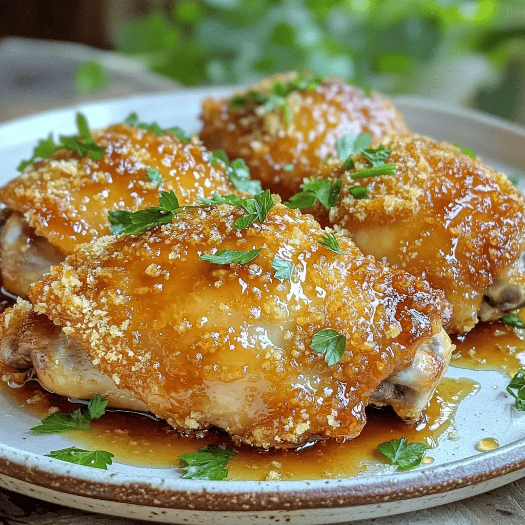 - 4 boneless, skinless chicken thighs - 1 cup buttermilk (or milk with 1 tbsp vinegar for a substitute) - 1 cup panko breadcrumbs - 1/2 cup all-purpose flour - 1 teaspoon garlic powder - 1 teaspoon onion powder - 1 teaspoon smoked paprika - 1 teaspoon cayenne pepper (adjust to taste) - Salt and pepper to taste - 1/4 cup honey - 2 tablespoons hot sauce (like Sriracha or your choice) - 1 tablespoon apple cider vinegar - Fresh parsley for garnish (optional) Getting these ingredients ready is key for perfect Baked Crunchy Hot Honey Chicken. First, I love using boneless, skinless chicken thighs. They stay juicy and tender. Buttermilk is my secret for a rich flavor. If you don’t have it, mix milk with vinegar as a substitute. Next, the dry coating mixture makes the chicken crunchy. Panko breadcrumbs give that extra crisp. Combine them with all-purpose flour for the best texture. Now, let’s talk about the seasoning. Garlic powder, onion powder, and smoked paprika bring depth of flavor. Cayenne pepper adds heat, which you can adjust based on your taste. Don't forget salt and pepper; they enhance all the flavors. Lastly, the hot honey sauce is what ties it all together. Honey gives sweetness, while hot sauce adds a kick. Apple cider vinegar balances the sweetness. You can sprinkle fresh parsley on top for a pop of color and flavor. With these ingredients, you are all set to make a delicious meal. For the complete recipe, check the Full Recipe. - Combine Marinade Ingredients Start by mixing buttermilk, garlic powder, onion powder, smoked paprika, cayenne pepper, salt, and pepper in a bowl. This blend gives the chicken a rich flavor. - Soaking Time for Enhanced Flavor Place the chicken thighs in the marinade. Cover the bowl and refrigerate for at least one hour. For the best taste, marinate overnight. The longer it soaks, the better the flavor. - Preheating the Oven Preheat your oven to 400°F (200°C). A hot oven helps the chicken cook evenly and get that crispy finish. - Creating the Breading Mixture In a shallow dish, combine panko breadcrumbs, all-purpose flour, and a pinch of salt and pepper. Mix these ingredients well. This mixture gives the chicken its crunchy coating. - Dredging the Chicken Take the chicken out of the marinade, letting the extra drip off. Dredge each piece in the breadcrumb mixture. Make sure every side is well coated for maximum crunch. - Placing Chicken for Optimal Crispiness Arrange the breaded chicken on a wire rack set over a baking sheet. This allows air to circulate around the chicken, making it extra crispy while baking. - Mixing Ingredients in Saucepan In a small saucepan over medium heat, mix honey, hot sauce, and apple cider vinegar. Stir the ingredients well to combine them. - Simmering Time for Sauce Thickening Bring the mixture to a gentle simmer for about 2-3 minutes. This helps the sauce thicken nicely. Remove from heat once it reaches your desired consistency. - Glazing the Baked Chicken After baking, drizzle the hot honey sauce over the chicken. Toss gently to coat each piece evenly. This adds a sweet and spicy kick. - Garnishing and Plating the Dish Transfer the chicken to a serving platter. If you like, sprinkle fresh parsley on top for color and flavor. Serve with extra hot honey for dipping. Enjoy this delicious meal! For the full recipe, refer to the earlier sections. To get that perfect crunch, you need to coat the chicken well. Start by marinating the chicken in buttermilk. This helps the breading stick. Use a mix of panko breadcrumbs and flour for the coating. Panko gives more crunch than regular breadcrumbs. When you bread the chicken, press the mixture on firmly. This ensures a thick coating. Using a wire rack is key for crispiness. Place the breaded chicken on the rack over a baking sheet. This allows air to flow all around the chicken as it bakes. It helps the coating get golden brown and crispy. If you skip the rack, the bottom can get soggy. Adjusting the spice level is easy. If you like heat, you can add more cayenne pepper. Start with a teaspoon, then taste the marinade. You can always add more if needed. If cayenne is too spicy, try a milder pepper. Paprika can add flavor without too much heat. You can also swap out hot sauces. Sriracha is a great choice, but so is Frank’s or your favorite brand. Each hot sauce has a unique taste. Experiment to find your ideal blend. When serving, think about sides. Baked crunchy hot honey chicken pairs well with coleslaw or roasted veggies. The coolness of coleslaw balances the heat. You can also serve it with rice or mashed potatoes for a hearty meal. Dipping sauces can add fun. Try ranch, blue cheese, or more hot honey on the side. These add extra flavor and let each person customize their dish. For an extra touch, sprinkle fresh parsley on top for color. For the full recipe, check back to ensure you have all the details! {{image_2}} You can switch up the protein in this recipe. If you prefer chicken breasts, use them instead of thighs. They will still turn out juicy and full of flavor. Just make sure to adjust your cooking time. Breasts often cook faster than thighs. Aim for about 20-25 minutes in the oven. If you're looking for a meatless option, try tofu or cauliflower. For tofu, press it to remove excess moisture. Cut it into bite-sized pieces and marinate just like the chicken. For cauliflower, cut it into florets. Both options will soak up the marinade well and add a lovely crunch when baked. To elevate the flavor, think about adding sesame or ginger. Sesame seeds add a nice crunch and nutty taste. You can sprinkle them on top before baking. Ginger brings a warm, spicy note that pairs well with honey. Add a teaspoon of grated ginger to the marinade for a fresh kick. Don’t forget herbs! Fresh herbs like thyme or rosemary can add depth. For a twist, try adding cilantro for a bright flavor. You can mix them into the marinade or sprinkle them on top before serving. If you need a gluten-free option, swap all-purpose flour for a gluten-free mix. You can also use gluten-free panko breadcrumbs. These changes will keep the crunch without gluten. For those on a low-carb diet, try using crushed pork rinds instead of panko. They will give you that crunch you crave without the carbs. You can also skip the honey and hot sauce if you want to cut sugar. Instead, use a sugar-free hot sauce and adjust the spices for your taste. The complete recipe can help you create your perfect version! To keep your Baked Crunchy Hot Honey Chicken fresh, place it in an airtight container. Make sure you let the chicken cool to room temperature first. This helps prevent moisture buildup. Store it in the fridge. It will stay good for up to three days. If you want to keep it longer, consider freezing it. For freezing, wrap the chicken tightly in plastic wrap, then place it in a freezer bag. It can last up to three months in the freezer. When reheating, you want to keep that crunch. Preheat your oven to 375°F (190°C). Place the chicken on a wire rack over a baking sheet. This allows air to circulate and keeps the coating crisp. Heat for about 10-15 minutes, checking that it’s warmed through. For the hot honey sauce, use a small saucepan. Heat it over low flame, stirring often. You can add a splash of water if it seems too thick. This will help restore its smooth texture. Drizzle it over the chicken right before serving for that sweet and spicy kick! You should marinate the chicken for at least one hour. If you have time, go for overnight. This longer soak lets the flavors mix well. The buttermilk helps make the chicken tender and juicy. You can bake the chicken without a wire rack. However, using one helps the chicken stay crispy. If you don’t have a rack, place the chicken directly on a baking sheet. Just flip the chicken halfway through baking to help it crisp up. If you lack a spice, don’t worry. You can swap in what you have. For example, if you don’t have smoked paprika, regular paprika works fine. Just remember, spices add flavor, so use what you enjoy! Yes, you can prepare parts of this dish ahead. Marinate the chicken the night before. You can even bread the chicken and refrigerate it until you are ready to bake. Just allow it to sit at room temperature for about 15 minutes before cooking. To make the sauce less spicy, reduce the hot sauce amount. You can also add more honey for sweetness. For more heat, add extra cayenne or hot sauce until it suits your taste. Adjust until you find your perfect balance! For the full recipe, check [Full Recipe]. In this post, we covered how to make Baked Crunchy Hot Honey Chicken. We explored ingredients like chicken thighs, buttermilk, and panko breadcrumbs, which add great flavor and texture. I shared step-by-step instructions to marinate, bread, and bake for that perfect crunch. You learned tips for customizing spice levels and making dietary adaptations. Now, you can enjoy each bite, knowing you created something delicious. Experiment with variations and make this dish your own!