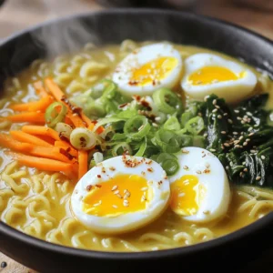 - 2 packs of instant ramen noodles - 4 cups vegetable broth - 1 cup coconut milk - 2 tablespoons gochujang (Korean chili paste) - 1 tablespoon soy sauce - 1 tablespoon sesame oil - 1 tablespoon minced garlic - 1 teaspoon grated ginger - 1 medium carrot, julienned - 1 cup baby spinach - 2 green onions, sliced - 2 eggs (optional) - Sesame seeds for garnish - Chili flakes for extra heat (optional) This dish shines due to its blend of rich flavors and creamy texture. The instant ramen noodles serve as the base. They cook quickly and soak up all the tasty broth. The vegetable broth brings depth and warmth. Coconut milk adds a creamy, sweet note that balances the spice. Gochujang is the star here. It gives the ramen a rich heat that you can adjust. Soy sauce adds a savory touch, while sesame oil brings a hint of nuttiness. Fresh garlic and ginger provide a fragrant kick. The carrots add sweetness and crunch, while spinach adds color and nutrition. Toppings like green onions, eggs, and sesame seeds bring brightness and texture. For a complete experience, check out the Full Recipe to explore the steps and variations. To make your creamy Korean spicy ramen, start with the broth. Heat sesame oil in a large pot over medium heat. Add minced garlic and grated ginger. Sauté them for about one minute until they smell great. Next, pour in four cups of vegetable broth. Bring it to a simmer. This broth will be the heart of your ramen. Stir in two tablespoons of gochujang and one tablespoon of soy sauce. Mix well until the gochujang dissolves fully. Now, add one cup of coconut milk to the pot. This makes the soup creamy and rich. You can taste it now and add more gochujang for extra heat if you want. While the broth simmers, it's time to cook the noodles. Place two packs of instant ramen noodles into the pot. Cook them according to the package instructions, usually around three to four minutes. Once the noodles are almost done, it’s time to mix in the veggies. Add one medium carrot, julienned. Let it cook for about three to four minutes until it is slightly tender. Next, add one cup of baby spinach to the pot. Stir it until it wilts, which takes just a minute. This step adds color and nutrients to your ramen. For serving, divide the ramen into bowls. If you want, you can add soft-boiled eggs for extra richness. To make these, boil eggs in a separate pot for six to seven minutes. Then, place them in cold water to cool. Garnish your ramen with sliced green onions, sesame seeds, and chili flakes for more spice. This makes each bowl look beautiful and appetizing. Enjoy a warm bowl of creamy Korean spicy ramen that you made from scratch! For the complete recipe, check out [Full Recipe]. To make your ramen super creamy, use full-fat coconut milk. It gives a rich taste. You can also try light coconut milk for less fat. If you want it creamier, add more coconut milk. Start with a little and taste as you go. If the heat is too much, you can reduce it. Use less gochujang. You can also add a splash of coconut milk to cool it down. Try serving with plain rice or bread. These side dishes help tone down the spice. Sauté garlic and ginger in sesame oil first. This step brings out their flavors. Cook your noodles for just a few minutes. They should be soft but not mushy. Add vegetables like spinach at the end so they stay fresh. This keeps your ramen tasty and colorful. For more detailed instructions, check the Full Recipe. {{image_2}} You can easily change up the proteins in your ramen. For a plant-based option, use tofu. It soaks up flavors well. For meat lovers, shredded chicken or beef works great too. If you need gluten-free noodles, look for rice noodles or specific gluten-free ramen. These swaps keep the dish tasty while fitting your needs. To boost flavor, try adding miso paste. It brings a rich, savory taste. You can also explore different chili pastes, like sambal oelek, for a unique twist. Adding vegetables like mushrooms or bell peppers can add more texture and nutrients. Feel free to mix and match to find your perfect balance. Korean ramen varies by region, each with its own flair. For example, some areas prefer a spicier broth or unique toppings. You can also borrow ideas from other Asian cuisines. Adding Thai basil or lemongrass gives a fresh twist. Experiment with these flavors to create a dish that excites your taste buds. For the full recipe, check the link! To keep your creamy ramen fresh, store it in an airtight container. This prevents air from spoiling the dish. Place it in the fridge within two hours of cooking. It will stay good for up to three days. If you want to freeze it, separate the noodles from the broth. The noodles can become mushy when frozen with the broth. For best results, freeze the broth and noodles in separate bags. When reheating your ramen, avoid the microwave if possible. It can make the noodles tough. Instead, use a pot on the stove. Heat the broth gently, then add the noodles. Stir carefully to warm them without breaking. If using a microwave, heat in short bursts and stir often. For the broth, keep it covered to retain moisture. Cooked ramen lasts about three days in the fridge. Uncooked noodles can last for several months if stored in a cool, dry place. Always check for spoilage signs. If you see mold or an off smell, it's time to toss it. To ensure quality, keep your ingredients fresh and check packaging dates. For the full recipe, visit the link. You can use sriracha or chili paste. These add heat and flavor. Another option is red pepper flakes. Mix them with a little soy sauce for depth. If you want less spice, use sweet chili sauce instead. It gives a nice sweet kick without too much heat. Yes, you can easily make this ramen vegetarian or vegan. Use tofu or tempeh for protein. Both work well with the creamy broth. You can also add mushrooms for a nice texture. Swap the eggs for avocado or simply skip them. This keeps the dish light and plant-based. To lower the heat, use less gochujang. Start with one tablespoon and taste as you go. You can also add more coconut milk to balance the spice. Another trick is to serve with a side of plain rice. This helps tone down the overall heat while enjoying the ramen. In this blog post, we explored making creamy Korean spicy ramen. I covered key ingredients, like instant noodles, vegetable broth, and coconut milk. We discussed flavor enhancers, fresh additions, and tips for the perfect dish. Remember, adjusting spice levels and using the right cooking methods can elevate your ramen. Try different proteins and veggies to find your favorite combo. With proper storage and reheating techniques, you can enjoy this dish fresh or as leftovers. Embrace your creativity in the kitchen, and enjoy your flavorful creation!