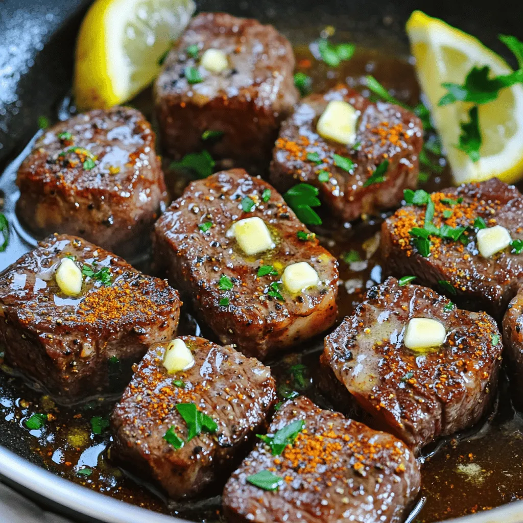 - 1 lb sirloin steak, cut into 1-inch cubes - 4 tablespoons unsalted butter - 4 cloves garlic, minced The main ingredients for Cajun Garlic Butter Steak Bites are simple yet effective. Sirloin steak gives you a juicy bite that cooks well. The unsalted butter adds richness and flavor. Garlic brings in a punch of aroma that elevates the dish. - 1 tablespoon Cajun seasoning - 1 teaspoon smoked paprika - Salt and pepper to taste Cajun seasoning gives these steak bites a bold kick. Smoked paprika adds depth and a subtle smokiness. Salt and pepper enhance all the flavors. It’s crucial to season well for a tasty outcome. - 2 tablespoons fresh parsley, chopped (for garnish) - Lemon wedges (for serving) Garnishing with fresh parsley adds color and freshness. Lemon wedges offer a bright touch when squeezed over the steak. These additions may not be necessary, but they make your meal even better. For the full recipe, check the detailed instructions on how to cook these delicious bites! First, take your sirloin steak and cut it into 1-inch cubes. This size helps it cook fast and evenly. Next, season the steak bites with Cajun seasoning, smoked paprika, salt, and pepper. Be sure to coat each piece well. This seasoning adds a rich flavor. You don't need to marinate the steak for long, but a short time can help the spices soak in. Now, heat a large skillet over medium-high heat. Melt 2 tablespoons of butter in the skillet until it sizzles. This step is key for a great sear. When the butter is hot, add the seasoned steak cubes. Cook them for about 2-3 minutes on each side for medium-rare. If you want them more done, cook a bit longer. Avoid overcrowding the pan, as this can lead to steaming instead of searing. If you have a lot of steak, work in batches. Once the steak bites are cooked, remove them from the skillet and set them aside. Lower the heat to medium and add the remaining butter and minced garlic to the same skillet. Sauté the garlic for about 1 minute until it is fragrant but not burnt. Now, return the steak bites to the skillet. Toss them in the garlic butter mixture for 1-2 minutes. This step ensures the steak stays tender and flavorful. Serve hot, and feel free to garnish with fresh parsley. For a zesty touch, add lemon wedges on the side. Enjoy your Cajun Garlic Butter Steak Bites! You can find the Full Recipe for more detailed instructions. When making steak bites, choose cuts like sirloin, ribeye, or tenderloin. Sirloin is a great choice because it is tender and flavorful. Look for marbling in the meat. Marbling is the fat that runs through the steak. This fat keeps the meat juicy and adds flavor. A well-marbled sirloin will give you the best bite. To get a perfect sear, heat your skillet until it's very hot. Use a little butter for flavor, but don’t let it burn. Once the skillet is hot, add the steak bites in a single layer. Don’t overcrowd the pan; this leads to steaming, not searing. Cook each side for about 2-3 minutes to get that nice brown crust. Managing heat is key. If your skillet gets too hot, it can burn the outside of the meat before it cooks inside. Lower the heat if needed. You want a nice balance to ensure your steak bites cook evenly. Cajun garlic butter steak bites pair well with several sides. Try serving them with rice, potatoes, or a fresh salad. For sauces, a creamy ranch or spicy aioli works great. Presentation matters too! Arrange the steak bites on a plate, then sprinkle with fresh parsley for color. You can add lemon wedges for a fresh twist. For more details on the recipe, check out the Full Recipe. {{image_2}} You can easily change the spice level in your Cajun garlic butter steak bites. To make them hotter, just add more Cajun seasoning. Start with an extra half teaspoon and taste as you go. If you want a milder flavor, use less seasoning. You can also create your own Cajun blend. Mix paprika, cayenne, garlic powder, and onion powder. This way, you can control the heat and flavor to suit your taste. Making a homemade mix can be fun and allows you to personalize your dish. You have options for cooking these steak bites. The skillet method gives a nice sear and flavor. But grilling adds a smoky taste that many love. If you choose to grill, make sure to preheat the grill well. Cook the steak bites for about 2-3 minutes on each side. Oven-roasting is another great choice. It allows for even cooking and a different flavor. Preheat your oven to 400°F. Spread the seasoned steak bites on a baking sheet and roast for about 10-12 minutes. This method can give you a nice crust without much fuss. For those looking for low-carb or keto options, this recipe can fit right in. Use a lean cut of steak and skip any bread. You can enjoy the rich flavors without the carbs. If you prefer a vegan or vegetarian option, try using mushrooms. Portobello or shiitake mushrooms can work well as a substitute. Cut them into bite-sized pieces, and follow the same steps in the recipe. You’ll get a hearty dish that’s packed with flavor. For the full recipe, check out the details to get started on your delicious meal! To keep your Cajun garlic butter steak bites fresh, follow these steps. First, let them cool down to room temperature. This helps prevent moisture build-up in the container. Next, store leftovers in an airtight container. Glass or plastic containers work best. Make sure the lid seals tightly. When you're ready to enjoy your leftovers, reheat them carefully. The best way is to use a skillet. Heat the skillet over medium heat. Add a little butter to keep the steak moist. Heat the steak bites for about 5 minutes. Stir often to avoid burning. You can also use a microwave, but be cautious. Heat in short bursts of 30 seconds, checking to keep them tender. Yes, you can freeze Cajun garlic butter steak bites! To do this, place them in a freezer-safe bag. Remove as much air as possible before sealing. They can last up to three months in the freezer. When you're ready to eat, thaw them in the fridge overnight. Then, reheat in the skillet using the same method mentioned above. This helps keep the flavor and texture intact. The best serving temperature for steak bites is around 130°F to 140°F. This range keeps the meat juicy and flavorful. If steak bites get too cold, they lose taste and texture. Serve them right after cooking for the best experience. Yes, you can use other oils. Olive oil and ghee work well. Olive oil adds a nice touch of flavor. Ghee offers a rich taste and is great for high heat. Both keep your steak bites tasty and cooked to perfection. You can store leftovers for up to three days. Place them in an airtight container in the fridge. Always ensure they cool down before sealing. Reheat gently to keep the flavors and texture intact. These steak bites pair well with many sides. Try mashed potatoes for creaminess or a fresh salad for crunch. Rice or crusty bread also complements the dish nicely. Choose sides that balance the rich flavors of the steak. To explore more detailed instructions, check out the Full Recipe for Cajun Garlic Butter Steak Bites. You'll find all the steps to create this delicious meal! In this blog post, we've covered everything you need for Cajun Garlic Butter Steak Bites. We talked about the key ingredients, step-by-step cooking methods, and various tips to perfect your dish. Remember, choosing the right steak and managing heat are crucial for the best results. Consider variations to suit your needs and keep leftovers fresh for later. As you cook, have fun and add your twist. Enjoy these flavorful bites, and impress your guests with your cooking skills!