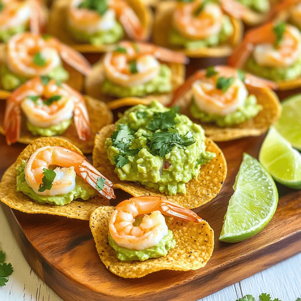 - 1 pound small shrimp, peeled and deveined - 1 tablespoon olive oil - 1 teaspoon garlic powder - 1 teaspoon paprika - 1 avocado, ripe - 1 lime, juiced - 1 small red onion, finely diced - 1 small jalapeño, minced (optional) - Salt and pepper to taste - 12 mini tortilla chips or cucumber slices for serving - Fresh cilantro, chopped (for garnish) Gathering the right ingredients is key to making these shrimp and guacamole appetizers shine. Start with fresh, small shrimp. They cook quickly and taste great. Then, grab some olive oil to help with cooking. Garlic powder and paprika add a nice kick. Next, pick a ripe avocado. It should feel soft but not mushy. A lime gives a fresh zing. A small red onion adds crunch and sweetness. If you like a bit of heat, include a jalapeño, but it's okay to skip it. Don’t forget salt and pepper for seasoning. For serving, you can use mini tortilla chips or crunchy cucumber slices. They provide a great base for the shrimp and guacamole. Finally, fresh cilantro adds a bright touch. Finding the best ingredients makes this dish tasty and fun. You can find the full recipe [here](#). To make the shrimp, heat one tablespoon of olive oil in a medium pan over medium heat. Once the oil is hot, add one pound of peeled and deveined shrimp. Sprinkle one teaspoon of garlic powder, one teaspoon of paprika, and salt and pepper to taste over the shrimp. Cook them for about two to three minutes on each side. You want them to turn pink and opaque. When they are done, take them off the heat and set them aside. Next, we need to prepare the guacamole. Take one ripe avocado and place it in a bowl. Use a fork to mash it until it’s creamy. Add the juice of one lime, one small finely diced red onion, and one minced jalapeño if you like some heat. Season with salt and pepper. Mix everything well until it’s smooth and tasty. Now it’s time to put everything together. On each mini tortilla chip or cucumber slice, place a generous dollop of guacamole. Then, top each piece with a cooked shrimp. For a pretty finish, sprinkle fresh chopped cilantro over the top. For serving, arrange the appetizers on a nice platter. You can add lime wedges on the side for a pop of color and a hint of freshness. This step makes your dish look even more inviting! Find the full recipe [here]. To cook shrimp well, you must avoid overcooking. Overcooked shrimp turn tough and rubbery. Cook shrimp for just 2-3 minutes on each side. Watch for their color change to pink and opaque. This is your cue to remove them from heat. You can enhance flavors by adding spices like garlic powder and paprika, as listed in the Full Recipe. For smooth guacamole, start with a ripe avocado. Mash it with a fork until creamy. Mix in lime juice, diced red onion, and jalapeño if you like spice. This mix gives your guacamole a fresh taste. To prevent browning, squeeze extra lime juice on top. Cover the guacamole tightly with plastic wrap, pressing it to remove air. When plating, arrange your shrimp and guacamole on a colorful platter. Use mini tortilla chips or cucumber slices as a base. For visual appeal, sprinkle fresh cilantro on top. You can serve these with lime wedges for added freshness. For beverages, pair with a light beer or a crisp white wine. This will accentuate the flavors of your shrimp and guacamole bites. {{image_2}} You can switch shrimp for other proteins. Chicken or crab works well too. You can also use tofu for a vegetarian option. For toppings, try diced mango or pineapple. These fruits add a sweet twist to your guacamole. Guacamole can change too. Add diced tomatoes for a fresh taste. You might enjoy adding garlic or cumin for a unique flavor. If you love spice, mix in some hot sauce or diced chili peppers. This recipe is gluten-free. Just make sure your tortilla chips are gluten-free too. For a vegan dish, skip the shrimp. Use chickpeas or black beans instead. They add protein and stay creamy with guacamole. You can serve these as bite-sized snacks. Arrange them on a platter for sharing. This style makes it easy for guests to grab one. You can also use cucumber slices instead of chips. It gives a fresh crunch and is low in carbs. For a fun twist, use small pieces of bread as a base. This adds a different texture and flavor. No matter how you serve these shrimp and guacamole bites, they will impress your guests. Check the Full Recipe to create your version today! To store shrimp and guacamole, keep them in separate airtight containers. This way, the guacamole stays fresh. Use a layer of plastic wrap over the guacamole to reduce air exposure. For shrimp, let them cool before sealing. To reheat shrimp without losing flavor, warm them in a pan over low heat. This keeps them juicy and tasty. To keep guacamole green, add lime juice right after making it. The acid helps slow browning. You can also press plastic wrap onto the guacamole's surface before sealing. For storing in the fridge, use it within two days for the best taste. If you choose to freeze it, use a freezer-safe container. Guacamole can last up to three months in the freezer, but the texture may change. I recommend eating these appetizers within 24 hours for the best flavor. If you store them properly, shrimp can last up to three days in the fridge. Look for signs of spoilage like a sour smell or slimy texture. If you see these signs, it’s best to throw it away. Enjoy your shrimp and guacamole bites fresh for a delightful experience! For this recipe, I recommend using small shrimp. They cook quickly and fit well on chips. Look for shrimp that are peeled and deveined for ease. You can also use medium shrimp if you prefer a bigger bite. Just cook them a bit longer. Sautéing works best, but grilling adds a nice smoky flavor. To prep ahead, cook the shrimp and make the guacamole in advance. Store the shrimp in an airtight container in the fridge for up to two days. For the guacamole, press plastic wrap directly against the surface to avoid browning. This way, both components stay fresh. Assemble the appetizers right before serving for the best taste and texture. Yes, you can serve these appetizers at room temperature. However, they taste best when they are fresh. If you make them ahead, chill them in the fridge and take them out 15 minutes before serving. This allows the flavors to pop. Just avoid leaving them out too long to ensure safety and taste. This blog post shared an easy shrimp and guacamole recipe. We discussed key ingredients, steps for cooking, and tips for perfecting your dish. You learned about adjustments for dietary needs and how to store leftovers. Keep these ideas in mind for your next gathering. Enjoy your tasty, fresh appetizers while impressing your friends and family. Happy cooking!