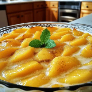 - 4 ripe peaches, pitted and sliced - 2 cups whole milk - 1/2 cup granulated sugar - 3 large eggs - 1 teaspoon vanilla extract - 3 tablespoons cornstarch - 1/4 teaspoon ground cinnamon - A pinch of salt - Fresh mint leaves for garnish (optional) - Medium saucepan - Mixing bowl - Whisk - 8x8-inch baking dish Choosing ripe peaches Ripe peaches are key for this dessert. Look for peaches that feel soft when you gently squeeze them. They should have a sweet smell and a rich color. Avoid any with bruises or dark spots. Fresh vs. canned peaches Fresh peaches offer the best taste and texture. However, canned peaches can work in a pinch. Just drain them well before using. The flavor may differ, but they are still a good option. For the best results and to make this Easy Peach Custard Dessert shine, always try to use ripe, fresh peaches. The full recipe guides you through the steps to create this delightful treat. First, set your oven to 350°F (175°C). This is the perfect temperature for baking custard. Next, grease an 8x8-inch baking dish. You can use butter or a non-stick spray. This step keeps the custard from sticking, making it easier to serve. Heat 2 cups of whole milk in a medium saucepan. Use medium heat until the milk is steaming, but do not let it boil. Remove the saucepan from the heat. In a mixing bowl, whisk together 3 large eggs and 1/2 cup of granulated sugar. Mix until it looks frothy. Slowly add the warm milk to the egg mixture. Keep whisking. This process is called tempering, which helps prevent the eggs from scrambling. Stir in 3 tablespoons of cornstarch, 1 teaspoon of vanilla extract, 1/4 teaspoon of ground cinnamon, and a pinch of salt. Make sure everything is mixed well and smooth. Now, layer the peaches in the greased baking dish. Use 4 ripe peaches that you have pitted and sliced. Spread them evenly on the bottom. Next, pour the custard mixture over the peaches. Make sure all the peaches are covered. Bake the dish in your preheated oven for 30-35 minutes. The custard should be set and lightly golden on top. Enjoy making this simple yet special treat! Tempering eggs is key for perfect custard. This step gently warms the eggs. It helps prevent them from scrambling. To temper, slowly add warm milk to the beaten eggs while whisking. This method keeps your custard smooth. To check if your custard is set, gently shake the dish. If it jiggles slightly in the center, it's ready. You can also insert a knife. If it comes out clean, your custard is done. Warm custard offers a cozy treat. Chilled custard feels refreshing, especially on hot days. Try serving it warm with a scoop of ice cream. Or enjoy it chilled with whipped cream. Both options delight the taste buds! For garnishing, use fresh mint leaves. They add a nice color and flavor. A light dusting of cinnamon also looks great. It makes your dessert pop even more. You can add spices like nutmeg for extra warmth. A pinch blends well with the peach flavor. Consider mixing in other fruits too. Berries or apples can add new tastes. They make your peach custard even more special. Explore the [Full Recipe] for more details on making this delightful dessert! {{image_2}} You can switch up the fruit in this dessert. Fresh berries like blueberries or raspberries work great. They add a nice tart flavor that mixes well with the creamy custard. Apples also make a tasty choice. Just slice them thin and layer them in the dish. You can even combine different fruits. Mixing peaches with berries can create a colorful and fruity treat. If you need a dairy-free version, use almond or coconut milk instead of whole milk. These options taste great and still keep the custard creamy. For those watching sugar, try cutting the sugar in half. You can also use a sugar substitute like stevia or monk fruit for a lower-calorie treat. Both adjustments help you enjoy this dessert while fitting your diet. Want to save time? You can use a slow cooker. Pour your custard mixture and peaches in the cooker and set it on low for a few hours. This method makes the custard soft and creamy. If you’re in a hurry, try the microwave. Pour the mixture into a microwave-safe dish and cook it in short bursts. Check it often to avoid overcooking. You can find the full recipe to try these methods at home. To store leftovers, let the peach custard dessert cool first. Then, cover it tightly with plastic wrap or transfer it to an airtight container. This helps keep it fresh. You can store it in the fridge for up to three days. Glass containers work well for storage. They don’t absorb odors and are easy to clean. Yes, you can freeze peach custard dessert! Just make sure it is completely cool. Cut it into portions for easier defrosting. Wrap each piece in plastic wrap and then in aluminum foil. This extra layer helps prevent freezer burn. When you’re ready to eat, thaw it overnight in the fridge. To reheat, place the custard in the oven at 350°F (175°C) for about 15 minutes. For the best quality, use leftovers within three days if refrigerated. If frozen, aim to eat it within two months for the best taste. Over time, the texture may change. It might not taste as fresh after a long freeze. Enjoy your peach custard dessert while it is still creamy and delicious! To know if your custard is done, look for a few key signs. First, it should be set in the middle. You can gently shake the dish. If the center jiggles slightly but not too much, it's ready. The top should have a light golden color. This shows that it has baked well. If you insert a knife, it should come out clean. If it’s wet, bake it a bit longer. Yes, you can use frozen peaches. However, they may change the texture a bit. Frozen peaches often become softer when cooked. This can make your custard less firm. The flavor might also be less fresh than ripe peaches. If you use frozen ones, let them thaw and drain excess water. This step helps keep your custard from being too watery. Making this dessert ahead is simple. You can prepare the custard and peaches a day in advance. Just follow the recipe until baking. Cover the dish and store it in the fridge. When you are ready, bake it as directed. The custard can sit in the fridge for up to two days. Just remember to let it cool before serving. No, it is not necessary to use whole milk. You can use other types of milk. Almond milk or oat milk works well too. Just know that the texture might change. Whole milk gives a creamier feel. If you choose a lower fat milk, the custard may be less rich but still tasty. You now know how to make a delicious peach custard dessert. We talked about the ingredients, key steps, and helpful tips. Choosing the right peaches is crucial for taste. Remember, you can customize this dessert with other fruits or methods. Store leftovers in the fridge or freeze them for later. Enjoy making and sharing this treat with friends and family. Your kitchen is now ready for a fun and tasty adventure!