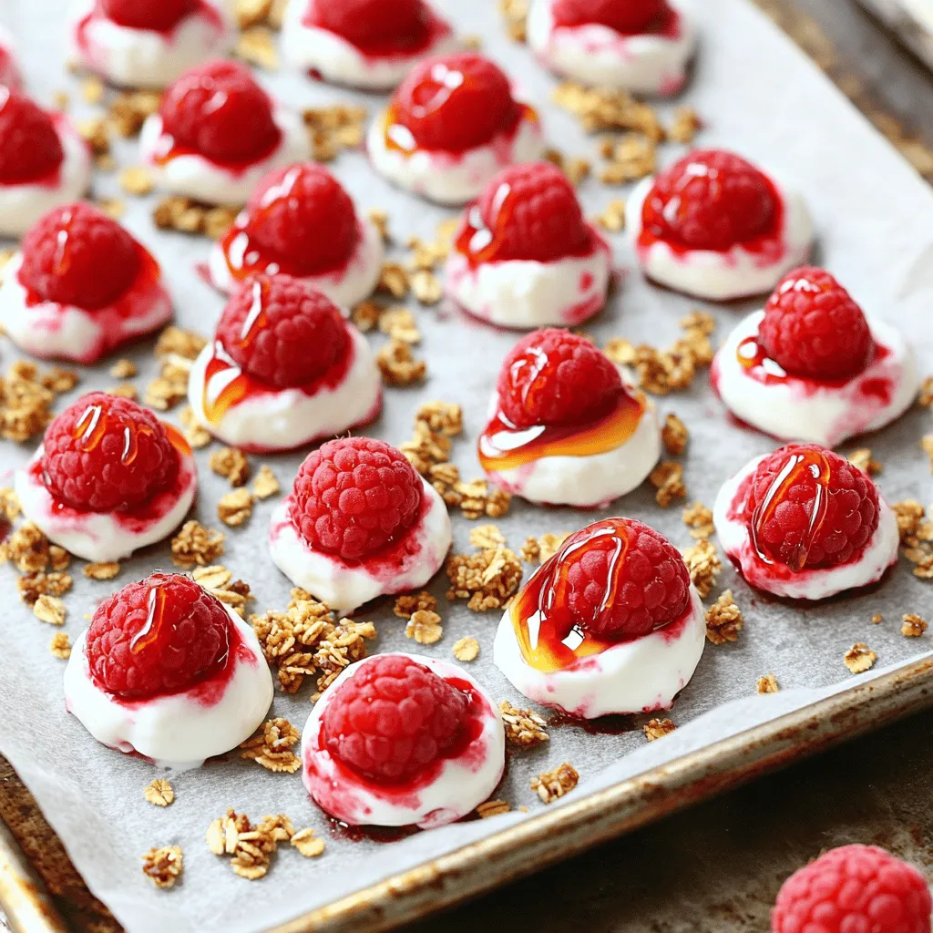 To make Raspberry Yogurt Clusters, you need just a few fresh ingredients. Here’s what you’ll need: - 2 cups fresh raspberries - 1 cup Greek yogurt (plain or vanilla) - 2 tablespoons honey or maple syrup - 1 teaspoon vanilla extract - Pinch of salt These ingredients create a tasty and healthy snack. Fresh raspberries give a burst of flavor and nutrients. Greek yogurt adds creaminess and protein, while honey or maple syrup provides sweetness. The vanilla extract adds a lovely aroma, and the salt enhances all the flavors. You can also add a few extras to make these clusters even better. Consider these optional ingredients: - 1/4 cup granola for crunch - Chopped nuts or seeds for added texture - Dark chocolate chips for a sweet twist Granola gives a nice crunch. Nuts add healthy fats and extra protein. Chocolate chips can satisfy your sweet tooth while still keeping it fun. Let’s look at the health benefits of the main ingredients: - Raspberries: These berries are low in calories and high in fiber. They are rich in vitamins C and K, which boost your immune system and help with bone health. - Greek Yogurt: Packed with protein, Greek yogurt helps with muscle growth and keeps you full longer. It also has probiotics, which are good for gut health. - Honey or Maple Syrup: While they add sweetness, these natural sweeteners also contain antioxidants. They can help reduce inflammation in the body. Using these ingredients gives you a snack that is not only delicious but also good for you. For the full recipe, check the earlier section. First, take 2 cups of fresh raspberries. Rinse them gently under cold water. Be careful not to crush them. Use a paper towel to pat them dry. This helps keep the yogurt stick better. Set the raspberries aside for later. Next, grab a medium bowl. Add 1 cup of Greek yogurt, either plain or vanilla. Then, mix in 2 tablespoons of honey or maple syrup. This adds a nice sweetness. Add 1 teaspoon of vanilla extract for flavor. Finally, sprinkle in a pinch of salt. Stir the mixture until it is smooth and creamy. Now, it's time to coat the raspberries. Take a raspberry and dip it into the yogurt mixture. Make sure it is fully covered. Use a fork to lift it out. Let any extra yogurt drip off. Place the coated raspberry on a parchment-lined baking sheet. Repeat this for all raspberries. If you want, you can sprinkle 1/4 cup of granola on top for extra crunch. Once done, put the baking sheet in the freezer. Freeze the clusters for at least 2-3 hours, or until they are hard. When ready, remove them from the freezer. Let them sit for about 5 minutes before serving. Enjoy your tasty frozen snack! For the full recipe, check the details above. To get a nice coat on your raspberries, use thick yogurt. Greek yogurt works best. Dip each raspberry carefully in the yogurt. Make sure it gets fully covered. Use a fork to lift it out. This helps shake off extra yogurt. The thicker coating will freeze better and taste creamier. When freezing, keep the clusters spaced out. Place them on a parchment-lined sheet. This prevents them from sticking together. Freeze them for at least 2-3 hours. If you want them ready quickly, put them in the back of the freezer. This area stays the coldest and helps them freeze faster. You can add more flavor to your clusters easily. Try mixing in spices like cinnamon or nutmeg into the yogurt. You can also add zest from a lemon or lime. This gives a fresh kick that pairs well with raspberries. If you like crunch, sprinkle some granola on top before freezing. This adds texture and taste to every bite. For a fun twist, consider adding mini chocolate chips or nuts for extra flavor. {{image_2}} You can make a dairy-free version of raspberry yogurt clusters. Instead of Greek yogurt, use coconut yogurt or almond yogurt. These options work well with the other ingredients. The taste remains smooth and creamy. Just follow the same steps in the full recipe. This keeps your snack tasty and friendly for those with dairy allergies. Raspberries are great, but you can try other fruits too. Strawberries, blueberries, or blackberries are all good choices. Just make sure the fruit is fresh and ripe. You can also change the toppings. Instead of granola, try nuts or seeds for crunch. Chopped dark chocolate adds a fun twist. Each fruit and topping gives a new flavor to your clusters. You can play with flavors to make your clusters unique. Add a dash of cinnamon to the yogurt for warmth. For a fruity kick, mix in a spoon of lemon zest. You could even try adding a little peanut butter for richness. These small changes can create new taste experiences. Enjoy discovering what combinations you love most! To store your frozen raspberry yogurt clusters, place them in an airtight container. Ensure there is no extra air in the container. This step helps keep them fresh and tasty. You can also use a freezer-safe bag. Just make sure to remove as much air as possible. Label the container with the date to help you remember when you made them. Frozen raspberry yogurt clusters can last in the freezer for up to three months. After this time, they may lose some flavor and texture. To keep them fresh, avoid placing them near strong-smelling foods in the freezer. This helps prevent any unwanted flavors from mixing. Always check for ice crystals or freezer burn before eating. If you see these signs, it’s best to throw the clusters away. You do not need to reheat raspberry yogurt clusters. They are best enjoyed straight from the freezer. However, if you want a softer texture, let them sit at room temperature for about five minutes before eating. This simple step makes them easier to enjoy without losing their delicious taste. Yes, you can use frozen raspberries. They work well in this recipe. Just thaw them first. Thawing helps to prevent excess water from making the yogurt too runny. Be gentle when handling thawed raspberries to avoid squishing them. Greek yogurt is the best choice for this recipe. It is thick and creamy, giving the clusters a nice texture. You can also use plain or vanilla yogurt. Both options add a tasty flavor that pairs well with raspberries. You can keep the clusters in the freezer for up to three months. Make sure to store them in an airtight container. This will help keep them fresh and prevent freezer burn. Yes, Raspberry Yogurt Clusters are a healthy snack. They are low in calories and high in nutrients. Raspberries are full of vitamins and fiber. Greek yogurt adds protein and probiotics, which are good for your gut. Absolutely, you can add protein powder! Just mix in a scoop when you combine the yogurt with the other ingredients. This will boost the protein content and keep you feeling full longer. Adjust the sweetness if needed, as some protein powders may be sweet. Check the [Full Recipe] for more details. Raspberry yogurt clusters are easy to make and fun to eat. You learned about the main ingredients, preparation steps, and helpful tips. We discussed variations like dairy-free options and ways to store them for later. Remember, you can customize these clusters with your favorite flavors. Just keep your ingredients fresh and follow the steps closely for the best results. Enjoy making tasty snacks that are healthy, quick, and satisfying!